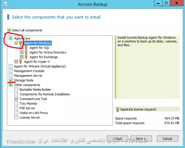 Backup Storage node چیست؟؟؟ یک سرور مرکزی می باشد که مدیریت Vaults ها که بر روی Resourceهای مختلفی پیاده سازی شده است را بر عهده میگیرد وبرای سازمانهای enterprise با داده های وسیع طراحی شده و قابلیتهای بیشتری نسبت به روشهای قبلی برای ما فراهم میکند.یکی از عملکردهای مهم Backup storage node قابلیت deduplication می باشد که اطلاعات مساوی یا یک نوع یا به اصطلاح دیگر یک جور را یک بار در این استورج ذخیره می کند که باعث بهیه سازی پهنای باند و فضای ذخیره سازی می شود.*Vaults Path های که برای Backup storage node استفاده می شود:*
||http://tosinso.com/files/get/7f4364d4-260a-4be1-9150-a4634a013034||

وقتی شما Backupی را بصورت Unmanaged ایجاد کنید تهیه ، نگهداری و  Cleanup دیسک بر عهده خود Agent می باشد که باعث مصرف بیهوده CPU و پهنای باند می شود ولی اگر این وظیفه را بر عهده Backup Storage Node واگذار کنید همه این Taskها در یک جای متمرکز توسط BSN انجام می شود. شما فرض کنید یک Backup Plane را بصورت Schedule بر روی یک Managed machine  ایجاد کرده اید بعد از مدتی پروسه Cleanup برای کاهش حجم هارد دیسک وارد عمل شود و اگر آن زمان آن Managed machine خاموش باشد چه اتفاقاتی در سازمان (بصورت وسیع این پروسه بر روی چندین سرور یا کلاینت تکرار شود) می افتد؟؟؟؟ 
بخاطر همین امر Acronis بدشدت توصیه می کند از BSN استفاده کنید.
استفاده از Managed vault (BSN) دو مزیت دارد:
•	Deduplication
•	Encryption
قابلیت اول را اول این فایل آموزشی بصورت مختصر توضیح دادم و ادامه به مکانیزم این روش بصورت مفصل می پردازیم. ولی قابلیت Encryption باعث رمزگذاری شدن اطلاعات ذخیره شده در Managed vault می شود تا افراد غیر مجاز به اطلاعات حساس سازمان دسترسی نداشته باشند.
! Getting Started with Backup Storage Node
--
پیشنیازهای استفاده از BSN:
•	Management Server
•	Management Console
•	Acronis Backup Advanced file setup
•	سیستم عاملهای وسخت افزارهای مناسب برای نصب این سرویس که در قسمت اول همین اموزش بصورت کامل ذکر گردید.
من برای اینکار یک Win server 2012 R2 نصب و آن را جوین به دومین کردم و و یک RAID-5 برای ذخیره کرده اطلاعات ایجاد کردم و قصد نصب این سرویس را دارم:
برای اینکار فایل Setup برنامه را اجرا می کنم مراحل مربوطه را Next و به صفحه زیر می رسیم که گذینه :
||http://tosinso.com/files/get/f5ac6392-badc-4d67-902e-19de9067f57b||
را انتخاب و Next
||http://tosinso.com/files/get/83a72d8f-9aab-41e7-a872-2c6a37a773ef||
اجزای بالا بصورت پیش فرض انتخاب می شوند. اگر قصد Backup گرفتن از اطلاعات سرور بالا را دارید Agent for Windows  را هم تیک بزنید.
||http://tosinso.com/files/get/aa163233-c311-4812-b1e0-fa716175c397||
یک Account برای اجرای سرویسهای Agent for Windows and Backup Storage node ایجاد یا انتخاب کنید.
نکته: این Account باید عضو دو گروه  Backup Operators and Administrators باشد.
||http://tosinso.com/files/get/6700cc90-6ab7-44bf-bc2c-70953c8dab30||
از شما می خواد که BSN را عضو Management Server کنید. برای اینکار User and pass ی که مجوز اینکار را بر روی Management Server را دارد وارد کنید.
||http://tosinso.com/files/get/31515b92-d69e-470a-9866-8539b2a1847c||
کادر بالا را هم قبلا توضیح دادم. قسمت اول همین اموزش را بخوانید.
در آخر هم Install و Finish
در آخر باید یک Vault به روش Managed در Management Server ایجاد کنید و BSN را معرفی کنید. برای اینکار به ABA وصل و به قسمت Vaults بروید و یک Vault بصورت Centralized ایجاد کنید
||http://tosinso.com/files/get/55ca68a0-7256-4c50-a698-d38ec88d2c46||
گذینه Createرا کلیک کنید
||http://tosinso.com/files/get/e05ecd12-c89c-4b66-9ec8-87da886487c6||
# یک اسم برای این استورج بنویسید.
# توضیحات.
# نوع آن.که باید Managed باشد.
# سرور BSN را انتخاب میکنید.
# فعال و غیرفعال کردن قابلیت Deduplication
# فعال کردن قابلیت Encryption. در ضورت فعال یک string value به آن دهید. که طبق این کد داده ها را رمزگذاری کند.
# مسیر ذخیره سازی اطلاعات.که طبق سناریو بر روی Local Disksهای BSN که بصورت RAID-5 ایجاد شده.
# مسیر دیتابیس Catalog. این دیتابیس شامل اطلاعات catalog index می باشد.
# این قابلیت را بعدا توضیح می دهم.
# Userهای که مجوز مدیریتی بر روی این استورج داشته باشند را انتخاب میکنیم. و همچنین Userهای که بتوانند داده های خود را مدیریت کنند. 
در آخر OK کنید.
||http://tosinso.com/files/get/fffb714b-1c9c-4048-9fdc-ee45b5e1a8ae||
شما همچنین می توانید این سرور را از طریق Storage Node مدیریت کنید:
||http://tosinso.com/files/get/45e6f622-22c0-47fe-8cc5-0ebbd5e6234f||
! Deduplication
--
این قابلیت باعث عدم ذخیره فایلهای تکرای بر روی BSN می شود. این فناوری باعث صرفه جوی در فضای هارد دیسک بوسیله حذف فایلهای تکراری و بهیه سازی پهنای باند می شود، در هنگام Backup گیری اگر Agent متوجه شود که این فایل قبلا در BSN ذخیره شده است از بک آپ گیری آن فایل صرفه نظر می کند.
شما می توانید این قابلیت را بر روی Vaultهای Managed پیاده سازی کنید.  به Vaultی که Deduplication  می باشد deduplicating vault گفته می شود
اساس کار Deduplication  بصورت Block می باشد (یعنی فایلهای را بصورت بسته های به نام Block تقسیم بندی می کند) اگر شما backupی از نوع Disk-Level داشته باشید اطلاعات شما به blockهای 4 KB دسته بندی می شود و برای File-Level از 1 B تا 256 KB دسته بندی می کند. اگر فایلی بزرگتری از 256 KB باشد فایل را به قسمت های 256 KB تقسیم می کند.
Acronis به دو صورت deduplication را انجام می دهد:
<ltr>
•	Deduplication at source
•	Deduplication at target
<ltr>

  Deduplication at source: این نوع بر روی Managed Machine انجام می شود. Agent با استفاده از BSN تعیین می کند چه اطلاعاتی را می تواند Deduplication کند تا مانع انتقال این اطلاعات شود.
Deduplication at target: این نوع بعد از Backup گیری کامل از ریسورس انجام می شود. BSN داده های بک آپ گرفته شده را آنلالیز می کند و داده های که Deduplication می شوند آنها را Deduplication میکند.
نکته: شما هنگام ایجاد Backup Plan Task می توانید تعیین کنید چه داده های را Deduplication کند.
! Deduplication database
--
Backup Storage Node این دیتابیس را ایجاد، تنظیم و نگهداری می کند. و همچنین دارای مقدار هش شده داده های Block شده ذخیره شده در این Vault می باشد به جزء اطلاعاتی که Deduplication نشده اند یا رمزگذاری شده اند.
Deduplication database در BSN ذخیره می شود.. و هنگام فعال کردن این قابلیت می توانید مسیر آن را مشخص کنید.

! How Deduplication works
--
# *Deduplication at source:* وقتی قراره داده های Backup گرفته شده به سوی یک Deduplication Database فرستاده بشه Agent اثر انگشت (hash value) داده های block را محاسبه می کند، بعد از محاسبه Agent یک Query سمت BSN ارسال میکند که آیا این مقدار Block قبلا در این Vault ذخیره شده یا نه؟؟؟ اگر قبلا ذخیره شده باشد Agent فقط مقدار hash شده را ارسال می کند و گرنه همان Block را ارسال می کند و BSN این داده را در یک temporary file ذخیره می کند. 
# *Deduplication at target:* وقتی مرحله Deduplication at source و Backup Plan به اتمام رسید BSN پروسه indexing activity را اجرا می کند. این پروسه اطلاعات را بصورت زیر Deduplication می کند:
•	برای محتویات temporary file مقدار هش را ایجاد می کند.
•	BSN مقدار هش و لینک بازسازی این Data Blockها را ایجاد و آنها را در فایلی به نام deduplication data store ذخیره می کند.
•	محتویات temporary file را حذف می کند.
در نتیجه بعد از Deduplication  فقط مقدار هش شده blockها ذخیره می شود و از ذخیره کرده Block ها تکراری جلوگیری می کند. هر مقدار هش وblockهای منحصر بفرد دارای چندین لینک Reference مربوطه به چندین Backup Plan Task می باشد که جهت بازسازی انها بکار می رود.
||Deduplication ::http://tosinso.com/files/get/2d65cc70-e055-4690-97c2-bf0316a76b4f||
در مواقعی که اطلاعات منحصر بفردی زیادی برای Backup گیری وجود داشت وBSN رم کافی نداشته باشد پروسه بک آپ fail می شود. 
نکته: حداقل RAMی که برای BSN توصیه شده 8 گیگ می باشد.
نکته: گاهی وقتا شما Backup Setهای را دستی یا در حین اجرای پروسه Cleanup پاک می شوند و blockهای باقی می مانند که به هیچ Backup setی تعلق نداشته باشد. این Blockها توسط  compacting task پاک می شوند. compacting task هر یکشنبه شب ساعت 3 اجرا می شود که شما می توانید این زمان بندی را بدلخوا تنظیم کنید.
||http://tosinso.com/files/get/1c91fb82-8469-4473-9e81-028f9c5750c1||
! Deduplication Limitation 
--
•	اگر Backupی بوسیله پسورد محافظت شده باشد. نمی توان آن را Deduplication کرد.
•	اگر cluster size or block size یک Volume بخش پذیری از 4 KB نباشد.
•	فایلهای رمز گذاری شده را نمی توان Deduplication کرد.
! Create Deduplication Database
--
برای ایجاد این دیتابیس در Managed vault کافیه گذینه زیر را فعال کنید و مسیر  Deduplication Database را مشخص کنید.
||http://tosinso.com/files/get/5dec2066-a3de-4ab7-bacc-840408ba01bd||
||http://tosinso.com/files/get/433f948c-2721-4f8b-97b4-64d530cc1fb6||
در آخر هم باید تذکر بدم که شما نمی توانید قابلیت Deduplication را بر روی سیستم عاملهای 32 bit پیاده سازی کنید. به هیچ وجه توصیه شده نسیت.
شما همچنین میتوانید قابلیت Deduplication را بر روی یکی از Volumeهای Windows Server 2012R2 پیاده سازی کنید.
<ltr>
Windows Server 2012 R2 Deduplication
<ltr>
<c#>
http://www.windowsnetworking.com/articles-tutorials/windows-server-2012/windows-server-2012-r2-deduplication.html
<c#>
در آموزش بعدی Acronis Secure Zone را آموزش میدهم.

موفق و پیروز باشید. 

نویسنده: احمد جهلولی 
منبع: |جزیره راهکارهای ذخیره سازی اطلاعات وب سایت توسینسو ::https://tosinso.com/virtualization|
نشر و کپی برداری، صرفاً با ذکر نام نویسنده و منبع مجاز می باشد. 