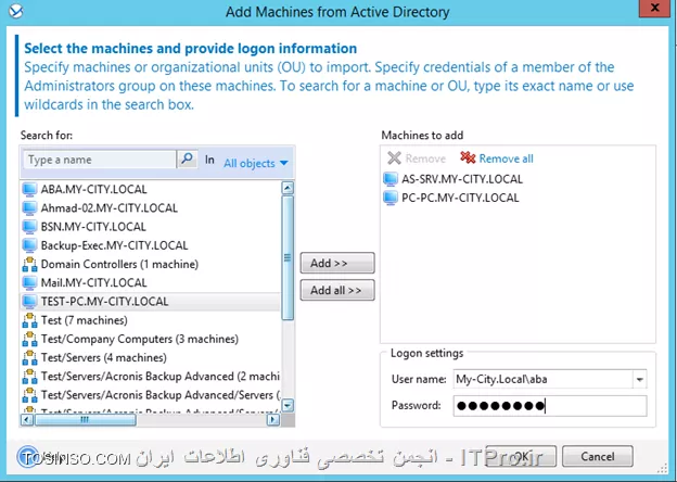 بعد از نصب و راه اندازی Acronis backup advanced و تعین جائی برای ذخیر سازی اطلاعات قدم بعدی Deploy کردن Agent بر روی Client/Serverها می باشد.
! قبل از شروع چند نکته را بخاطر بسپارید :
--
* گاهی وقتا UAC باعث عدم نصب Componentها از راه دور می شود. برای غلبه بر این مشکل بصورت موقت UAC را غیرفعال کنید.
* برای نصب Acronis Agent بر روی remote computer باید پورت 445 و 9876 و 25001  بر روی Firewall باز باشد. با فعال کردن  File and Printer Sharing پورت 445 بصورت اتومات بر روی Firewall باز می شود.
* قابلیت Use simple file sharing باید بر روی Windows XP and Windows server 2003 غیرفعال باشد.
* می توانید با استفاده از Group Policy پورت 25001 را بر روی همه firewallهای Client/Serverها بصورت exceptions باز کنید. از مسیر زیر استفاده کنید:
<ltr>
Administrative Templates -> Network -> Network Connections -> Windows Firewall -> Domain Profile -> Windows Firewall: Define inbound port exceptions
<ltr>
و پارامتر آن را بصورت زیر اضاف کنید:
<c#>
25001:tcp:*:enabled:Acronis remote install
9876:tcp:*:enabled:Acronis remote install
<c#>
||http://tosinso.com/files/get/9395539a-18ce-451e-8d6e-95f968a3ede9||
بعد از آماده سازی مراحل اولیه می توانید دست بکار شوید
بوسیله Console Management به Management Server وصل شوید و از منوی :
||http://tosinso.com/files/get/d83b2fd8-f3ae-4be7-8eb2-774ec24d817e||
گذینه بالا را انتخاب کنید
||http://tosinso.com/files/get/159ea00e-21ea-4fcb-9a4f-b8f0d6eda9d0||
گذینه های آن آسان می باشد و نیازی به تعریف نیست. طبق معمول من گذینه From Active Directory را کلیک و کامپیوترهای که می خواهم را اضافه می کنم.
||http://tosinso.com/files/get/83e053ce-9e54-49a7-b09e-c395f1d8e8fa||
نکته : برای اضافه کردن این دو باید اکانتی را انتخاب کنید که مجوز مدیریتی بر روی کامپیوترهای بالا را داشته باشد.
||http://tosinso.com/files/get/2793a366-9698-4469-a0a6-90da135a3b3a||
اینجا میگه چه Componentی می خواهید بر روی این کامپیوترها نصب کنید؟؟؟ که ما فقطagent for Windows  را انتخاب و Next
||http://tosinso.com/files/get/62d1e975-7361-4d69-8da7-1376c99537d1||
اینجا میگه باید یک License Server معرفی کنید. من همه این Componentها را بصورت آزمایشی نصب می کنم.
||http://tosinso.com/files/get/de768cbb-750e-48a1-955a-97b4640c7723||
همان بحث تکراری Machine account service می باشد که من یک User از پیش تعریف شده برای اینکار در نظر گرفتم. 
Next, next and Proceed
بعد از اتمام نصب باید کامپیوترها را به Management Server اضاف کنید (قائدتا بعد از نصب باید بصورت اتومات به سرور add بشن ولی این برنامه اینطوریه)
از منوی 
||http://tosinso.com/files/get/92696a1c-a71f-4625-b9da-45645f99157f||
را انتخاب و کامپیوترهای قبلی را دوباره انتخاب 
||http://tosinso.com/files/get/cc13c372-5966-4e98-8402-08380552ee2e||
||http://tosinso.com/files/get/e3a68b06-01a9-4f67-908c-132af5d04af6||
در انتهای این آموزش به این نکته هم اشاره کنم. وقتی شما قابلیت  Management Web-baseرا بر روی Management Server نصب و کانفیگ کرده باشید می توانید از هر جای شبکه با وارد کردن ادرس Management Server و پورت آن به Management Web-base وصل و Component مناسب را بر روی آن Client/Server نصب کنید:
||http://tosinso.com/files/get/e18940a6-08e6-4761-b6aa-97fbf1d0145e||
--
موفق و پیروز باشید 

نویسنده: احمد جهلولی 
منبع: |جزیره راهکارهای ذخیره سازی اطلاعات وب سایت توسینسو ::https://tosinso.com/virtualization|
نشر و کپی برداری، صرفاً با ذکر نام نویسنده و منبع مجاز می باشد. 
