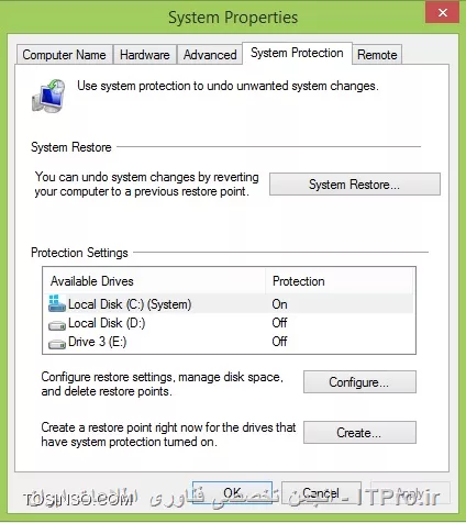 !! ُSystem Restore چیست ؟
--
System Restore به ما کمک می کند که تنظیمات فعلی سیستم عامل و فایل‌های سیستمی آن را به زمان گذشته بازگردانیم. این راهی است برای برگرداندن تغییرات سیستمی بدون ایجاد تغییرات بر روی فایل های شخصی مثل؛ E-mail, documents یا photos ، بعضی وقتها نصب یک برنامه یا یک درایور می تواند یک تغییر ناگهانی در کامپیوتر ایجاد کند یا اینکه به دلیل یک حرکت پیش بینی نشده ویندوز باشد.معمولا uninstall کردن یک برنامه یا یک درایور مشکل را رفع می کند. اگر uninstall کردن مشکل را رفع نکرد میتوانیم از روش بازگردانی ویندوز به زمان قبل، زمانی که همه چیز به درستی و بدون مشکل کار می کرد.System Restore از یک قابلیت استفاده می کند که به آن system protection گفته میشود که به طور منظم Restore point ایجاد و آن را ذخیره می کند. Restore point شامل اطلاعاتی درباره تنظیمات رجیستری و اطلاعات دیگر سیستم که ویندوز از آنها استفاده می کند. همچنین می توان Restore point  را به صورت دستی هم ساخت.

!! Restore Point  چیست؟
--
Restore Point یکی از اجزای System Restore می‌باشد. با ایجاد یک ریستور پوینت، اکثر داده‌ها، فایل‌ها و تنظیمات مهم سیستم عامل در زمان ساخته شدن، ذخیره شده و نگه داری می‌شود. درصورتی که بعدها سیستم عامل شما دچار اشکالاتی شد، می‌توانید از ریستور پوینتی که قبلا تهیه کرده اید، استفاده کنید و آن ریستور پوینت را برگردانید تا تنظیمات سیستم عامل به زمانی که ریستور پوینت را ایجاد کرده اید، تغییر یابد.Restore Pointها فایل‌های با پسوندهای خاص (مانند EXE، OCX و... ) و اطلاعاتی از قبیل موارد زیر را می‌تواند نگه داری می‌کنند:

* تمام داده‌های رجیستری
* پروفایل کاربر محلی (نه همه کاربران)
* تمام فایل‌های مربوط به Windows File Protection و Windows Resource Protection
* و موارد دیگر ...

توجه کنید که ممکن است برنامه‌های نصب شده (و در مواردی بسیار خاص، فایل‌های غیر سیستمی) در طی فرایند بازگردانی ریستور پوینت، از دست بروند.Restore Pointها فقط موارد خاصی از تنظیمات و فایل‌های سیستم عامل را نگه داری می‌کنند و فایل‌های شخصی شما قابل بازگردانی از طریق System Restore نیست.لازم است به این نکته توجه کنید که درصورتی که هیج Restore Pointای از قبل ایجاد نکرده باشید، نمی‌توانید تنظیمات سیستم عامل را به تنظیمات زمان گذشته تغییر دهید. قبل از تغییر هرگونه تنظیمات در سیستم عامل (که از نحوه عملکرد آن‌ها اطلاع نداشته باشید) بهتر است یک Restore Point ایجاد کنید.

!! بازگردانی ویندوز با System Restore
--
کلید‌های  win key + Qرا با یکدیگر فشار دهید تاsearch  یا بخش جستجوی ویندوز برای شما باز شود. در مستطیل سرچ ویندوز کلمه Recovery را تایپ کنید.

||http://tosinso.com/files/get/07cd6b2d-e1c3-49b9-9523-b44204bff3f9||

سپس با کلیک بر روی Recovery options  کلیک کنید به بخش بازیابی ویندوز هدایت خواهید شد. در صفحه‌ای که باز خواهد شد و شبیه به تصویر پایین است گزینه Open System Restore را انتخاب کنید. به صورت پیش‌فرض آخرین Restore Point به شما نشان داده خواهد شد. 

||http://tosinso.com/files/get/15a5b40f-1e53-48f5-86d9-61cab20583c6||

حال برای اینکه شما سیستم خود را به آخرین نقطه بازگشت بازگردانید، بر روی گزینه Next کلیک کنید .

||http://tosinso.com/files/get/5b7b9725-6c67-435c-86c5-3097c51c6ae0||

در پنجره بعدی لیست یک یا دو تا از آخرین restore pointها را به صورت پیش فرض نشان می دهد.

||http://tosinso.com/files/get/5d76cbc7-ef10-4817-ae4d-e52dc3a64e92||

با انتخاب گزینه Show more restore points می توانیم بقیه Restore pointها رو ببینیم. و هر کدام را که می خواهیم انتخاب کنیم. سپس بر روی Next کلیک می کنیم.

||http://tosinso.com/files/get/cf4a1f61-c116-40b5-99e5-9b19ea99434d||

با کلیک بر روی Scan for affected programs شما می توانید لیست برنامه ها و درایورهایی که پاک می شوند را در کادر بالا ببینیم.و همچنین در کادر پایین برنامه ها و درایورهایی که ممکن است بعد از restore به درستی کار نکنند و نیاز به نصب مجدد دارند را نشان می دهد.در مرحله آخر Finish  را انتخاب کنید.

||http://tosinso.com/files/get/4ba5eecd-dbf0-485d-ab71-56103c7abf43||

||http://tosinso.com/files/get/ac28365f-d9bd-4aef-ba82-c9da5dc78304||

!! روش ایجاد Restore Point
--
 اگر بخواهیم همین الان یا در هر زمان دلخواه به صورت دستی یک نقطه بازگشت بسازیم از این روش استفاده می‌کنیم:

1-با win key+ x منوی زیر باز می شود.

||http://tosinso.com/files/get/fd458697-a953-4a5e-9bc9-9b09dcdfc5ff||

2-روی گزینه system  کلیک می کنیم. پنجره System باز می شود.

||http://tosinso.com/files/get/adfd46ff-108f-4730-8b85-d906fff5f333||

3-روی System protection کلیک می کنیم.

||http://tosinso.com/files/get/84065e08-7dc3-47f4-ae50-d27167183d1b||

4-با انتخاب گزینه Create به صورت دستی می‌توانید نقطه بازگشتی دلخواه را برای سیستم خود بسازید. از شما درخواست خواهد شد تا نقطه بازگشت را  نام‌گذاری کنید تا در آینده به راحتی مورد شناسایی قرار گیرد. نام دلخواه و مناسبی را بنویسد و Create را کلیک کنید.

||http://tosinso.com/files/get/f81948ad-0228-497c-a172-8ef6fd0843f5||

و بعد از آن کادر زیر را می بینیم. چند لحظه منتظر می مانیم تا restore point ساخته شود.

||http://tosinso.com/files/get/691e2b55-e6f2-4ae4-88d4-fc457bec3687||

 با دیدن پیغام زیر مطمئن می شویم که با موفقیت ساخته شده.

||http://tosinso.com/files/get/6aadaeeb-cc22-4eed-8e58-c28a52caff37||

نویسنده : سیمین سرداریان
منبع : |جزیره سرویس های شبکه مایکروسافت وب سایت توسینسو::https://tosinso.com/microsoft|
هرگونه نشر و کپی برداری بدون ذکر منبع و نام نویسنده دارای اشکال اخلاقی می باشد