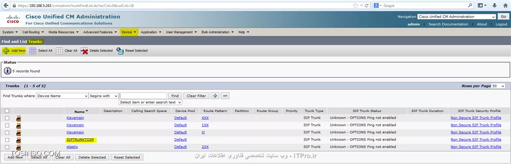**!! نحوه راه اندازی *Cisco Jabber* بروی انواع *Device  *ها :**

مقدمه:
 *Cisco jabber*  نرم افزاریست ارائه شده از طرف شرکت سیسکو برای ارتباط های  Text Messaging  (به صورت گروهی و یا فردی ) و به اشتراک گذاری فایل ها ، Voice & Video Calling و به اشتراک گذاری Desktop  که ذکر این مطلب الزامیست ،برای استفاده از سیستم کنفرانس چه صوت و چه تصویر نیاز به راه اندازی سرویس  WebEx میباشد.
||Jaber::http://tosinso.com/files/get/c430cf1c-e2d1-415a-bd9a-ec183652fe7f||
از جمله امکانات این مجموعه سرویس میتوان به این نکته اشاره داشت ، (مانند نرم افزار Lync  در مایکروسافت ) شما میتوانید آن را بروی گوشی تلفن همراهتان ، کامپیوتر شخصی خود (PC) ، تبلت و لب تاپتان داشته باشید و در صورت نیاز ادامه مکالمه خود را به device  دیگری انتقال دهید . مثلا فرض کنید بروی میز کار خود یک تلفن 7940  دارید و با مدیرتان مشغول صحبت هستید و در همین حین برای شما کاری پیش می آید و مجبور هستید از پشت میز خود بلند شوید در این حالت میتوانید مکالمه خود را به تلفن همراهتان منتقل کنید و هم به کارتان برسید و هم دیگر نیازی به قطع کردن مکاله خود ندارید که این جابجایی در صورت داشتن سرویس  WebEx  میتواند حتی به صورت خارج از شبکه داخلی شرکت و بروی اینترنت هم ادامه پیدا کند. شما میتوانید این سناریو را در مکالمه تصویری  نیز در نظر بگیرید.
||http://tosinso.com/files/get/4bd12c07-602e-4522-acbb-df729e9b5955||
برای راه اندازی این سرویس باید زیر ساخت مورد نیاز آن را فراهم کنیم، که شامل راه اندازی Cisco Unified Call Manager  یا همان CUCM  و  Cisco Unified IM & Presence میشود.
!! در ادامه نحوه راه اندازی IM & Presence  و Integrate  کردن آن با CUCM را  توضیح داده و سپس نرم افزار Jabber  را توضیح خواهم داد.
ذکر چند نکته خالی از لطف نیست:
!! 1- همخوانی سرور های  CUCM  و IM & Presence  (در اینجا از نسخه 11 استفاده شده است)
2- اطمینان از داشتن منابع کافی بروی سروری که بروی آن این سرویس ها را نصب کرده ایم.
!! 3- اطمینان از برقراری درست سرور IM,CUCM و نرم افزار لایسنس (Cisco Prime)
4- برای برقراری تماس ها (voice & Video) نیاز به Assign  کردن شماره داخلی خاص به هر Jabber Account  داریم.
!! 5- اطمینان از راه اندازی همه ی سرویس های مورد نیاز بروی هر دو سرور IM&P  و CUCM


ابتدا میبایست CUCM  را به IM&P متصل کنیم برای این کار میبایست مانند زیر عمل کنیم:
-	ابتدا سرور IM&P  را معرفی میکنیم ، برای این کار در CUCM  به منوی System  و سپس Server  بروید:

دقت شود که قسمت های هایلایت شده حتما مانند شکل پر شوند و قسمت هایی که تیک خورده شده مانند آن تیک خورده شود و  آیتم های انتخابی مانند شکل انتخاب شوند.”
||http://tosinso.com/files/get/b7119000-5873-47fb-bd2a-47b40a4eef2f||
||http://tosinso.com/files/get/4e8c88d9-08f5-48a1-bff2-ef5f5f4c25de||
||http://tosinso.com/files/get/64fe8457-7b19-4115-bf21-39b786caaf98||
-	در CUCM  و در منوی SIP Trunk Security  یک پروفایل جدید بسازیم.
||http://tosinso.com/files/get/6856afdd-7183-46e7-b2cf-dbf289761fac||
برای رسیدن به این منو میتوانید از مسیر زیر استفاده کنید:
||http://tosinso.com/files/get/58e3f3a1-96e9-4add-bad9-f4c27c21dd07||
-	حال نوبت ساخت Trunk  است:
برای برقراری ارتباط میان IM&P  و CUCM  یک Sip Trunk  میان این دو سرور میسازیم

||http://tosinso.com/files/get/84225b83-ffb4-403b-b8f1-610639d09146||
||http://tosinso.com/files/get/7ec37180-e4ec-447e-a017-6ec8a39673e2||
||http://tosinso.com/files/get/6cc39e87-238e-4bf5-824c-1d07aa574474||
-	در Sip information  و در قسمت Destination Address  آدرس سرور IM&P  را وارد میکنیم که با پورت شماره 5060 این Trunk  برقرار خواهد شد.
-	SIP Profile  حتما بروی Standard SIP Profile  قرار خواهد داشت.

حال به سرور IM&P  مراجعه میکنیم: 
CUCM ip address:192.168.5.243
IM&Presence ip address:192.168.5.241
حال برای برقرای Trunk  باید یک پروفایل در IM&P بسازیم ولی نکته ی مهم آن است که مانند شکل زیر میباست در قسمت   CUCM IM and Presence Publish Trunk  همان Trunkی که در CUCM  ساختیم را انتخاب کنیم:

||http://tosinso.com/files/get/27ad5a90-76a2-4e32-81d3-440a4d9609e0||

نکته مهم دیگر این است که IM&P  مانند یونیت های دیگر Unified communication  در سیسکو نیست و بصورت یکپارچه با خود CUCM  کار میکند مثلا لایسنس خود را از آن میگیرد و در Submenu های CUCM به گزینه های CUCM اضافه میشود. 

||http://tosinso.com/files/get/f8c37cac-b346-438c-ba67-7f5b24bbfe81||
حال میبایست CTI port  را برای IM&P  در سرور CUCM تعریف کنیم:

CTI Port :
CTI port  یا همان Computer Telephony Integration  در حقیقت یک device  مجازی است (Virtual Device) که به شما این اجازه را میدهد تا یک خط مجازی بسازید. باید بازای هر خط فعال (Active Voice Line) که میخواهیم از آن به عنوان خط   Soft phone  استفاده کنیم یک CTI port  داشته باشیم.
||http://tosinso.com/files/get/e23b5318-be90-44b5-9639-aa1686e51987||
||http://tosinso.com/files/get/eac7fd42-9b25-4d9b-8808-926fd41760a9||


ادامه مطلب در حال بروز رسانی میباشد
با تشکر
