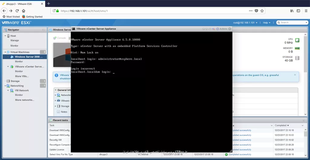 با سلام
میخواستم بدونم چرا وقتی برنامه VMware vCenter Server Appliance 6.5U1رو نصب میکنم و بعد وقتی از برنامهESXIخارج میشم برنامه VMware vCenter Server Appliance 6.5U1دیگه لوگین نمیشه؟؟؟؟؟ 

||https://tosinso.com/files/get/84c85122-e880-49a7-a19d-1d7f76842713||

این هم تصویر برنامه