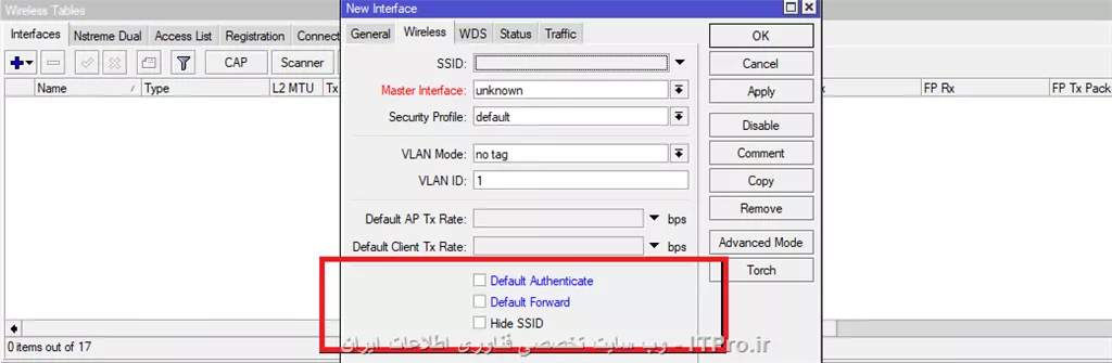 از قسمت  wireless / access-list  میتونید محدودیت اعمال کنید و ساده بگم کاری مثل Mac Filter مودم براتون انجام میدهد 
شما کافیه از قسمت  Registration نگاه کنید چه دستگاهایی وصل است و MAC دستگاهایی که میخواهید وصل بماند را در قسمت 
 access-list اضافه کنید . حالا از قسمت اینترفیس وایرلس WLAN مورد نظر را انتخاب کنید و در تب Wireless تیک گزینه Defualt Authenticate و Defualt Forward را بردارید . مانند تصاویر زیر =>
||https://network.tosinso.com/files/get/ef4d7032-7edb-4db0-8e61-8f1284d83f60||
||https://network.tosinso.com/files/get/90cea321-e462-4970-933f-ce26006b0737||
||https://network.tosinso.com/files/get/865ac7d0-c299-4085-9757-8c83dd6f68cd||