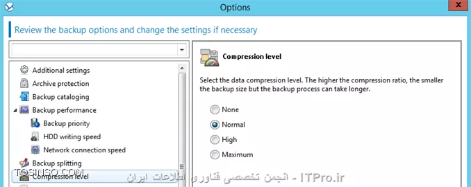 !! Backup Option 
--
در این جلسه قصد دارم تنظیمات مهم Backup Option را توضیح بدم.
هر Backup Plan تنظیمات Backup option خودش را دارد که می توان این تنظیمات را در هر Planی تعقیر داد. 
این تنظیمات بسته به پارامترهای زیر می تواند تعقیر پیدا کند:
* نوع سیستم عامل 
* نوع دیتای که قراره Backup بگیرید (Disk-File)
* محل ذخیره سازی اطلاعات. (Local Disk- Share Storage)
* نوع Backup Scheme
این تنظیمات را می توان در این قسمت به آن دسترسی داشته باشید:
||http://tosinso.com/files/get/4c11bd06-5a0c-45a5-853c-9666d7029eee||
الان یه نگاهی به این تنظیمات بندازیم 
||http://tosinso.com/files/get/b4379cdc-d99d-4fe0-ae4a-adbaa19ac31e||
این تنظیمات در صورتی اعمال می شوند که مقصد فایهای Backup گرفته شده در یک removable media باشد.
# وقتی این گذینه فعال باشد در هر Backup گیری کادری ظاهر می شود که کاربر باید Ok کند. اگر Backup Plan شما بصورت Schedule باشد این گذینه را فعال نکنید.
# با فعال کردن این گذینه عملیات Deduplication فقط در مقصد duplicate at target  اجرا خواهد شد. برای اطلاع بیشتر درباره Deduplication |اینجا ::https://tosinso.com/articles/39125/%da%a9%d8%a7%d9%85%d9%84%d8%aa%d8%b1%db%8c%d9%86-%d8%a2%d9%85%d9%88%d8%b2%d8%b4-%d8%a8%da%a9%d8%a7%d9%be-%da%af%db%8c%d8%b1%db%8c-%d8%a8%d8%a7-%d8%a7%da%a9%d8%b1%d9%88%d9%86%db%8c%d8%b3-(Acronis-Backup)|کلیک کنید.
||http://tosinso.com/files/get/02c621e7-f798-462c-96d6-dec463d6c57e||
در این قسمت می توانید اطلاعات Backup گرفته شده (فایل های Backup گیری) را رمزگذاری کنید یا یک پسورد بر روی آنها ست کنید.
نکته: اگر بعد از ایجاد Backup Plan این Plan اجرا شود. دیگر تنظیمات بالا اعمال نمی شود.
||http://tosinso.com/files/get/59060c52-bddc-439c-a688-1b1ac5a45fc9||
Backup Cataloging یک فهرست از اطلاعات Backup گرفته شده ایجاد میکند تا به آسانی بتوانید Object مورد نظر را پیدا و Recovery کنید.
شما به دو شکل می توانید این قابلیت را تنظیم کنید:
گذینه 1 بصورت پیش فرض فعال است. وقتی این گذینه فعال باشد از حداکثر این قابلیت میتوانید استفاده کنید و جزئیات دقیق تری می توانید داشته باشید. وقتی این گذینه را انتخاب کنید اطلاعات زیر Catalog می شود:
||http://tosinso.com/files/get/ab87d8a8-ad56-4f11-b0ef-386b9c10868d||
گذینه 2 را وقتی فعال می کنیم که سرعت Backup گیری برای سازمان ما مطرح باشد. این گذینه اطلاعات زیر را Catalog می کند.
||http://tosinso.com/files/get/b48ee27e-099f-43b8-afc2-23961932a82f||
نکته: این تنظیمات برای VM ها بصورت Fast Cataloging ست شده است.
||http://tosinso.com/files/get/f860bcd0-2412-4456-a018-2a4998def467||
در این قسمت می توانید مشخص کنید این Backup Plan چه مقدار از منابع سخت افزاری استفاده کند؟؟ که بنا به خواسته شما یا سازمان می توانید این قسمت را تعیین کنید.
||http://tosinso.com/files/get/5e534449-7cee-4368-a4c6-9ed15218f3fb||
وقتی مقصد ذخیره سازی فایلهای Backup  گیری بر روی هارد درایو خود Managed Machine  ست شده باشد (Acronis Secure Zone) این تنظمات اعمال می شود. شما در اینجا می توانید سرعت نوشتن اطلاعات بر روی H.D.D را تنظیم کنید.
||http://tosinso.com/files/get/7c47617f-e669-4a01-89b7-d4dfb01dda4d||
وقتی مقصد ذخیره سازی اطلاعات بر روی شبکه باشد می توانید در این قسمت مقدار استفاده از پهنای باند شبکه را تنظیم کنید.
||http://tosinso.com/files/get/525bb838-d2c0-4b2d-bf09-42769b7b4c4d||
در این قسمت می توانید تعریف کنید که پروسه Backup گیری فایلهای Backup گرفته شده را به چه اندازه ای تقسم کند که دو گذینه داریم:
گذینه اول که بصورت پیش فرض انتخاب شده. وقتی این گذینه انتخاب شده باشد و اطلاعات بر روی درایوهای NTFS ذخیره شود و فضای کافی موجود باشد کل اطلاعات در یک فایل ذخیره می شود.ولی اگر اطلاعات بر روی Fat16 or Fat 32 ذخیره شود فایلهای Backup به قسمت های کمتر از  4G شکسته می شود. همچنان اگر اطلاعات بر روی FTP سرور ذخیره شود فایلهای Backup گیری کمتر از 2G تقسیم می شود. و اگر اطلاعات بر روی SFTP ذخیره شود کل اطلاعات Backup گرفته شده در یک فایل ذخیره می شود و اگر فضای کافی بر روی SFTP وجود نداشته باشد پروسه بکاپ Fail می شود.
گذینه دوم بر اساس مقدار حجمی که در این قسمت وارد می کنید فایلها شکسته می شود. 
||http://tosinso.com/files/get/86be3722-d37c-4d9d-9c36-202cbca69706||
سطح فشرده سازی فایلها بکاپ را می توانید از این قسمت مشخص کنید.
||http://tosinso.com/files/get/dce915fb-73fd-48ae-b43b-1f751f1321c7||
در این قسمت شما می توانید تعیین کنید که وقتی Error ی در حین اجرای Backup اتفاق افتد Acronis چه عکس العملی از خود نشون دهد.
# اگر این گذینه فعال باشد و مشکلی پیش آید که Acronis بتواند آن را هندل کند آن را نشان نمی دهد و پروسه Backup به کار خود ادامه می دهد. ولی اگر اخطاری باشد که باید ادمین آن را برطرف کند (مثلا فضای ذخیره سازی کم) پروسه متوقف می شود و منتظر عالیجناب ادمین می شود.
# این گذینه می تونه خیلی مفید باشه. مثلا فرض کنید پروسه بکاپ به دلایلی متوقف شد اگر این گذینه فعال باشد می توانید تنظیم کنید بعد از چند ثانیه پروسه Backup را تکرار کند اگر دوباره متوقف شد بعد از سپری شدن N ثانیه دوباره پروسه را از سر بگیرد... تا پروسه با موفقیت انجام شود.
# اگر در حین بکاپ هارد دیسک دارای Bad Sectorی باشد و این گذینه فعال باشد. Bad Sector نادیده گرفته می شود.
||http://tosinso.com/files/get/13fe8d69-a340-475e-bac1-5222cdcb9bc4||
در این قسمت می توانید تعیین کنید وقتی خطا و هشداری بر روی Managed Machine رخ دهد این رویدادها کجا ذخیره شود؟
که من تعیین کردم در Event Viewer در قسمت Application log ذخیره شود.
||http://tosinso.com/files/get/002fd6b0-e2f0-4ab8-a0bb-51feeb6dff05||
وقتی گذینه بالا فعال باشد Acronis برای فهمیدن تعقیرات در Fileها از سایز فایل و زمان/تاریخ آن استفاده می کند. اگر گذینه بالا را غیرفعال کنید Acronis یک فایل را در کل Storage  مقایسه می کند و اگر تفاوتی پیدا کرد از این فایل Backup می گیرد. این گذینه بصورت پیش فرض فعال است.
||http://tosinso.com/files/get/7a002afb-acba-4979-b604-d40d90b6247d||
این تنظیمات فقط برای سیستم عاملهای Linux و بر روی Disk-Level و File-Level قابل اعمال است.
این تنظیمات چگونگی گرفتن یک Snapshot از Logical Volume Manager را مشخص می کند. در این قسمت دو گذینه داریم که بصورت پیش فرض بر روی Acronis Backup ست شده .
وقتی گذینه Acronis Backup انتخاب شده باشد عملیات Snapshot بر عهده Acronis می باشد و او تمام تنظیمات لازم را انجام می دهد. 
ولی اگر گذینه Logical volume manager را انتخاب کنید عملیات گرفتن Snapshot بر عهده LVM می باشد.

*نحوه گرفتن Snapshot از LVMها:*
اگر در حین پروسه Snapshot فایلهای Backup گرفته شده تعقیر پیدا کنند و اگر این تعقیرات زیاد باشند این تعقیرات بصورت زیر ذخیره خواهند شد:
Acronis Backup: بیشتر اطلاعات در RAM ذخیره می شود و اگر حجم اطلاعات زیاد باشد آنها را در یک فایل موقت /tmp ذخیره می کند تا بعد آنها را در فایل Backup ذخیره کند.
Logical volume manager: اگر گرفتن Snapshot بر عهده LVM باشد LVM قبل از Snapshot یک Volume با نام Snapshot Logical Volume ایجاد می کند و اطلاعات تعقیر داده شده را در آن Volume ذخیره می کند. و بعد از Snapshot آن Volume را پاک می کند.
نکته: اگر فضای خالی بر روی Volume LVM نباشد Snapshot بصورت Acronis Backup گرفته می شود چون این روش نیازی به ایجاد Volume ندارد.
||http://tosinso.com/files/get/5f0d828d-293a-4412-a46d-938ccbd16209||
وقتی مقصد ذخیره اطلاعات بر روی DVD, CD و Storage های قابل حمل باشد می توانید از این تنظیمات استفاده کنید.
در این قسمت می توانید علاوه بر فایلهای Backup آز آن Storage یک Bootable Media ایجاد کنیدو به راحتی Client/Server را ریکاوری کنید. برای اطلاع بیشتر درباره Componentsها لینک زیر را بخوانید:
|ریکاوری کردن کل سیستم بر روی یک هارد دیسک جدید بوسیله Acronis True Image 2016::https://tosinso.com/articles/41964/%d8%a2%d9%85%d9%88%d8%b2%d8%b4-%d8%b1%db%8c%da%a9%d8%a7%d9%88%d8%b1%db%8c-%d8%a7%db%8c%d9%85%db%8c%d8%ac-%da%a9%d9%84-%d8%b3%db%8c%d8%b3%d8%aa%d9%85-%d8%b1%d9%88%db%8c-%d9%87%d8%a7%d8%b1%d8%af-%d8%ac%d8%af%db%8c%d8%af-%d8%a8%d8%a7-%d8%a7%da%a9%d8%b1%d9%88%d9%86%db%8c%d8%b3|
||http://tosinso.com/files/get/3e37ffe0-4e76-498a-8642-8eb4577c3105||
این قسمت فقط برای سیستم عاملهای ویندوزی و File-Level کاربرد دارد. 
آیا با Mount Point در Windows آشنائی دارید؟ 
||http://tosinso.com/files/get/446f0b89-b18a-416c-9b35-36abef551952||
چیز اسونیه ولی اسمش گندس :D
فرض کنید فولدر G:\Data1 را به عنوان Mount Point ایجاد کرده اید و این MP دارای دو فولدر x1 and x2 می باشد. 
اگر حین Backupگیری از درایو G گذینه Backup mount points ' target را فعال کنید فولدرهای x1 and x2 شامل پروسه Backup می شوند و اگر این گذینه فعال نباشد از محتویات MP بکاپ گرفته نمی شود.
اگر بصورت نورمال پوشه های Data و X1 and X2 برای Backup انتخاب کنید نیازی به فعال یا غیرفعال کردن گذینه بالا ندارید.
||http://tosinso.com/files/get/b6055154-7a69-4f6b-8583-a1cfad26cf69||
فقط برای پلتفرمهای ویندوزی و File-Level کاربرد دارد. 
# اگر این گذینه فعال باشد از NTFS Permission فایلها هم Backup گرفته می شود. اگر غیرفعال باشد هنگام ریستور فایلها Permissionها را از فولدر بالا دستی به ارث می برد.
# اگر این گذینه فعال باشد و از فایلهای که رمزگذاری شده باشد Backup بگیرید هنگام ذخیره این Backup در Storage اکرونیس این فایلها را رمزگشای می کند و در نتیجه بعد از ریستور همه کاربران می توانند به این فایلها دسترسی داشته باشند.
||http://tosinso.com/files/get/7ff7136e-c093-4fe3-bfcf-bee90f9bb7e9||
  فقط برای پلتفرمهای Windows کاربرد دارد.
اگر این قسمت را فعال کنید از تمام Volume در آن واحد یک Snapshot تهیه می کند وگرنه یکی پس از دیگری از آنها Snapshot تهیه می کند.
||http://tosinso.com/files/get/091dd484-4085-486d-84bc-de8268a0877b||
این قابلیت فقط برای بکاپهای Disk-Level کاربرد دارد.
اگر این قسمت را فعال کنید از سکتور، سکتور هارد دیسک Backup می گیرد. و برای جاهائی که Acronis فایل سیستم دیسکی را پشتیبانی نمی کند کاربرد دارد.
||http://tosinso.com/files/get/e06c4455-fbc0-47e9-93a4-dc76523e40f4||
این قسمت فقط برای پلتفرمهای Windowsی کاربرد دارد.
شما در اینجا می توانید VSS را تنظیم کنید ولی قبل از اینکار یه توضیح کوتاه درباره VSS Write بدم که دید بهتری نسبت به این تنظیمات داشته باشیم
VSS Writer سرویسی در Volume Shadow Copy Service می باشد که به Application های Backup گیری می فهماند چگونه از یک برنامه و داده های آن Backup بگیرد. مثلا Exchange از Microsoft Volume Shadow Copy Service برای اینکار استفاده می کند یا بعضی از برنامه ها VSS خاص خودشون را دارند. یا بعضی از دیوایسهای ذخیره سازی برای گرفتن Snapshot از یک برنامه، از Hardware VSS خود استفاده می کنند مثل سناریوهای Off-Host.
خب شما در این قسمت می توانید تنظیم کنید از VSS استفاده شود یا نه؟ یا اگر از VSS استفاده شود چه نوع VSS استفاده کند؟
||http://tosinso.com/files/get/4177596c-87dd-4b03-bbe6-928c1ce27cd2||
# Acronis اول چک می کند برنامه مورد نظر از Hardware VSS استفاده می کند یا نه؟ اگر نه از Software-based provider استفاد می کند و در آخر چک می کند ازکدام VSS استفاده کند؟ Acronis VSS یا Microsoft VSS.
# اگر این گذینه انتخاب شود Acronis از VSS خود برنامه استفاده می کند اگر VSS برنامه مورد نظر تشخیص داده نشد Acronis ازAcronis VSS or Microsoft VSS استفاده می کند.
# از VSS اکرونیس استفاده می کند.
# از Microsoft VSS استفاده می کند. اگر قصد تهیه Backup از AD, Exchange, SQL, SharePoint را دارید از این گذینه استفاده کنید.
# با انتخاب این گذینه Acronis فقط از VSS برنامه مورد نظر استفاده می کند.
# از Hardware VSS استفاده می کند.
در آخر گذینه Enabling VSS Full backup را درصورتی انتخاب کنید که قصد تهیه Backup بصورت Disk-Level از Exchange را داشته باشید. اگر این گذینه فعال باشد بعد از تهیه بکاپ اکرونیس Log file ها را Truncated می کند (حذف می کند)
نکته: اگر Acronis Backup agent for Exchange یا برنامه دیگری از اطلاعات Exchange بکاپ تهیه می کند این گذینه را فعال نکنید.

موفق و پیروز باشید. 

نویسنده: احمد جهلولی 
منبع: |جزیره راهکارهای ذخیره سازی اطلاعات وب سایت توسینسو ::https://tosinso.com/virtualization|
نشر و کپی برداری، صرفاً با ذکر نام نویسنده و منبع مجاز می باشد. 