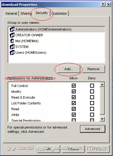 میتونید یه سری یوزر تعریف کنید و بعد برید تو Computer Managment و  سپس User and group مثل تصویر زیر
||http://network.tosinso.com/files/get/53821990-2fc0-4059-b7d0-426cd5e30e58||
و اون یوزر ها رو Add کنید به عنوان Administrator حالا میتونید طبق تصویر زیر عمب کنید و Permission ها رو تغییر بدید براشون روی پارتیشن یا فولدر مورد نظر راست کلیک میکنید و Properties رو میزنید و ادامه داستان(مطابق تصویر های زیر)
||http://network.tosinso.com/files/get/86c78e2f-b55a-414c-8cf1-0f4adb112f37||
||http://network.tosinso.com/files/get/02214f7c-8722-45d0-b2c6-fc5fdce516c7||
