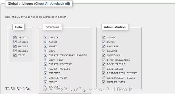تصویر پانزدهم نصب WAMP قرار دادن User و Database بر روی هم و دادن Privilege ها 