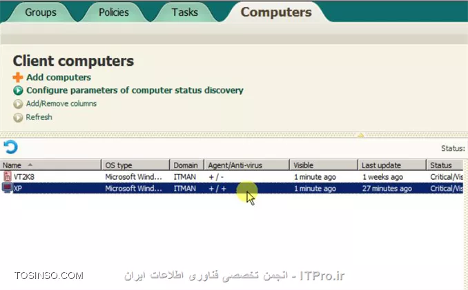 با سلام خدمت اساتید محترم و دوستان عزیز

در ادامه ی آموزش کنسول مدیریتی کسپرسکی،اگر خاطرتون باشه،دیروز با هم یاد گرفتیم که از 2 روش بتونیم آنتی ویروس رو روی کلاینت هامون نصب کنیم.تو روش اول که 1Click بود این کار به صورت لوکال انجام میشد و ما باید میرفتیم تک تک پشت سیستم هر کلاینت و آنتی ویروس رو نصب میکردیم.خب اینکار برای شرکت ها و سازمان هایی که کلاینت های زیادی دارند جوابگو نیست و همچین هم ITPROیی نیست.پس چیکار کنیم؟امروز باهم 3 روش نصب آنتی ویروس روی کلاینت هارو به صورت ریموت بررسی میکنیم که در اولین روشمون تا یادتون نرفته میریم سراغ هموت پکیجی که دیروز ساختیم.پس همراه هم میریم جلو:

*روش اول*

خب وقتی که کنسول رو اجرا کردید به قسمت Managed Computers که مراجعه کنید میبینید که یک کامپیوتر دارم که Agent روش نصب هست ولی آنتی ویروس نداره
||http://tosinso.com/files/get/9d5af198-4b9f-41dd-ab2a-a0d94d9b00e0||
حالا برای اینکه به صورت ریموت آنتی ویروس رو نصب کنید،به قسمت Remote Installation برید و Installation Packages رو انتخاب کنید و پکیجی که ساختیم رو انتخاب میکنیم و Install application رو میزنیم
||http://tosinso.com/files/get/71f497fa-5d61-4647-bfb7-510409536fbb||
تو این مرحله چون ما میخوایم روی تعدادی کامیپیوتر آنتی ویروس نصب کنیم گزینه ی اول رو انتخاب کنید
||http://tosinso.com/files/get/e2f23f3f-10e5-4085-b4f0-3a166ddbd13c||
در این قسمت اسم گروهی که کلاینت ها اونجان و میخواید آنتی ویروس رو روی اونها نصب کنید انتخاب میکنید
||http://tosinso.com/files/get/a0b5cb1f-3a42-4964-86a3-e1bb7be11f4e||
این قسمت رو بدون تغییر پیشنهاد میکنم که Next کنید
||http://tosinso.com/files/get/15ff0c6d-3fa5-4de8-b90e-91bfe2517d72||
در این قسمت لایسنس یا لایسنس هایی که قبلا به کنسول معرفی کردیم به نمایش در میاد که اگر خاطرتون باشه یک لایسنس برای کلاینتها بود و یک لایسنس هم برای کنسول مدیریتی که اینجا در انتخابش دقت کنید
||http://tosinso.com/files/get/2b2f256d-ea9f-42bf-9f84-37560906729c||
در این مرحله از شما می خواد که تعیین کنید اگر هنگام نصب نیاز به ریست شدن سیستم هست چه عملی انجام بده که ترجیحا به حالت پیش فرضبذارید باقی بمونه
||http://tosinso.com/files/get/35d9103f-7e86-4245-947e-933f810a6212||
این قسمت رو هم Next کنید
||http://tosinso.com/files/get/658120a6-30c6-434a-a306-a3de3a791271||
در این قسمت باید یک یوزر رو معرفی کنید و add کنید که دسترسی به تمام کلاینت ها داشته باشه که ترجیحا از یوزر Administrator استفاده کنید.بعد از اینکه یوزر رو add کردید و پسوردش رو وارد کردید،ok کنید و Next رو بزنید
||http://tosinso.com/files/get/be9f9b17-3245-435a-9cd1-99d1a211f2f5||
مجددا Next کنید
||http://tosinso.com/files/get/e581346e-b1e7-445d-babc-b559ce6d7821||
اینجا به شما پیغام میده که این پکیج به درستی روی اون گروهی که مشخص کردید داره اعمال میشه و 2تا تیک سبز باید باشه حتما
||http://tosinso.com/files/get/bf03e666-d8e0-4451-ae51-edf63f051f41||
حالا برای اینکه ببینید داره کار صورت میگیره بیاید تو Managed Computers و تب Task رو انتخاب کنید.پایین صفحه مشاهده میکنید که عمل Deploy شدن New Remote Installation Package که ما این اسم رو روی پکیجمون گذاشتیم داره انجام میشه و در سمت راست هم میتونید خلاصه ای گرافیکی از کار رو مشاهده کنید.میتونید برای دیدن جزییات بیشتر روی View Result کلیک کنید
||http://tosinso.com/files/get/a7093e82-a97c-485c-bb66-5dccec33ef2c||
بعد از کمی صبر مشاهده میکنید که پکیجی که با هم ساختیم روی کامپیوترها نصب شده
||http://tosinso.com/files/get/b47d5e83-0a2c-4fbe-b21c-73f66109fca3||

*روش دوم*

اگر کامپیوتری به شبکه ی شما جوین بشه و آنتی ویروس کسپرسکی روی اون نصب نشده باشه،شما از طریق این کنسول میتونید اون رو ببینید و اقدام به نصب آنتی ویروستون کنید که با هم اینکار رو انجام میدیم.مطابق شکل زیر به محل مورد نظر برید
||http://tosinso.com/files/get/c27f077b-3431-4b32-995b-3b5bb9212424||
همونطور که میبینید این کلاینت ما نه Agent روش نصب هست و نه آنتی ویروس.برای اینکه ما بتونیم روی یک کلاینت آنتی ویروس نصب کنیم باید قبلش حتما Agent رو نصب کرده باشیم.پس اول با هم Agent رو نصب میکنیم و بعد به سراغ نصب آنتی ویروس میریم.برای همین روی کلاینت مورد نظرتون کلیک کنید و از منوی سمت راست Install application رو انتخاب کنید
||http://tosinso.com/files/get/70e64f34-b5cd-4149-b044-770222d61d85||
در این قسمت پکیج Agent رو انتخاب میکنیم که قبلا به کنسولمون اضافه کردیم
||http://tosinso.com/files/get/d0db307f-e1bc-4657-8c4b-ade4167d13c8||
تنظیمات رو به همین حالت بذارید باشه
||http://tosinso.com/files/get/b25f4db9-c27e-49ea-8ff5-4e9884b232f9||
در این مرحله باز هم ترجیحا یوزر administrator رو add کنید و Next کنید
||http://tosinso.com/files/get/b49c36a4-79c4-4781-878f-d78a2d42f4dd||
این قسمت رو هم به همین حالت Next کنید
||http://tosinso.com/files/get/64071277-5531-4afc-95d8-be0866709348||
در این قسمت مشخص میکنید کلاینتی که روش Agent نصب میکنید برای مدیریت بهترتون به کدوم بخش منتقل بشه
||http://tosinso.com/files/get/da4491dc-9c38-434b-b590-73adfda2c945||
در اینجا نصب Agent شروع میشه و میتونید با زدن View Result جزییات بیشتری رو مشاهده کنید
||http://tosinso.com/files/get/1cd3ae07-c348-4483-ab84-852bddcdbb69||
||http://tosinso.com/files/get/c6cc5f88-ce33-4cce-855f-b4c0e4955db6||
بعد از اینکه نصب تموم شد و پیغام Complete رو مشاهده کردید Finish رو انتخاب کنید
||http://tosinso.com/files/get/b8cc6b43-99c0-43d6-a972-bc871b84b271||
همونطور که مشاهده میکنید دیگه کامپیوتری در دامین ما نیست
||http://tosinso.com/files/get/c6f78cdf-a962-41b3-8c97-f4b7e6979074||
به قسمت Managed Computers و تب Computers مراجعه کنید،میبینین که کلاینتتون چون Agent روش نصب شده و ما مشخص کردیم،به این گروه منتقل شده
||http://tosinso.com/files/get/89a91fdb-b252-4504-871f-cba14d801a8a||
خب حالا که Agent رو نصب کردیم،کامپیوتر ما آمادست تا آنتی ویروس رو روش نصب کنیم،برای همین کلاینتتون رو انتخاب کنید و از منوی سمت راست Install application رو بزنید
||http://tosinso.com/files/get/87f78e04-dcd2-4403-9630-edb26814846b||
حالا پکیج آنتی ویروس رو انتخاب میکنیم
||http://tosinso.com/files/get/ad4921ad-1063-41d6-98d4-b7eb6f405df0||
تنظیمات رو به همین حالت قرار بدید
||http://tosinso.com/files/get/41443cce-a941-4235-9d3b-9cdc6d4b466c||
حالا باید لایسنس رو انتخاب کنید 
||http://tosinso.com/files/get/90e3ba7b-38ad-4e56-b35c-55f4948e578c||
در این قسمت مجددا یوزری که دسترسی داره رو انتخاب کنید که باز هم میگم ترجیحا administrator باشه
||http://tosinso.com/files/get/a0676244-2d90-4b98-8f29-7e87cb836951||
این قسمت رو هم به همین حالت بذارید باشه
||http://tosinso.com/files/get/7e54ad7a-f65e-4a1c-a918-35966098ec56||
خب آنتی ویروس ما در حال نصب هست که میتونید View Result رو بزنید و جزییات بیشتری رو ببینید
||http://tosinso.com/files/get/6e821e88-9ad6-4ffe-b5d6-50b701a8ce19||
||http://tosinso.com/files/get/f25ad754-1746-41f2-ad95-cbcecd97b1c8||
بعد از اینکه پیغام Complete رو دیدید Finish رو انتخاب کنید
||http://tosinso.com/files/get/f14a3c07-28eb-4235-ae97-57b49adfae98||
حالا اگه به قسمت Managed Computers و تب Computers برید میبینید که الان روی کلاینت شما هم Agent و هم آنتی ویروس نصب شده
||http://tosinso.com/files/get/86fcfdcb-34ff-4949-acc9-302091c06bcf||
این هم آنتی ویروس شما روی کلاینت
||http://tosinso.com/files/get/19440c37-320c-4f3e-b2c5-e83a244b964e||

*روش سوم*

خب دوستان عزیز امیدوارم که خسته نشده باشید و همچنان همراه باشید.

با هم روش سوم رو شروع میکنیم.به Managed Computers برید و روی تب Tasks کلیک کنید و Create a task رو انتخاب کنید
||http://tosinso.com/files/get/994cb769-8d58-4288-afc3-4e0209b10e59||
اسم مورد نظرتون رو برای task انتخاب کنید
||http://tosinso.com/files/get/1f8f2ae7-912d-4fe6-95e5-033fbc76210c||
تو این مرحله چون به صورت ریموت میخوایم که آنتی ویروس رو نصب کنیم،مثل شکل عمل کنید
||http://tosinso.com/files/get/e00c8068-2f49-4346-9828-831627001345||
حالا پکیج آنتی ویروس رو انتخاب میکنیم
||http://tosinso.com/files/get/7e5fc6ff-4f76-4f0a-9d84-9a36319b012b||
مزیت این روش این هست که شما در حین نصب میتونید انتخاب کنید که Agent هم نصب بشه و نیاز یه Task جدید نیست.پس مطابق تصویر عمل کنید
||http://tosinso.com/files/get/5c04e864-38bc-48d1-8d13-0a2cd0b51ad1||
این قسمت رو هم به همین صورت بذارید باقی بمونه
||http://tosinso.com/files/get/c3aa84b5-8cee-44ff-a9a1-2d73d4935d20||
در این قسمت شما آزادی عمل بیشتری نسبت به دو روش قبل دارید که مشخص کنید هنگام نصب چه اتفاقی بیوفته که تصویر به حد کافی گویا هست
||http://tosinso.com/files/get/e7db321e-8a67-4aa2-abde-3ba5abb547c7||
مجددا صفحه ی تعریف یوزر که باهاش آشنا شدید دیگه
||http://tosinso.com/files/get/d8753ca5-3105-4624-9ebb-d96d6f658e8f||
در این قسمت مشخص میکنید که این Task در چه وقتی انجام بگیره که مطابق نیازتون تعریف میکنید.من پیشنهاد میکنم که به صورت Manual قرار بدید و تیک Run missed tasks رو هم بزنید که اگر Taskی از قبل روی کلاینت قرار بوده که صورت بگیره انجام بشه و بعد این کار صورت بگیره
||http://tosinso.com/files/get/186849b5-9e19-4996-a980-6a9ab96418ff||
حالا Finish رو بزنید
||http://tosinso.com/files/get/1cb2ad97-642b-4cfc-83f3-1f5be3594bce||
حالا به Managed Computers و به قسمت Task برید،میبینید که Install KES 10 که با هم ساختیم اونجا داره نمایش داده میشه که اون رو انتخاب کنید و Start رو بزنید
||http://tosinso.com/files/get/9b38093e-2e6f-4938-adb3-2c7090e636b6||
Task داره اجرا میشه
||http://tosinso.com/files/get/b51ef3bc-751b-43d1-9ef4-cb83f0ac3131||
خب عمل نصب انجام شده
||http://tosinso.com/files/get/1b55cde9-93fc-4fd5-a0ed-835c1a9e46a9||
و این هم آنتی ویرسمون
||http://tosinso.com/files/get/e220c435-df1a-42d8-b02a-a564e82536cb||


خب دوستان عزیز با هم انواع روش های نصب رو دیدیم.امیدوارم که مفید واقع شده باشه و استفاده کنید.
روز خوبی داشته باشد.

نویسنده : مهدی عسکری
منبع : |جزیره امنیت اطلاعات و ارتباطات وب سایت توسینسو::https://tosinso.com/security|
هرگونه نشر و کپی برداری بدون ذکر منبع و نام نویسنده دارای اشکال اخلاقی است
