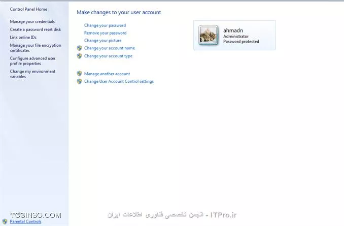 دردهه های اخیر با گسترش یافتن فناوری و تکنولوژی نیاز یاد گیری و استفاده از وسایل الکترونیکی مانند کامپیوتر ها ،موبایل ها ، تبلت ها و لپ تاپ ها بیش از هر چیز دیگری به چشم می آید.در این میان والدین نگران استفاده صحیح فرزندانشان از این وسایل هستند .استفاده درست از زمان، برنامه های کاربردی ، و بازی های آموزنده  و...  از دغدغه هایی است که والدین دوست دارند  جهت استفاده درست و مجاز فرزندانشان بر روی کامپیوتر های شخصی شان یک سری دسترسی هایی لازم را اعمال کنند.ما در اینجا با توضیح یک آموزش کوتاه تا حدی اعمال یک سری دسترسی ها را برای والدین میسر می سازیم. (توضیحات زیر جهت ویندوز 7 می باشد) شما در ابتدا باید یک حساب کاربری مخصوص خودتون  که دسترسی Administration  (والدین )دارد رو بسازید. و یک یوزر برای فرزندتان که دسترسی Standard رو داشته باشه را بسازید. برای اعمال تنظیمات دسترسی ها شما باید به Control Panel رفته و بروی گزینه User Accounts کلیلک کرده و در صفحه ظاهر شده بر روی گزینه parental controls  در گوشه پایین سمت چپ کلیک نمایید مطابق شکل زیر

||http://icdl.tosinso.com/files/get/874dba8d-8144-411b-9b9d-d46ba5d1bcd2|| 

البته با کلیک کردن برروی حساب کاربری فرزند تان در صفحه ظاهر شده هم گزینه به نام set up parental controls  نیز وجود دارد که با کلیک برروی آن میتوانید مراحل را ادامه دهید مطابق شکل زیر

||http://icdl.tosinso.com/files/get/09ad4274-7306-42e4-b736-f32fac55c2d2||

در صفحه ظاهر شده بعدی بایدحساب کاربری فرزندتان را انتخاب نمایید . مطابق شکل زیر 

||http://icdl.tosinso.com/files/get/cd251263-1ae8-4a03-b0ef-fb731200f971||

 به صفحه  اعمال تنظیمات  رسیدیم

||http://icdl.tosinso.com/files/get/0b9eccc5-6a50-41c5-93f8-7e41daef098a||

در قسمت parental controls گزینه  on  را برای اعمال دسترسی های لازم انتخاب نمایید . و از قسمت windows settings برای اعمال محدودیت برای استفاده فرزندتان در روزها و ساعت خاصی از هفته بر روی گزینه  time limits  کلیلک نمایید ،  صفحه ای مطابق شکل زیر برای شما باز می شود 

||http://icdl.tosinso.com/files/get/3c364d95-97b0-4d38-b644-fd494093dabc||

که ساعت و روزهای هفته را داخل یک جدول زمانبندی  شده برای شما مشخص کرده و در پایین دو گزینه وجود دارد که گزینه allowed که سفید رنگ می باشد به معنی محدوده مجاز استفاده می باشد و گزینه blocked با رنگ آبی به معنای غیر مجاز می باشد شما می توانید هر محدوده ای  راکه می خواهید فرزندتان نتواند استفاده کند به رنگ آبی در بیاورید و سپس دکمه ok  پایین صفحه را بزنید. 

گزینه بعدی games  می باشد
||http://icdl.tosinso.com/files/get/d0113ab2-007f-4ff7-8f26-850a09695f1d||

که گزینه اول سوال می کند که یوزر فرزند می تواند از بازی ها استفاده کند
و در گزینه های بعدی می توان مشخص کرد که یوزر فرزند می تواند از چه بازی های استفاده کند . مانند تصویر زیر

||http://icdl.tosinso.com/files/get/599a4005-cb1a-46fa-abce-6885fa44692a||


و اما گزینه آخر می پرسد که یوزر فرزند از چه برنامه هایی می تواند استفاده کند 
که دارای دو گزینه می باشد گزینه اول از تمام برنامه ها می تواند استفاده کند 
گزینه دوم از برنامه هایی که والد مشخص کرده می تواند استفاده کند .

مانند تصویر زیر

||http://icdl.tosinso.com/files/get/db56c37c-f426-42af-b9c9-2928d87a1cd1||

در پایان برای اعمال تغییرات گزینه ok را تایید کنید.


اکنون اگر یوزر فرزند در زمان بلوک شده بخواهد وارد یوزر خود شده پس از وارد کردن رمز پیغام خطایی مبنی بر اینکه در این زمان نمی توانید از سیستم استفاده کنید خواهد دید. 
و چناچه در زمان مجاز باشد وارد سیستم شده و زمان پایان استفاده از سیستم بصورت ساعتی در گوشه دسک تاپ نشان داده می شود و هر چه به زمان پایان استفاده نزدیکتر شود پیغام های هشداری ظاهر میشود و در ساعت پایان استفاده سیستم بصورت خودکار خاموش می شود.

نکته مهم که یوزر والد باید دارای رمز جداگانه ای باشد تا فرزند نتواند از آن استفاده کند.


نویسنده : احمد نظری
منبع : انجمن تخصصی فناوری اطلاعات ایران 
هرگونه نشر و کپی برداری بدون ذکر منبع و نام نویسنده دارای اشکال اخلاقی می باشد 



