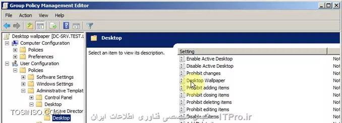 در این قسمت با تعیین پس زمینه یکسان برای کاربران آشنا خواهیم شد. برای شروع وارد Group Policy Management Console  می شویم، در زیرشاخه Domains به زیر شاخه دامین خود می رویم (TEST.lab) و روی کانتینر Group Policy Objects کلیک راست و گزینه New را انتخاب می کنیم و یک GPO جدید ایجاد و نام مناسبی را به آن اختصاص می دهیم سپس بر روی GPO مورد نظر کلیک راست و Edit را انتخاب می کنیم. و به مسیر زیر می رویم:
<c#>
User Configuration> Policies> Administrative Template> desktop> Desktop> Desktop wallpaper
<c#>

||http://tosinso.com/files/get/877dc14f-8522-48bc-98ee-28f502eaec5c||
بر روی Desktop Wallpaper دو بار کلیک می کنیم. در پنجره ای که باز می شود در حالت پیش فرض گزینه Not Configured انتخاب شده است. که علاوه بر آن دو گزینه دیگر وجود دارد که عبارتند از Enabled و Disabled.Disabled و Not Configured اگر انتخاب شوند این اجازه را به کاربران می دهند تا بتوانند پس زمینه سیستم خود را تغییر دهند، اما با انتخاب گزینه Enabled دیگر این امکان برای کاربران وجود ندارد. با اتخاب گزینه Enabled با دو حالت می توان پس زمینه یکسان برای کاربران مشخص کرد:

1.	Local Path
2.	UNc Path

*Local Path*
برای اعمال پالیسی بدین صورت نیاز به یک پالیسی دیگر می باشد که می توان به صورت مجزا در Computer Configuration تنظیم کرد یا در همین پالیسی در User Configuration. که نامش File Extension می باشد. برای اعمال این پالیسی ابتدا یک فولدر می سازیم و آنرا را Share می کنیم که دسترسی ها در تب Sharing برای Everyone (Read,Write) را Allow می دهیم و در تب Security برای گروه Users یا Authenticated Users (Read,Write) را Allow می دهیم. و تصویر پس زمینه مورد نظر را داخل این فولدر کپی می کنیم. به GPO که ساختیم می رویم و در قسمت تنظیمات به مسیر زیر می رویم:
<c#>
User Configuration> Prefrences> Windows Setting> Files
<c#>

||http://tosinso.com/files/get/5f0a7052-4d82-4e3c-a3bb-22d2a948e5dc||
روی Files کلیک راست و New و در آخر File را انتخاب می کنیم. در این پنجره مشخص می کنیم که تصویر پس زمینه از فولدر Share شده بر روی آدرس لکالی که تعیین می کنیم کپی کند. در پنجره باز شده Action را از نوع   Update انتخاب می کنیم، در Source File ادرس فولدر Share شده ای را که ساختیم معرفی می کنیم و در Destination File آدرس مقصد را که در Local Path در پالیسی Desktop Wallpaper نیز آنرا وارد می کنیم در این قسمت اضافه می کنیم و گزینه Archive را مارک می کنیم.

||http://tosinso.com/files/get/6dcfcaf8-2b5f-414a-9758-f08350ce580f||
و در تب Common گزینه Apply Once and Do not Reapply را انتخاب می کنیم.

||http://tosinso.com/files/get/a209407f-0821-466c-b703-770299a73386||
حالا به مسیر اول می رویم و گزینه Enabled را انتخاب می کنیم و در Wallpaper Name آدرسی را که در مقصد File Extension وارد کردیم در این قسمت نیز وارد می کنیم و Wallpaper Style را روی Fill قرار می دهیم.

||http://tosinso.com/files/get/16c7a098-63ee-488f-a0c0-2f42d665090a||
سپس GPO را به OU ای که مد نظر داریم لینک می کنیم. حالا با دوبار Logon و Logoff کردن ویندوز عکس پس زمینه تغییر می کند.

||http://tosinso.com/files/get/631aa9b6-8c0c-4eb3-9b7b-5fe048f6082d||
*UNC Path*
فارق از مرحله قبل، پالیسی جدید ایجاد می کنیم و دوباره به مسیر اول می رویم و در Wallpaper Name ادرس فولدر Share شده را به صورت UNC Path وارد می کنیم و Wallpaper Style را روی Fill قرار می دهیم و پالیسی که ایجاد کردیم به OU ای که می خواهیم لینک می کنیم. و با دو بار Logon و Logoff کردن پس زمینه یکسان برای تمامی کاربران موجود در آن OU اعمال می شود.

||http://tosinso.com/files/get/9bd0079b-3bcd-4d5c-aa50-4661e3488687||
||http://tosinso.com/files/get/94f16f6c-e874-4f45-abbb-1b36fa080685||
در اعمال Desktop Wallpaper بهتر است تا به صورت Local Path اعمال شوند زیرا در اعمال با UNC Path همیشه نگران این هستیم که پالیسی مورد نظر به درستی اعمال می شود، آیا دسترسی های اعمال شده به فولدر Share شده درست می باشد؟ تصویز پس زمینه  درست تنظیم شده و تصویر آن مشکی نمایش داده نمی شود؟

امیدوارم که مورد توجه دوستان قرار گرفته باشد. 

نویسنده : امیر مقدم 
منبع : |جزیره سرویس های شبکه مایکروسافت وب سایت توسینسو::https://tosinso.com/microsoft|
هرگونه نشر و کپی برداری بدون ذکر منبع و نام نویسنده دارای اشکال اخلاقی می باشد 