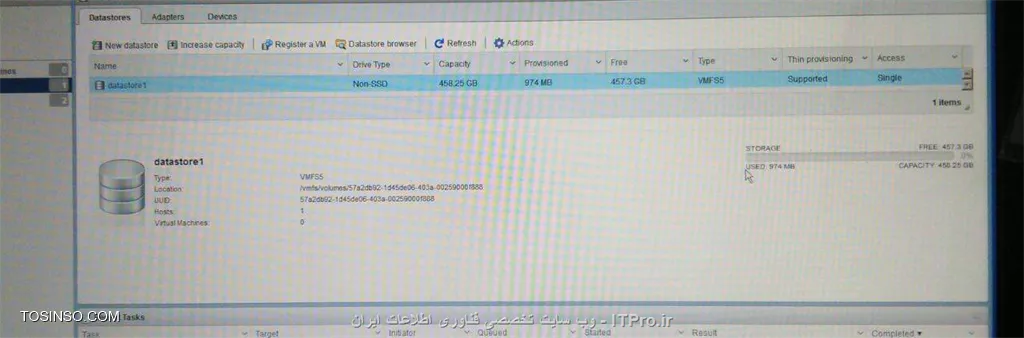 سپاسگزارم از جوابتون جناب آقای مهندس نصیری بزرگوار 

تو این یکی دو ساعت با دو روش رفتم جلو 
روش اول (نصب ESXi روی فلش )  :   هاردها رو Raid میکنم طبق همون دستورالعمل و مثلا یه پارتیشن درست میشه با یه حجم کامل (اینجا من با 4 تا هارد تست کردم )
||http://virtualization.tosinso.com/files/get/05e0fb5c-f83a-4857-addd-042a69ad2505||

همونطور که میبینین یه پارتیشن درست میشه و بعد از این محیط خارج میشم و ESXI رو با انتخاب فلش نصب میکنم . بعد از اینکه وارد محیط ESXI میشم و میخوام Datastore بسازم با این صحنه مواجه میشم : 
||http://virtualization.tosinso.com/files/get/8197c488-d3c6-4643-a5e3-60b739156513||

روش دوم ( نصب بر روی هارد)  : هاردها رو Raid میکنم و همون پارتیشن ساخته میشه و عملیات نصب رو با انتخاب یک هارد انجام میدم (اینجا با 6 هارد تست کردم)  
||http://virtualization.tosinso.com/files/get/a6dcb3ba-b10d-43d7-b89c-755b714f0a6b||
 بعد از اینکه وارد محیط ESXI میشم و میخوام Datastore بسازم با این صحنه مواجه میشم : 
||http://virtualization.tosinso.com/files/get/87e50855-48a9-47db-a597-79abce99dd75||
و این ... 
||http://virtualization.tosinso.com/files/get/0efd97a4-e4a4-4dad-afb7-3768095f444b||

همونطور که میبینید مشکل به این صورت پیش اومده 

البته اینو هم بگم در هیچکدوم از راه حل ها نمیشه در محیط esxi چندتا هارد رو باهم انتخاب کرد 


سپاسگزار میشم راهنمایی بفرمائید 

