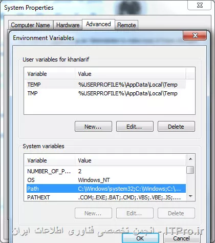 دوست من به CMD بروید و دستور زیر رو عیناً تایپ کنید ببینید جواب میده یا خیر
<c#>
c:\ windows\system32\ipconfig /all
<c#>
اگر جواب داد ، روی My Computer راست کلیک کنید سپس Properties بزنید در Xp گزینه Advanced رو انتخاب کنید در ویندوز 7 هم گزینهAdvance System Setting رو بزنید سپس از پنجره باز شده به تب Advance بروید روی دکمه Environment Variables کلیک کنید ، از قسمت System variables اسکرول کنید تا گزینه Path رو پیدا کنید سپس دکمه Edit رو بزنید و آدرسی که در ابتدای این پست رو گفتم وارد این قسمت کنید ، دقت کنید آدرسی که وارد میکنید دقیقاً در اولین مسیر باشه و در انتهای مسیر یک سمیکالن ; باشد یعنی خودتون این قضیه رو کنترل کنید تا شبیه ما بقی موارد باشه.
||http://network.tosinso.com/files/get/87f5db3e-75eb-4ddd-91fe-fdb08e39d31a||