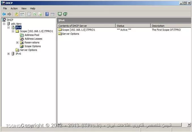 DHCP  یا Dynamic Host Configuration Protocol هسته ی یکی از سرویس های زیرساختاری شبکه محسوب می شود که مسئولیت ارائه IP آدرس ها و اطلاعات مربوط به DNS  سرورها به کلاینتها را بر عهده دارد. درمقاله |DHCP Option::http://www.tosinso.com/Articles/Details/541/DHCP%20Options| به معرفی Option ها و گزینه هایی که در نصب سرویس DHCP در ویندوز سرور 2008 به دانستن مفهوم آنها نیازمند بودیم پرداختم.در این مقاله به صورت تصویری نحوه ی نصب رول DHCP را توضیح خواهم داد و نگاهی گذرا به کنسول مدیریتی DHCP در ویندوز سرور 2008 خواهم داشت.

جهت نصب رول DHCP ، اولین موردی که باید به آن توجه داشت و پیش از نصب ،تنظیم مربوط به آن را چک کرد،داشتن Static IP سروری است که قصد نصب رول DHCP بر روی آن را دارید.در صورتی که سرور دارای Static IP نباشد،شما قادر نخواهید بود رول DHCP را بر روی آن نصب کنید.بعد از دادن IP دستی به سرور یا همان تنظیم Static IP باید طراحی های لازم جهت راه اندازی سرویس DHCP را انجام دهید.در طراحی باید موارد زیر را در نظر بگیرید:

* شبکه ای که قصد نصب این سرویس را بر روی آن دارید دارای چند سابنت و چه رنج IP می باشد؟
* IP آدرس های مر بوط به DNS سرور ،Default Gateway  و  دیگر سرورهای حیاتی و مهم در شبکه ،چه IP هایی هستند؟
*  سرویس DHCP مسئولیت ارائه خدمات به چندین کلاینت یا Device را در شبکه دارد؟
* سروری که قرار است سرویس DHCP بر روی آن نصب شود دارای چند کارت شبکه است ؟
* آیا نیاز شما اقتضا میکند که به روی هرکارت شبکه یک Scope  طراحی کنید یا نه ؟
* متناسب با تعداد کارتهای شبکه،چندین Scope خواهید داشت و کدام Scope بر روی کدام کارت شبکه قرار خواهد گرفت؟
* هر Scope باید از چه رنج IP شروع و تا چه رنج  IP ادامه داشته باشد.بهتر است Scopeها از قبل تعیین شوند.
* رنج IP مربوط به Exclusion Range را مشخص کنید.
* پیشنهاد می شود کلاینتهایی را که می خواهید IP آنها در Reservation Range قرار گیرند را مشخص کنید تا از قلم نیفتند.

!! نصب DHCP Role
جهت نصب رول DHCP ابتدا باید وارد کنسولServer Manager شوید،سپس گزینه Add Roles را انتخاب کنید:

 ||http://www.tosinso.com/files/get/49e7db6a-f526-430f-b283-eef0c7313ab5||
||http://www.tosinso.com/files/get/5ac7cf32-5bb3-4e9b-ba6e-ac73fd9855d5||
 سپس در میان رولهای نمایش داده شده در پنجره زیر،رول DHCP را تیک دارو گزینه Next را انتخاب کنید:

||http://www.tosinso.com/files/get/05e5b9ba-1932-4229-ad65-9ea4b7eeff08||
در صورتی که به سرور خود Static IP نداده باشید،در این مرحله اخطاری مبنی بر Static IP نبودن سرور و عدم امکان نصب رول DHCP را دریافت خواهید کرد.
در مرحله بعدی تعداد کارتهای شبکه ای که در سرور شما وجود دارند و شما می خواهید به روی آنها Scope های خود را تعریف کنید، نمایش داده خواهدشد. هرکدام از کارت شبکه هایی که می خواهید Scope های خود را به روی آنها تعریف کنید ،انتخاب یا تیک دار کنید.اصطلاح Connection Binding یعنی اینکه کدام رنجهای IP بر روی کدام کارت شبکه قرار گرفته باشند. 
همچنین شما درحین نصب رول DHCP  میتوانید دیگر تنظیمات مربوط به Scope ها را هم انجام دهید.در صورتی که تمایل داشته باشید Scope های خود را در همان کنسول مدیریتی DHCP انجام دهید،میتوانید از این مراحل بدون پر کردن گزینه های آن بگزرید.در اینجا ما انجام تنظیمات مربوط به Scope ها را به کنسول مدیریتی DHCP واگذار خواهیم کرد.

 ||http://www.tosinso.com/files/get/d954be2c-3741-4e67-87d9-2f18a1386ca6||
سپس در این مرحله مشخصات مربوط به Parent Domain یا دومینی که می خواهید DHCP  سرور بر روی آن فعالیت داشته باشد و همچنین مشخصات مربوط به DNS Server را وارد کنید و سپس گزینه Validate  را انتخاب کنید تا معتبر بودن DNS سرور شما بررسی و تایید شود.در صورت درست بودن IP مربوط به DNS سرور ، عبارت Valid همراه با تیک سبز رنگ در زیر آن قسمت ظاهر خواهد شد.در نهایت گزینه Next  را انتخاب کنید.

 ||http://www.tosinso.com/files/get/047dd83e-aab9-4ec0-9fa9-ef2a23c0e9e2||
در این مرحله در مورد سرویس WINS از شما سوال پرسیده می شود.در صورتی که در شبکه خود از این سرویس استفاده میکنید در اینجا IP مربوط به سرورهای آن را باید وارد کنید در غیر اینصورت گزینه اول را انتخاب و Next را بزنید:

 ||http://www.tosinso.com/files/get/c8f90b3b-bced-48bf-9612-0c8f1d61b39a||
همانطور که در بالانیز اشاره کردم شما میتوانید در حین نصب رول DHCP ، Scopeهای خود را نیز تعریف کنید .اینکار را در این مرحله از نصب رول می توانید انجام دهید.جهت تعریف Scope  کافی است گزینه Add را زده و اطلاعات خواسته شده مربوط به آن Scope را نیز وارد کنید.در غیر اینصورت گزینه Next را انتخاب کنید و وارد مرحله بعد شوید.
 
||http://www.tosinso.com/files/get/5a9b42e5-6711-44c5-8caa-de4dee95a345||
||http://www.tosinso.com/files/get/ae7a8e02-c12b-4299-9df7-3444b4a306d3||

در این مرحله در صورتی که از IPV6 استفاده میکنید میتوانید گزینه اول را جهت فعالسازی DHCPV6 انتخاب کنید.در غیر اینصورت گزینه دوم را انتخاب و Next را بزنید.
 
||http://www.tosinso.com/files/get/7e1dc8f1-17c7-45d1-b44f-abdf4f620325||

همانطور که از عنوان این پنجره بر می آید،در این قسمت نحوه Authorize کردن را انتخاب میکنید.اکتیودایرکتوری لیستی از DHCP سرورهای مجاز را در خود ذخیره میکند .جهت ذخیره و معرفی این DHCP سرور به اکتیودایرکتوری ،در این قسمت کاربری که در اکتیودایرکتوری است را وارد میکنید.در گزینه اول کاربری که با آن مشغول نصب این سرویس می باشید را انتخاب میکند که معمولا این کاربر ادمین است.در گزینه دوم شما نام کاربر دیگری را میتوانید وارد کنید.در گزینه ی آخر هم می توانید از ذخیره و معرفی این DHCP سرور به اکتیودایرکتوری خودداری کنید و گزینه Next را انتخاب کنید.اما همانطور که میبینید در پایین گزینه سوم به شما این هشدار را میدهد که این DHCP سرور برای اینکه بتواند در اکتیودایرکتوری سرویس دهد باید در آن Authorize شود.به هر حال این انتخاب شما می باشد.در نهایت گزینه Next را انتخاب کنید.

||http://www.tosinso.com/files/get/eabf314e-768e-4890-88cc-f4cadc3d7c7a||
 
در آخر خلاصه ای از اطلاعاتی که وارد کرده اید را به شما نمایش میدهد  و شما با زدن کلید Install این اطلاعات را تائید و نصب رول DHCP را آغاز میکنید.در صورتی که قسمتی از اطلاعات به درستی وارد نشده است گزینه  Previous را انتخاب و آن قسمت مورد نظر را اصلاح کنید.

||http://www.tosinso.com/files/get/7cf3ecd5-e7f5-4656-b614-a0ea465ad130||
 
با انتخاب گزینه Install ، رول DHCP شروع به نصب میکند.

||http://www.tosinso.com/files/get/be4b7009-f294-4b9d-9161-aa79f43cf497||
 
و در نهایت رول DHCP نصب می شود:
 
||http://www.tosinso.com/files/get/ab71f3f7-eae5-4fe1-900c-ecf8be4eeb96||

جهت وارد شدن به کنسول مدیریتی DHCP سرور از طریق منوی استارت،گزینه Administrative Tools و سپس DHCP را انتخاب کنید یا در Run تایپ کنید: dhcpmgmt.msc

شکل زیر نمایی از کنسول مدیریتی DHCP سرور است:

||http://www.tosinso.com/files/get/9d02c750-7c35-4dc4-9607-627f90456827||

!! ایجاد Scope جدید
برای ایجاد یکScope جدید در کنسول مدیریتی DHCP ،بر روی IPV4 راست کلیک کرده و گزینه New Scope را انتخاب کنید.سپس مراحل زیر را با دقت دنبال کنید:
 
||http://www.tosinso.com/files/get/34d01466-0152-4896-8166-7742f011fd8f||
||http://www.tosinso.com/files/get/b252e709-06b6-4010-9263-7b276c3ccf82||
 
در این پنجره باید برای Scopeی که می خواهید ایجاد کنید نامی انتخاب کنید و برای آن می توانید توضیحاتی را در قسمت Description اضافه کنید.Description در مواقعی که تعداد Scope ها زیاد باشد بسیار کاربردی می باشد.سپس گزینه Next را انتخاب کنید:

||http://www.tosinso.com/files/get/9fe64976-e2b7-4ee8-a34d-03144fc29c63||
 
در این پنجره،رنج IP ی که می خواهید آن Scope داشته باشد را مشخص می کنید.به خاطر داشته باشد که در End IP ، 8 کاراکتر آخر نمی تواند بیشتر از 254 باشد(همانطور که می دانید از 255 جهت Broadcast استفاده می شود). متناسب با رنج IP ی که واردمیکنید و کلاسی که آن رنجIP دارد،در قسمت پایین به صورت خودکار Subnet پر می شود:

||http://www.tosinso.com/files/get/47653958-410e-44a5-b8e7-0848a93487fa||
 
در پنجره بعدی شما آن رنجی را که می خواهید به عنوان Exclusion Range در نظر بگیرید را تعریف میکنید.شما می توانید بیش از یک Exclusion Range تعریف کنید.همانطور که میبینید در اینجا دو رنج IP برای Exclusion Range در نظر گرفته شده است:
 
||http://www.tosinso.com/files/get/a4f5cca4-1815-44ae-b36d-1cdd28af941b||

همانطور که از اسم این پنجره بر می آید،شما در اینجا مدت زمانی را که می خواهید IP ها را به کلاینتها قرض بدهید را تعریف می کنید،این مدت زمان یا همان Lease Duration به صورت پیش فرض 8 روز در نظر گرفته شده است که می توانید آن را تغییر دهید:
 
||http://www.tosinso.com/files/get/1fa23d7d-5a2b-4f5b-869f-22e83d7dde20||

در پنجره بعدی مشخص میکنید که آیا می خواهید تنظیمات مربوط به Option های DHCP را انجام دهید یا نه؟در اینجا جهت انجام این تنظیمات گزینه اول انتخاب شده است:

||http://www.tosinso.com/files/get/4ceda800-8a6c-42b8-bc71-0fe5f861c063||
 
Default Gateway های خود را در این قسمت تعریف و سپس Next را انتخاب کنید:

||http://www.tosinso.com/files/get/0a0c83ef-0d91-43c0-a71e-efbd5718af35||
 
در مرحله بعدی نام دومین و مشخصات مربوط به DNS Server را وارد کنید و گزینه Next را انتخاب کنید:

||http://www.tosinso.com/files/get/0d7d3874-6843-4b34-b2b7-09fbfae2d0b7||
 
در صورتی که از سرویس WINS استفاده میکنید اطلاعات مربوط به آن را وارد کنید ،در غیر اینصورت هم مجددا گزینه Next را انتخاب کنید:

||http://www.tosinso.com/files/get/2240e1fe-d43e-46a4-acea-a66de90341e7||
 
در این پنجره از شما پرسیده می شود که آیا می خواهید Scope مورد نظر را فعال کنید یا خیر؟در اینجا گزینه اول جهت فعالسازی Scope انتخاب شده است:
 
||http://www.tosinso.com/files/get/ae9083c0-05aa-4546-8595-30643ec0ff85||

و در نهایت با انتخاب گزینه Finish ،Scope  مورد نظر شما ایجاد خواهد شد:

||http://www.tosinso.com/files/get/51623f82-3668-4d53-b0c8-d0787a10bc3c||
 
و این هم نمایی از Scope ی که ایجاد کرده اید:

||http://www.tosinso.com/files/get/883a7d9c-1a06-417e-a07a-e6b23a5ec24f||
 
!! Scope Options
*Address Pool:*
کلیه IPهای مربوط به Scopeی که تعریف کرده اید در این قسمت قرار دارند.

*Address Lease:*
هر کلاینتی که در شبکه بالا بیاید و از سرویس DHCP ، IP دریافت کند در قسمت Address Leases ظاهر خواهد شد.

*Reservation:*
جهت اختصاص دادن Static IP به برخی از کلاینتهای بخصوص در این قسمت می توانید IP را برای آن کلاینتها را تعریف کنید.بر روی Reservation راست کلیک کرده و New Reservation را انتخاب کنید و سپس اطلاعاتی که از شما خواسته شده است را وارد کنید:
 
||http://www.tosinso.com/files/get/b47b5539-2d25-4c5f-b24d-f18d5fc240f3||
||http://www.tosinso.com/files/get/e98f70a0-d7bf-48f1-8320-e8e8f797e3f0||
 
*Scope Option:*
در این قسمت می توانید تنظیمات مربوط به Scope را ایجاد یا تغییر دهید.بر روی Scope option راست کلیک و گزینه Configure Option را انتخاب کنید:
 
||http://www.tosinso.com/files/get/1519b44e-51b7-4855-90d5-944f365797c0||
||http://www.tosinso.com/files/get/124f24c0-3cf9-4966-8522-dc9ef93f2115||
 
!! نتیجه گیری
DHCP یکی از سرویس های پایه ای و اساسی در شبکه محسوب می شود که تعریف،نصب و راه اندازی آن همانند دیگر سرویس های مهم شبکه نیازمند دقت و طراحی  می باشد.در این مقاله سعی شد نگاهی بر مبانی لازم جهت نصب و راه اندازی این سرویس مهم را  ارائه دهم.


نویسنده : فاطمه قرباوی
منبع : |جزیره سرویس های شبکه مایکروسافت وب سایت توسینسو::https://tosinso.com/microsoft|
هرگونه نشر و کپی برداری بدون ذکر منبع دارای اشکال اخلاقی می باشد. 