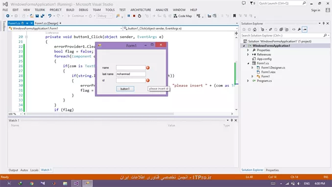 سلام
میتونی با یک error provider از کد زیر استفاده کنی
به نحوی که داخل tag هر مثلا textbox اسم اون فیلد رو قرار میدی .
مثلا اینجا برای textbox که قراره id رو بگیره داخل تگش نوشتم id و بعد از کد زیر استفاده میکنی :
<c#>
        private void button1_Click(object sender, EventArgs e)
        {
            errorProvider1.Clear();
            bool flag = false;
            foreach(Component com in this.Controls)
            {
                if(com is TextBox)
                {
                    if(string.IsNullOrEmpty((com as TextBox).Text))
                    {
                        errorProvider1.SetError((com as TextBox), please insert  + (com as TextBox).Tag);
                        flag = true;
                    }
                }
            }
            if (flag)
                return;
            else
            {
                // your code
            }
        }
<c#>

||http://programming.tosinso.com/files/get/88e55ee0-348d-4ac7-9455-8249d739aad4||
