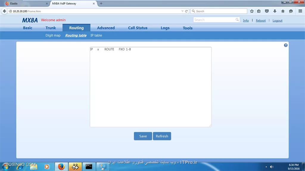 گام اول : تنظیمات Gateway ، Newrock
1-	اتصال به محیط گرافیکی:
Ip پیشفرض در مدل های مختلف Gateway های Newrock متفاوت است در جدول زیر چند نمونه از مدل ها نشان داده شده است.
 
     ||http://tosinso.com/files/get/f25f27a3-cb58-4545-9de0-3564304e8987||

 Ip دستگاه را در مرورگر وارد کنید تا محیط login دستگاه نمایش داده شود .

||http://tosinso.com/files/get/a8bce7b8-e036-470f-9bb7-8d3a8c636345||

به صورت پیشفرض username همه دستگاه های newrock ، admin و Password آن در مدل های مختلف متفاوت است جدول زیر به بخشی از آنها اشاره کرده است.

||http://tosinso.com/files/get/f916e55c-fb72-44a2-bff7-8ff71a615dda||

2-	بعد از ورود به محیط تنظیمات ابتدا باید sip server Elastix را به دستگاه معرفی کنیم  تا ارتباط بین elastix و gateway برقرار شود . برای این کار از مسیر زیر اقدام میکنیم .
                                                                                                                                                                                                                       Basic --- SIP
||http://tosinso.com/files/get/5baef045-c717-40f1-b775-0b6c73b7227a||

حال فییلدهارا بر اساس جدول زیر پرکنید و تنظیمات را save کنید.
پورت پروتوکل  sip (پورت پیشفرض پروتوکل sip ، 5060 است)	   :  Local signaling port
Ip سرور Elastix و پورت آن (پیشفرض 5060 )                            :   	Registrar server    
Ip سرور Elastix و پورت آن (پیشفرض 5060 )                            :         	Proxy server  
Per line	                :                                                                   Registrar mode

برای مثال 
Local signaling port    :                        5060
Registrar server         :      10.20.30.1:5060
Proxy server             :      10.20.30.1:5060
Registrar mode         :                      Per line

3-	بعد از تعریف sip server  باید برای مسیردهی پورت های FXO به سمت سرور Elastix ترانک (Trunk) ایجاد کنیم . برای ایجاد ترانک از مسیر زیر اقدام میکنیم.
                                                                                                                                                                                                    Trunk ---- Trunk 
||http://tosinso.com/files/get/0dd4d4a3-a10b-4f87-a3ac-6e1c18b05b72||

در بخش Trunk ID پورت FXO مورد نظر را انتخاب کنید Inbound handle را Binding  قرار دهید local SIP port را5060  و در بخش Number عددی دلخواه را وارد نمایید و گذینه های Caller ID detection  و Echo cancelation را تیک بزنید و این کار را برای تمام پورتهای FXO مورد نیازتان انجام دهید . بیاد داشته باشید که برای مسیردهی پورت های FXO با Elastix عددی که در بخش Number معرفی میکنید را باید در بخش Inbound Route  سرور Elastix و درقسمت DID Number  وارد کنید . 

پورت FXO مورد نظر	                               Trunk ID
Binding 	                                    Inbound handle
عددی دلخواه 	                                        Number
نمایش شماره تماس گیرنده	Caller ID detection  
حذف اکو از صدا 	                          Echo cancelation

برای مثال: 

Trunk ID                             FXO-1
Inbound handle                 Binding
Number                                9999
4-	حال باید برای مسیردهی تماس هایی که از سمت سرور Elastix می آید Route  بنویسیم . برای نوشتن Route  از مسیر زیر اقدام میکنیم .
                                                                                                                                                                  Routing ----- Routing Table          
||http://tosinso.com/files/get/89a440a0-2e80-4d00-a765-88042dfcad61||

در Box پیشه رو Route  مورد نظر را مینویسیم . این Route  به این معناست که تمام درخواست ها از سمت سرور Elastix را به سمت پورت های FXO بفرست .  
                                                                                                                                                                                       IP    X    ROUTE   FXO 1-8  
||http://tosinso.com/files/get/aa8a7501-d83e-4be9-81d2-3d1cadd4bc31||

5-	در اخر از تب Advance وارد  تب Tones شده و Country/region  را IRAN قرار میدهیم و دستگاه را یکبار Restart میکنیم . 

||http://tosinso.com/files/get/2148f7bb-0f89-4670-9ce1-fd3707ccb2b1||

گام دوم : تنظیمات سرور Elastix
1-	ایجاد Trunk  برای معرفی Gateway Newrock به  .Elastix برای ایجاد trunk  از مسیر زیر اقدام مینماییم :
                                                                                   PBX - PBX Configuration - Trunk - add sip trunk                                                                                                               در قسمت Outgoing Settings موارد زیر را مطابق شکل زیر پرکنید . نامی دلخواه برای Trunk درنظر بگیرید. 

||http://tosinso.com/files/get/be18aed9-422a-434d-bfbc-08ba550d35b8||

Trunk Name	           Trunk
host	Ip                   newrock
qualify	                     YES
Port                         	5060
type	                          PEER

2-	تعریف Inbound Routes برای مسیردهی تماس های ورودی از Gateway Newrock به سرور elastix در این قسمت تعیین میکنم که تماسهایی که وارد Elastix میشوند به کجا هدایت شون . برای مثال به تماس ورودی به داخلی مورد نظر یا منشی تلفنی (IVR) ،صف یا گروه پاسخ گو (Ring Group) یا ... هدایت شود .برای تعریف Inbound Routes  از مسیر زیر اقدام میکنیم .DID Number را همان شماره ای که در قسمت Trunk در Gateway newrock قرار دادیم مقدار دهی میکنیم ودر قسمت Set Destination ، Destination  مورد نظر را برای مسیردهی تماس ورودی قرار میدهیم .
                                                                                                                                                                     PBX - PBX configuration - Inbound Routes - Add Incoming Route

||http://tosinso.com/files/get/559ddd08-123d-4d22-844d-167e0641848f||
||http://tosinso.com/files/get/6caba472-aafe-4098-95d7-dd0763243cf5||

قسمت Set Destination شامل موارد زیر است . 

||http://tosinso.com/files/get/45d273d4-c2fb-4c1a-ab27-bfaac754ee0e||


3-	تعریف Outbound Routes برای مسیردهی تماس ها به سمت Gateway newrock . برای تعریف Outbound Routes از مسیر زیر اقدام میکنیم .اسمی دلخواه در قسمت Route Name انتخاب کنید و در قسمت Dial Patterns الگوی تماس دلخواه خود را وارد و در اخر از قسمت Trunk Sequence for Matched Routes ترانک مورد نظر برای هدایت تماسها به سمت Gateway  انتخاب کنید.
                                                                                                                                                                                                                PBX - PBX Configuration - Add Route

||http://tosinso.com/files/get/78056424-8215-4b2b-951f-64236308fe54||

روشهای Dial Pattern نویسی :

||http://tosinso.com/files/get/3f41a388-ec63-43f3-9a3a-a1245e184495||

PREPEND  =عددی یا مجموعه اعدادی که می خواهیم به شماره مورد نظر ما اضافه شود.
PREFIX  =عدد یا اعدادی می باشد که می خواهیم از شماره تماس گرفته شده حذف گردد.
   = MATCH PATTERN شماره هایی که در نهایت به سمت ترانک خروجی هدایت می شوند.
CALLER ID  = این پارامتر برای زمانی می باشد که ما میخواهیم این قانون برای یک داخلی خاص اعمال گردد.
کارکترهایی که در Dial Pattern مورد استفاده قرار میگیرد :
.	همه ی اعداد به هر تعدادی
X	اعداد بین 0 تا 9
Z	اعداد بین 1 تا 9
N	اعداد بین 2 تا 9
[ , ]       [ - ]	اعداد نوشته شده بین 2 عدد -  اعداد نوشته شده ,

 برای مثال:  
گرفتن شماره مبایل	                                                                09xxxxxxxxx                              
گرفتن شماره ثابت درون شهری (برای مثال شیراز)                       	0713zxxxxxx            

بعد از انجام مراحل گفته شده شما میتوانید هم به بیرون تماس داشته باشید هم از بیرون به داخل تماس دریافت کنید . 
موفق و پیروز باشید. 

نویسنده : آرش حیدری
منبع : |جزیره ویپ وب سایت توسینسو::https://tosinso.com/network|
هرگونه نشر و کپی برداری بدون ذکر منبع و نام نویسنده دارای اشکال اخلاقی است