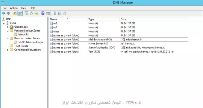 سوالی در مورد پنل dns برای exchange داشتم که اگر محبت کنید و همفکری نمایید با اینجانب ممنون خواهم شد 
سوال بنده اینه که یک دامین برای تست در نظر گرفتم به اسم iranoc.ir و حدود 2 روز پیش دو رکورد ns در پنل برا آن با ip یکسان اختصاص دادم، بعد در سرور edge یک dns نصب کردم و forward و reverse رو برای این نام ساختم و تصویری از dns براتون فرستادم، و مشکلی که وجود داره از بیرون قابلیت ایمیل زدن نداره و از طرفی رکورد ns که در پنل سایت nic.ir تغییر دادم در اینترنت آپدیت شده است
در ضمن در سایت http:/mxtoolbox.com وقتی تست های dns رو برای این دامین میزنم پیغام زیر رو میده 

Loop detected! We were referred back to '84.241.57.212' 


||http://tosinso.com/files/get/8a1c402b-cc4d-487f-9149-38e5e38133e8||