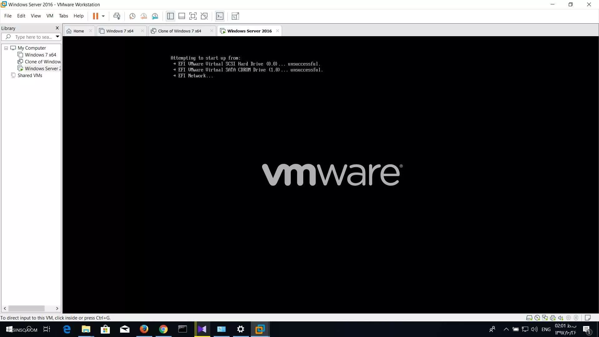 سلام وقت بخیر دوستان 
میدونم جای این سوال اینجا نیست ولی اگه دوستان راه حلی دارن راهنماییم کنن
میخوام ویندوز سرور 2016 رو در vmware نصب کن بعد از تنظیمات اولیه و run  کردن ماشین برنامه همون اول صفحه سیاه میاد و ارور زیر رو میده بعد حدودا 30 تا 40 ثانیه تنظیمات بایوس رو بالا میاره . نمیدونم چیکار باید بکنم سی دی رام رو گذاشتم حالت first boot بازم نشد ضمنا ویندوز 7 رو نصب کردم بدون هیچ گونه مشکل .
vmware version 15
||https://tosinso.com/files/get/8a97411d-7769-44ab-bdac-57ca507cb9be||||https://tosinso.com/files/get/3f5412dc-cec1-4619-b9f6-60382baee31b||