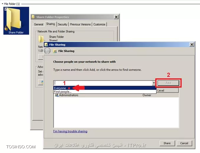 سلام به دوستان عزیز... دسترسی به فایل ها و فولدر های به اشتراک گذاشته شده توی ویندوز از طریق اسمارت فون ها یکی از قابلیت های بسیار مفید و فرح بخشیه که میتونید از این طریق به آسونی هر چه تمام تر تجربه کنید.... اضافه کنم که این آموزش برای سیستم اندرویده اما برای IOS هم دقیقا مثل همین روش استفاده میشه. تو این پست آموزشی مقدماتی با توضیحات و عکس روش اینکار رو برای شما عزیزان توضیح دادم :
برای اینکه بتونید به فایل و فولدر های دلخواهتان از طریق گوشی خودتون دسترسی داشته باشین لازمه که فولدر های مورد نظزتون از طزیق شبکه WIFI به اشتراک بگذارید.برای share یا همون اشتراک گذاری فولدر طبق عکس عمل کنید....این روش اشتراک گذاری برای ویندوز 7 به بالا آموزش گذاشتم : 

از فولدر مد نظرتون کلیک راست و properties گرفته و از سربرگ های بالا تب sharing رو انتخاب کنید.و طبق عکس دکنه share را کلیک کنید.

||http://tosinso.com/files/get/9a3f6672-56bc-4362-aab2-706900d3fe9e||
در پنجره file sharing از منوی کشویی گزینه گروه کاربری everyone را انتخاب کرده و پس از انتخاب دکمه add رو بزنید.

||http://tosinso.com/files/get/8aae0254-dfe0-46a6-a511-427412af4f23||
پس از انتخاب everyone لازمه که برای سطح دسترسی به فولدر مجوز صادر کنید.بهتره که شما مجوز رو بروی read ست کرده تا از delete و تغیرات فولدر و محتویات اون هم جلوگیری بشه. و در آخر هم دکمه share را کلیک کنید.

||http://tosinso.com/files/get/33ab7abc-7140-4dcf-b9ee-824540b4aae6||
خیلی خب حالا سراغ اسمارت فون خودتون برید و آخرین ورژن برنامه ES File Explorer رو از بازار یا ایران اپس و یا از طریق این لینک |ES APP GROUP::http://www.estrongs.com/?lang=en| دانلود و نصب نمایید.
خب حالا در اسمارت فون خودتون برنامه es file explorer را باز کرده به صفحه homepage بروید و طبق عکس روی Lan کلیک کنید:

||http://tosinso.com/files/get/4c9dfdbd-8844-4860-a011-65285fd4a1b7||
در پنجره LAN دکمه New رو کلیک کنید تا پنجره مجاوره ای کانفیگ شبکه باز شود :

||http://tosinso.com/files/get/26051be0-e6f0-4c80-b130-52aac92cc747||
خیلی خب طبق راهنمایی عکس عمل میکنیم :

||http://tosinso.com/files/get/82a2def7-2fca-4969-b72d-b5cb5a3c1393||
در فیلد domain شما میتونید Computer Name یا همون اسم کامپیوتر خودتون رو وارد کنید.اگر نمیدونید اسم کامپیوتر شما چیه کافیه که از My Computer ویندوز خودتون properties گرفته از پنجره باز شده قسمت computer name اسم کامپیوتر شما در اونجا درج شده.... یا اینکه اصلا میتونید فیلد domain رو خالی بگذارید.
در قسمت سرور شما بایستی آدرس IP کامپیوتر خودتون رو وارد کنید.
معمولا همه مودم ها آدرس IP شون به این صورته : 192.168.0.1 پس در نتیجه IP کامپیوتر شما این میشه : 192.168.0.2....اگر نبود دکمه های ترکیبی windows + R ر زده تا run باز شود در داخل ران عبارت CMD را تایپ کنید تا پنجره داس مانند CMD باز بشه.در داخل cmd این عبارت را تایپ کنید : IPCONFIG تا آدرس IP واقعی سیستم شما بدست بیاد.
IP شما هر چی بود شما باید در فیلد server عینا وارد کنید.
خیلی خب.حالا در فیلد user name شما باید نام کاربری یا همون account جاری ویندوز خودتون رو وارد کنید.ضمن اینکه باید اکانت شما پسورد هم داشته باشه.چون بدون پسورد دسترسی به فولدر های به اشتراک گذاشته شده به مشکل میخوره.
چک مارک anonymous را غیر فعال به حال خودش رها میکنیم و در فیلد display as به دلخاه نامی برای server ایجاد میکنیم و سپس OK میکنیم.

میبینید که به راحتی تمام شما تونستید به فولدر به اشتراک گذاشته شده روی کامپیوتر خودتون دسترسی داشته باشید.

||http://tosinso.com/files/get/7a52dc2b-6b9c-49e6-bc17-e06e40242753||
حالا شما این توانایی رو دارید که تمامی فایل ها اسناد موزیک ها و حتی فیلمای های روی هارد خودتون رو با اسمارت فون ببینید و لذت ببرید.

دسترسی به شیر فولدر ها از این طریق کاملا با اکتیو دایرکتوری و سطوح دسترسی سرور و گروه های دومین تطابق کامل داره و ضمن اینکه بخوبی هم File Server رو هم پشتیبانی میکنه.

*نکته:*
اگه با رعایت صحیح اعمال مجوز های داده شده برنامه ES File Explorer به مشکل برخورد پیشنهاد میشه که از اپلیکیشن FX File Explorer استفاده کنید ضمن اینکه FX File Explorer برای فیلم دیدن خیلی بهتره از ES File Explorer عمل میکنه.چون Buffer فایل ویدیو رو به خوبی از سرور Cache میکنه.

نویسنده : 
منبع : |جزیره موبایل و گجت های هوشمند وب سایت توسینسو::https://tosinso.com/icdl|
هرگونه نشر و کپی برداری بدون ذکر منبع و نام نویسنده دارای اشکال اخلاقی است