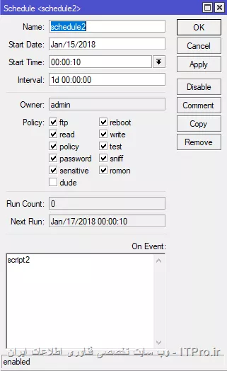 با سلام خدمت همه دوستان
من روی روتر میکروتیک یکpppoe client ساختم و میخوام از طریق vpn و استفاده از usermanager به کاربرا اینترنت بدم.اما یک مشکلی دارم اونم اینه که من زمان شارژ مجدد برای هر اکانت رو یک روزه تعریف کردم ولی این اتفاق نمیفته.یعنی هر روز شارژ نمیشه و تا زمانی که اکانتش شارژ داشته باشه میتونه وصل بشه به محض اینکه ترافیکش تموم شد پروفایلش در پنل usermanger میپره  حالا میخواد همون روز باشه یا 3 روز دیگه زمانی هم که ارور 691 براش اومد من باید برم به صورت دستی براش دوباره شارژ کنم!! این ایراد از کجا میتونه باشه؟؟؟
<left>
/tool user-manager user reset-counters [/tool user-manager user find]

<left>
<left>
/system reboot
<left>
||https://tosinso.com/files/get/bf710fc0-a6af-4f1a-9d84-9ef93089b457||||https://tosinso.com/files/get/8abd0b7b-444c-4643-940c-72806ba83c76||
                                                                               