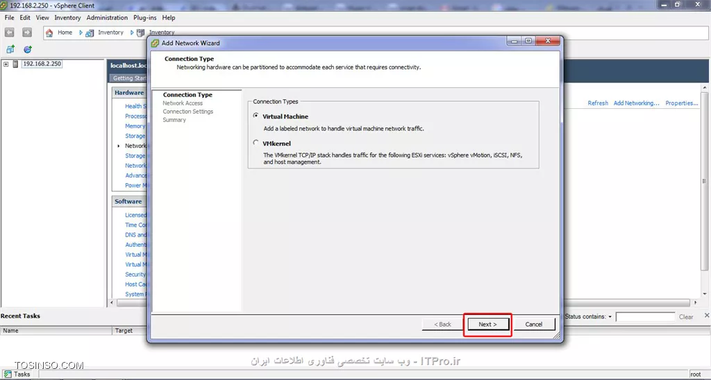 خیلی خیلی ممنونم از راهنماییتون.همونطور که گفتین قسمت networking رو چک کردم.دوتا کارت شبکه add  شده که دومی رو دیروز از کنسول تحت وب esxi اضافه کردم.اما همونطور که در تصویر اول می بینید تو قسمت network adapters هر چهارتا کارت شبکه دیده میشن.با اجازه شما من چند تا تصویر از وضعیت کارت شبکه ها توی esxi میذارم و البته بگم خدمتتون که مراحل add کردن رو تا قبل از دکمه finish رفتم.اما چون روالش مربوط به اضافه کردن vswitch بود finish رو نزدم و تصاویر مراحل رو گذاشتم .شاید نکته ای داشته باشه که نیاز باشه قبل از add کردن vswitch ها راجع بهشون راهنماییم کنین.عذر می خوام و مچکرم.
||http://network.tosinso.com/files/get/6eff6d54-f8b8-4758-806c-a5d84349cae4||
||http://network.tosinso.com/files/get/45b0df0d-d910-4a45-8a8f-dd3727e07fc2||
||http://network.tosinso.com/files/get/8ae11f48-3653-4eb6-91a8-adf3ad1ba920||
||http://network.tosinso.com/files/get/bdd73420-ff2a-42e0-b64c-f9c8aa919610||
||http://network.tosinso.com/files/get/f6edd907-30e5-46e2-9ed2-82310716a4f3||
