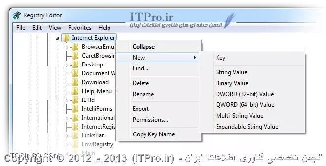 !!! Registry چیست ؟

رجیستری ویندوز یا همان Windows Registry یک پایگاه داده است که بسیاری از تنظیمات ویندوز از جمله تنظیمات سخت افزارها و نرم افزارهای نصب شده در ویندوز را در خود ذخیره میکند. تقریبا تمامی تنظیماتی که شما در محیط گرافیکی ویندوز انجام میدهید در نهایت در رجیستری ثبت میشوند . در این آموزش تصمیم داریم تا با Registry Editor آشنا بشیم و روش ساخت کلیدها و داده ها و ویرایش آنها را با هم مرور کنیم ، یکی از کارهایی که ویروسها میکنند همین هست ، آنها با تغییرات در رجیستری  ویندوز میتوانند کارهای زیادی انجام دهند مثلا جلوی نمایش فایلهای مخفی را بگیرند!!! یا با هر بار بوت شدن ویندوز خوشون رو اجرا کنند . رایجترین راه برای دسترسی به رجیستری تایپ Regedit در Run است که با اجرا شدن دستور پنجره ی Windows Registry را مشاهده میکنید. با تصویر زیر دقت کنید، با کلیک بر روی هر کدام از این شاخه ها در سمت چپ میتوانید زیر شاخه ی آن که کلید هم نامیده میشوند ببینید و با انتخاب هر کلید میتوانید مقادیر و داده های آن را در سمت راست مشاهده کنید و با دابل کلیک روی هرکدام از داده ها میتوانید مقدارش را مشاهده و یا ویرایش کنید و یا با راست کلیک روی آنها و انتخاب Rename میتوانید نامشان را عوض کنید

||http://www.tosinso.com/files/get/a4da1b97-9c9f-4810-9ded-9c5a7768da0c||

!!! معرفی شاخه های اصلی

در این پایگاه داده چند شاخه اصلی را مشاهده میشود ، که اصطلاحا به آنها Hive (کندو) گفته میشود و با باز کردن هر کدام ، زیر مجموعه های آنها را بصورت یک ساختار درختی مشاهده میکنید توضیح بسیار کوتاه راجع به هر کدام میدهیم:

* *HKEY__CLASSES__ROOT :* شامل تناظر پسوند فايل ها و یک سری تنظیمات دیگر در ویندوز است.
* *HKEY__CURRENT__USER :* این شاخه به HKEY USERS اختصاص داده شده است و هر تغییراتی که در آن اعمال میشود در HKEY__USERS و در SID آن کاربر مورد نظر هم دیده میشود ، این شاخه شامل تنظيماتي می باشد مختص آن كاربری که لاگین کرده.
* *HKEY__LOCAL__MACHINE :* شامل تنظيماتي است كه به طور سراسري به ویندوزتان اعمال مي شود و به كاربرتان وابسته نيست.
* *HKEY__USERS :* این شاخه ، شامل اولویتهای منحصر به فرد برای هرکاربر میباشد.هر کاربر با استفاده از یک SID قرار گرفته در زیر شاخه اصلی نمایش داده میشود.
* *HKEY__CURRENT__CONFIG :* این شاخه به تنظیماتی مختص پیکربندی سخت افزار سیستم میباشد.


!!! ایجاد یک کلید یا داده جدید

زمانی که شما روی یک کلید راست کلیک میکنید منویی به شکل زیر نمایش داده میشود و با کلیک بر روی New انواع داده ها را مشاهده میکنید

||http://www.tosinso.com/files/get/8af1945f-5a91-40c7-be22-a9f238db013f||
با انتخاب Key یک کلید یا یک شاخه دیگر ایجاد خواهد شد و با انتخاب دیگر موارد میتوانید دیگر انواع داده ها را اضافه و مقدار دهی کنید


!!! انواع داده های رجیستری :

*String Value یا REG_SZ : *یک رشته استاندارد است که برای نمایش متن قابل خواندن برای انسان بکار گرفته میشود.

*Binary Value یا REG_BINARY :* داده ها را بشکل داده های باینری خام ذخیره میکند. اکثر اطلاعات مربوط به اجزاء سخت افزار بشکل داده های باینری هستند. و در یک ویرایشگر میتوانند به شکل هگزیمال نمایش داده شوند

*DWORD Value یا REG_DWORD :* این نوع، داده را با یک عدد چهار بیتی نمایش میدهند یعنی در محدوده 0 تا 42949672295 و معمولا برای مقادیر بولی بکار میرود برای مثال عدد 0 یعنی غیر فعال و عدد 1  برای فعال و ممکن است اعداد دیگر هم برای تغییرات دیگر باشند

*Multi-StringValue یا REG MULTI SZ :* یک رشته چندگانه است و جهت نمایش مقادیری که شامل مقادیر چند گانه و یا لیستها بوده و هر کدام توسط یک کاراکتر NULL از یکدیگر جدا شده اند بکار میرود

*Expandable String Value یا REG EXPAND SZ :* یک رشته داده قابل رشد است که رشته شامل یک متغیر میباشد که با فراخوانی برنامه های کاربردی جایگزین خواهد شد.


!!! تهیه نسخه پشتیبانی از کلیدهای رجیستری

اگر بخواهید از یک کلید یک نسخه صادر کنید تا در صورتی که در آن کلید و زیر مجموعه هایش داده اشتباهی وارد کردید بتوانید آن را دوباره به حالت اول برگردانید میتوانید روی کلید مد نظرتان راست کلیک کرده و Export را بزنید و در پنجره باز شده آدرس فایلی که میخواهید ذخیره کنید را به همراه نام آن بدهید

||http://www.tosinso.com/files/get/faef13ee-6b76-4a2b-b88e-b8c524f247a8||
حالا اگر بخواهید نسخه صادر شده را بازگردانید میبایست در پنجره Registry Editor در منوی File رفته و Import را بزنید و سپس آدرس فایل ساخته شده را بدهید ( میتوانید به جای این کار خود فایل ساخته شده را اجرا کنید ) ممکنه با دستکاری نادرست در بعضی از قسمتها مشکلاتی در ویندوزتون بوجود بیاد و یا حتی ویندوزتون بوت نشه!!! به همین خاطر پیشنهاد میکنم که اگر در این زمینه مبتدی هستید چیزهایی رو که اصلا نمیدونید چیه دستکاری نکنید و اگر قرار بود که در تنظیمات یکی از کلیدها رجیستری ، تغییراتی ایجاد کنید از اون کلید حتما Export بگیرید تا اگر به مشکل برخوردید و فراموش کردید که مقدار اولیه اون چی بوده ، بتونید با Import کردن ، اون دوباره رجیستری خود را به حالت اول برگردونید.


!!! استفاده از Favorites

ممکنه که در یک مسیر از رجیستری تغییراتی ایجاد کنید و با جا به جایی مسیر قبلی فراموش بشه و یا ممکنه که بدلیل پیچیدگی مسیر ، پیدا کردن اون وقت گیر باشه ، در چنین مواقعی شما میتونید با اضافه کردن مسیر مورد نظر به Favorites ، برای دفعات بعدی خیلی سریعتر بتونید وارد مسیر مورد نظر بشید

||http://www.tosinso.com/files/get/8ef3efe4-aaa2-4f96-ab62-7f7efc31977d||
وارد مسیر مد نظرتون بشید و از منوی Favorites روی Add to Favorites رو بزنید و بعد از اون در پنجره بعد نام دلخواه خودتون رو وارد کنید برای مثال ما اینجا IE Home Page را در نظر گرفته ایم و بعد OK از اون به بعد وقتی که بخواهید به مسیری که از قبل بودید وارد بشید در منوی Favorites رفته و روی همون نام انتخابی خودتون کلیک کنید

||http://www.tosinso.com/files/get/39553845-ca10-42f4-8f10-b82434e18da0||
هدف از نوشتن این مقاله آشنایی شما با ساختار Registry Editor و روش ویرایش داده ها در اون بود ، |در سری مطالب بعدی::https://tosinso.com/Articles?tag=%D8%AA%D8%B1%D9%81%D9%86%D8%AF%20%D8%B1%D8%AC%DB%8C%D8%B3%D8%AA%D8%B1%DB%8C| با ترفندها و کارهایی که میشه باهاش انجام داد بهتر آشنا میشویم.

نویسنده : سعید شمس آبادی
منبع : |جزیره مبانی کامپیوتر و مهارت های هفتگانه وب سایت توسینسو::https://tosinso.com/icdl|
هرگونه نشر و کپی برداری بدون ذکر منبع و نام نویسنده دارای اشکال اخلاقی می باشد.