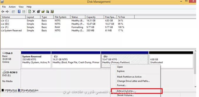 ضمن تشکر از دوستان عزیز
البته که جواب سوال شما همان برنامه هایی هست که دوستان معرفی میکنند در  disk management ویندوز و بر اصول و سیاست ویندوز نمیتونید کاری کنید مگر اینکه با نرم افزار های جانبی مثل ابزار هایی که دوستان معرفی کردن میتونید این کار رو انجام بدید ،  ولی جهت اطلاعات بیشتر شما و کاربران دیگر اضافه میکنم ،  شما در ویندوز زمانی میتونید از گزینه Expand استفاده کنید که دقیقاً بعد از اون پارتیشن فضای unallocated داشته باشید وگرنه نمیتونید این کار رو انجام بدید البته خود ویندوز میگه اگر میخوایی فضای درایوی رو اضافه یا Expand کنید که فضای Unallocated کمی با فاصله از اون درایو ایجاد شده(شبیه مثال شما البته بدون درایو ویندوز) باید اون پارتیشن به Dynamec تبدیل بشه یعنی از حالت Basic خارج میشه و دیگه نمیتونی Praymary داشته باشی و این موضوع در درایوی که ویندوز د اخلش باشه عملی نمیشه به تصاویر زیر دقت کنید
||http://icdl.tosinso.com/files/get/2f4e5a71-64df-4caa-820e-ff0485e4f15c||
تصویر بالا نشان میدهد درایو ویندوز در  Disk 0 قرار دارد و Disk به صورت basic قرار دارد
||http://icdl.tosinso.com/files/get/f3ed08ea-ed82-4878-a843-eee806756dce||
||http://icdl.tosinso.com/files/get/79f438e6-058a-4f9f-b571-00024d4df097||
تصاویر بالا نشان میدهد که درایو D را Shirink کرده و فضایی را به صورت unallocated در می آوریم
||http://icdl.tosinso.com/files/get/88047ae1-6731-403b-95a4-f8949fda5505||
تصویر بالا نشان میدهد  که ما نمیتوانیم درایو C را Expand کنیم
||http://icdl.tosinso.com/files/get/8b03462c-9b5b-4fb4-89c9-b3f2490b19cb||
ولی در درایو D که ما قبل Unallocated هست میتوان فضا را به D اضافه کرد (تصویر بالا)
--
اما در مورد DISK 1 که ویندوزی وجود ندارد در تصویر زیر میبینید که دیسک به صورت Bisic است و درایو F و G را داریم 
||http://icdl.tosinso.com/files/get/eb5e29fb-a73e-469e-ad3f-424d925f2dc8||
میخواهیم به درایو F فضای unallocated را اضافه کنیم و Expand را انجام دهیم
||http://icdl.tosinso.com/files/get/e07e16d1-1f59-4bc2-9e7a-ce5ce5eb5c66||
زمانی که Expand را میزنیم این پیغام ضاهر میشود که در این پیام میگوید برای اینکار حتماً باید دیسک به صورت dynamic در بیایید و ضمناً درایوی که Boot است نمیتوان Dynamic کرد و ...
||http://icdl.tosinso.com/files/get/228cc775-c9bf-455a-a051-99a378cfb7bd||
در تصویر فوق میبینید که پس از انتخاب Yes دیسک Dynamic شده و درایو F به این صورت اضافه میشود البته در disk managment شما درایو F را یکپارچه نمیبینید ولی در عمل اینصور نیست و درایو F حجمش زیاد شده و در My computer به صورت یک درایو با نام F نمایان میشود.
موفق باشید