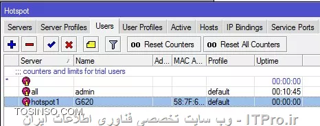 نه ساختش رو مشکل نداشتم فقط محدود کردن پهنا و حجم در کدوم قسمت هست!؟
و اینکه امکان محدودیت زمانی هم وجود داره؟

||https://network.tosinso.com/files/get/8b8baeb7-958b-4222-ac8e-49a356295e4e||

الان برای یک گوشی با مک آدرس خودش یوزر ساختم و بدون مشکل تونستم به اینترنت متصل بشم