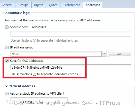 باید Mac Addresses رو تعریف کنید دستی 

||http://network.tosinso.com/files/get/8bb26e01-49af-49b7-8eae-3b4a1a52f23c||

وقتی از اکتیوت یوزرها رو خوند باید هر یوزر که می خوای موبایلش وصل بشه تو اون قسمت mac addresse رو وارد می کنی
On the Home screen, tap the Menu button and go to Settings.
Tap About Phone.
Tap Status.
Scroll down to see your WiFi MAC address.
