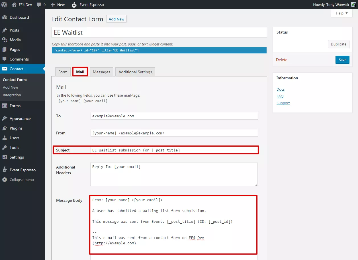 تنظیمات افزونه Contact Form 7