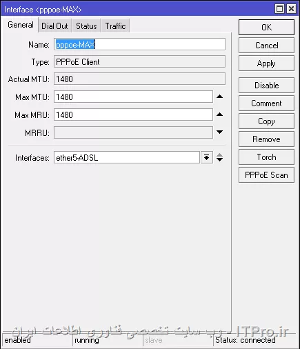طبق تصویر زیر یک PPOE Client ایجاد کردم
||https://network.tosinso.com/files/get/8d693f50-c66d-43cf-b0dc-5da8bf098f21||
||https://network.tosinso.com/files/get/fa83d231-5a0d-479b-9cdf-3c4e3fca2295||
سپس یک NAT مطابق تصویر زیر ایجاد کردم
||https://network.tosinso.com/files/get/710f33c3-7ffa-42fe-b138-5ba7934f6b2b||
یک ppp profile ایجاد کردم طبق تصویر زیر
||https://network.tosinso.com/files/get/d9e8e21d-dfbf-4807-a003-035c7ddb7bf0||
||https://network.tosinso.com/files/get/d9e8e21d-dfbf-4807-a003-035c7ddb7bf0||
||https://network.tosinso.com/files/get/84cd0d81-5cc8-4665-9097-1ab930de768a||
سپس ردیوس
||https://network.tosinso.com/files/get/da22d731-a4ba-43fd-91dc-b0bd0fe2c7b9||
||https://network.tosinso.com/files/get/1fd8d1b7-603f-4194-9364-7f95129c6575||
در نهایت هم userman رو نصب کردم و ادامه ماجرا. امیدوارم کامل گفته باشم.