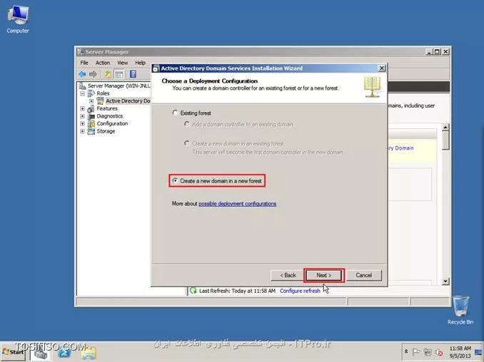 ||http://network.tosinso.com/files/get/465f83f1-ad1d-44fd-97d7-47db2dbdd599||
! راه اندازی یک شبکه قدرتمند محلی تحت دامین-Domain Networking

خب همان طور که از نامش معلوم هست شبکه ما تحت دامین میباشد و با شبکه های Workgroup خیلی تفاوت دارد. در شبکه دامین ما با سیستم عامل سرور یک شبکه راه اندازی میکنیم و بقیه کامپیوتر ها باید به سرور متصل شوند
تا بتوانند از سیستم های خود استفاده کنند همچنین ما در شبکه دامین میتوانیم سطح دسترسی کاربران را به قسمت های مختلف ویندوز محدود کنیم برای مثال از سرور دستور میدهم که کاربر X نتواند از USB استفاده کند و...
در شبکه Domain شما باید روی سرور برای هر کاربر Username و Password تعریف کنید تا کاربران با User و Pass های تایین شده توسط شما بتوانند کامپیوتر های خود را Login کنند.
در این قسمت از سیستم عامل Windows Server 2008 R2 استفاده میکنیم.

*خصوصیات شبکه Domain:*
قابلیت مدیرت هزاران کامپیوتر تنها از یک کامپیوتر ( سرور )
تعیین کردن سطح دسترسی کاربران به قسمت های مختلف سیستم عامل ویندوز
نصب برنامه ها تحت شبکه ( شما تایین میکنید که کاربران بتوانند چه برنامه هایی نصب کنند )
امنیت فوق العاده بالا
انعطاف پذیری بالا در مدیریت کاربران
نصب ویندوز بر روی کامپیوترهای Client عضو شبکه Domain
و......

پیکربندی ویندوز Server 2008 R2 Enterprise:
1- سیستم عامل ویندوز را روی کامپیوتر سرور نصب کنید. سیستم عامل را حتما فعال و Active کنید و ساعت آن را تنظیم کنید.
2- در این قسمت باید سرویس Active Directory را روی ویندوز سرور نصب کنید تا شبکه شما به Domain تبدیل شود. ( ADDC: Active Directory Domain Controller )
2-1: نصب سرویس Active Directory:

روی Start کلیک کنید سپس از Administrative Tools گزینه Server manager را انتخاب کنید:
||http://network.tosinso.com/files/get/d1bb9151-613e-43a6-9396-6d85acb85013||
2-2- در صفحه باز شده روی Roles کلیک کنید سپس Add Roles را بزنید:
||http://network.tosinso.com/files/get/9a64b30c-3142-4369-bca1-a874b86e16c5||
2-3- در این قسمت روی Next کلیک کنید:
||http://network.tosinso.com/files/get/587b1e57-15e6-462f-8a79-c55b970d6213||
2-4- در این قسمت تیک گزینه Active Directory Domain Services را بزنید:
||http://network.tosinso.com/files/get/ff749a6f-06e0-45a4-901e-53d8baa048a6||
2-5- صفحه ای باز میشود و باید روی Add Required Features کلیک کنید:
||http://network.tosinso.com/files/get/3fbe52f7-01e0-45d6-adb0-5fb2c2f42793||
2-6- تیک Active Directory Domain Services زده شد حالا روی Next کلیک کنید:
||http://network.tosinso.com/files/get/524e7fd5-206f-47f3-854a-efe49c96326d||
2-7- روی Next کلیک کنید:
||http://network.tosinso.com/files/get/2e1a28d8-acb0-4701-a7ae-9f42e86e1968||
2-8- روی Install کلیک کنید تا سرویس Active Directory نصب شود:
||http://network.tosinso.com/files/get/162dd0de-588b-4136-aaa4-2104315ab108||
2-9- در حال نصب:
||http://network.tosinso.com/files/get/6489b5cd-83f0-4b66-a890-eaa10b5c4660||
2-10- روی Close کلیک کنید تا نصب به اتمام برسد:
||http://network.tosinso.com/files/get/1b8b18aa-6986-418a-b01e-6b59c2ca8d5d||
2-11- روی Start کلیک کنید سپس از Administrative Tools گزینه Server manager را انتخاب کنید.
روی Roles کلیک کنید سپس روی Active Directory Domain Services کلیک کنید:
||http://network.tosinso.com/files/get/dee593d9-243f-44b2-93bc-6b300fe7d76c||
2-12- روی Run the Active Directory Domain Services Installation Wizard dcpromo.exe کلیک کنید:
||http://network.tosinso.com/files/get/3a44e3d2-068c-4c3d-9b58-80f609dbc2ad||
2-13- روی Next کلیک کنید:
||http://network.tosinso.com/files/get/3e5f84e4-a44a-4fad-8f5d-9f4ceb6e859f||
2-14- روی Next کلیک کنید:
||http://network.tosinso.com/files/get/2305697b-c67d-47d3-8601-cc7be14bc60a||
2-15- تیک گزینه Creat a new domain in a new forest را بزنید و روی Next کلیک کنید:
||http://network.tosinso.com/files/get/8dba017d-96aa-4fe6-bf36-681a52f70056||
2-16- در این قسمت باید برای دامنه شبکه دامین یک نام انتخاب کنید. دقت کنید که باید از 2 یا 3 کلمه تشکیل شود و بین آن ها نقطه ( . ) گذاشته شود. سپس روی Next کلیک کنید:
||http://network.tosinso.com/files/get/82dff6dd-706c-4bba-90b1-96701c4711e3||
2-17- در این قسمت از بالا ( Forest fuctional level ) گزینه Windows server 2008 R2 را انتخاب کنید و روی Next کلیک کنید:
||http://network.tosinso.com/files/get/781a032f-d08e-4aa9-bbfe-f0a3ed1ca1eb||
2-18- در این قسمت مطمئن باشید که تیک گزینه DNS خورده باشد سپس روی Next کلیک کنید:
||http://network.tosinso.com/files/get/f9000eaf-8a56-439c-b3f8-d985a60c39c0||
2-19- در این قسمت باید نوع سیستم IP دهی به شبکه را انتخاب کنید که DHCP و Manual میباشد من در اینجا ار IP دهی Manual استفاده میکنم و IP کارت های شبکه را دستی تنظیم میکنم
پس ابتدا IP سرور را دستی تنظیم کنید سپس گزینه زیر را انتخاب کنید:
||http://network.tosinso.com/files/get/82ea3931-05e4-4aea-99f3-969ef43e0458||
IP که من تنظیم کردم:
||http://network.tosinso.com/files/get/8154f867-bb10-4d7b-8e89-260cebf69a2b||
IP Address: 192.9.200.77 این IP باید در رنج IP ها و روترهای داخل شبکه باشد.
Subnet Mask: 255.255.255.0 باید همین مقدار باشد: 255.255.255.0
Default Geteway: 192.9.200.50 باید IP مودم یا روتر اینترنت باشد تا به اینترنت دسترسی داشته باشد.
2-20- سپس روی Next کلیک کنید و Yes را بزنید:
||http://network.tosinso.com/files/get/ea8c50c0-9f6d-4b9f-a188-7ea6f9e099d5||
2-21- روی Next کلیک کنید:
||http://network.tosinso.com/files/get/8065e660-4640-4674-a0ce-a263e88611f7||
2-22- در این قسمت برای بازیابی Active Directory یک رمز وارد کنید ( رمز شما باید ترکیبی از حروف کوچک حروف بزرگ و اعداد و کاراکتر یاشد ) سپس روی Next کلیک کنید:
||http://network.tosinso.com/files/get/f7579a6a-96f7-49b2-88d8-e51c2efbae91||
2-23- روی Next کلیک کنید تا تنظیمات اعمال شود:
||http://network.tosinso.com/files/get/01968a4a-546e-4e3b-9b0a-0577c06aaa91||
2-24- در این قسمت تیک گزینه Reboot on completion را بزنید تا بعد از اتمام نصب و تنظیمات سرور ریست شود:
||http://network.tosinso.com/files/get/4bf0cd9d-497e-4e7c-a2b6-07c6bdc59e00||
خب تا اینجا توانستیم شبکه Domain را روی سرور راه اندازی کنیم. حالا باید کامپیوترهای کاربران و کلاینت ها را عضو این شبکه کنیم.
||http://network.tosinso.com/files/get/2953c08f-ffda-4765-a24f-b57b27b1acb9||
! join کردن کامپیوتر ها به سرور
عضو کردن کامپیوترهای کاربران و کلاینت ها به شبکه Domain:
تعریف Username و Password برای یک یا چتد کاربر روی ویندوز سرور:
خب شما ابتدا باید روی سرور برای هر کاربر و کلاینت یک نام کاربری و رمز عبور تعریف کنید تا کاربران بتوانند وارد حساب کاربری خود شوند.
1- روی Start کلیک کنید سپس از Administrative Tools گزینه Server manager را انتخاب کنید.
به مسیر زیر بروید:
<c#>
Roles > Active Directory Domain Services > Active Directory users and Computers > Domain name > Users
<c#>
Domain name همان اسمی هست که برای شبکه Domain انتخاب کردید.
||http://network.tosinso.com/files/get/3643b8f5-fd04-49bd-afe5-70167391d2e2||
2- روی Users کلیک راست کنید و New user را بزنید:
||http://network.tosinso.com/files/get/5ad37cf3-02f0-47f7-9f82-91d39d93a7c9||
3- First name: نام کاربر را وارد کنید.

Last name: اسم فامیل کاربر را وارد کنید.

User logon name: نام کاربری کاربر برای وارد شدن به سیستم را وارد کنید.
سپس روی Next کلیک کنید:
||http://network.tosinso.com/files/get/60bb779e-6856-40b1-93ff-80b3c7021f24||
4- در این قسمت برای User که ساختید پشورد بزارید و همه تیک ها را بردارید و روی NExt کلیک کنید ( پسورد ترکیبی از اعداد حروف کوچک و بزرگ و کاراکتر باشد )
||http://network.tosinso.com/files/get/2591bc9d-892f-4d2c-9123-0c27023ee07c||
5- روی Finish کلیک کنید:
||http://network.tosinso.com/files/get/5a60ff1d-80d2-4d32-87e6-959e80df3dfc||
6- User ما بر روی سرور ساخته شد.

به کامپیوتر کاربر یا کلاینت بروید سپس IP آدرس برای آن کلاینت تعریف کنید ( IP باید در رنج IP سرور و شبکه باشد )
IP Address: آدرس IP در رنج شبکه و سرور ( تکراری نباشد )
Subnet Mask: باید 255.255.255.0 باشد
Default geteway: باید IP روتر یا مودم اینترنت باشد
Prefered DNS Server: که خیلی مهم میباشد باید IP سرور را وارد کنید اگر وارد نکنید امکان عضویت و بر قراری ارتباط با سرور را ندارید.
||http://network.tosinso.com/files/get/7120de2c-28be-4b06-b6bb-5dea7c2b1fa0||
6- روی Computer کلیک راست کنید و Properties را بزنید سپس روی Change settings کلیک کنید:
||http://network.tosinso.com/files/get/6448080b-1d7a-4f29-b68a-e22e062d076a||
7- روی Change کلیک کنید:
||http://network.tosinso.com/files/get/4268e27b-a4e8-40cf-ad0a-d49da540731d||
8- تیک گزینه Domain را بزنید و نام Domain که در سرور موقع نصب Active Directory انتخاب کردید را وارد کنید و OK را بزنید:
||http://network.tosinso.com/files/get/5c2cd75d-4a84-4a5a-9075-2672ada1bd65||
9- از شما USER Name و Password میخواهد:
||http://network.tosinso.com/files/get/4a3f8a04-0fc3-402d-bba6-4957033a51ff||
Username باید Administrator را وارد کنید و Password را رمز عبور ویندوز سرور 2008 سپس Ok را بزنید:
10- پیام خوش آمد گویی به شما نمایش داده میشود. این یعنی این که کاربر شما عضو شبکه Domain شد. روی OK کلیک کنید:
||http://network.tosinso.com/files/get/ba3a7f60-7726-457f-af71-9cec5e2c5a65||
11- از شما میخواهد کامپیوتر را ریست کنید رو OK کلیک کنید:
||http://network.tosinso.com/files/get/78b86ffc-d746-48f7-afbe-5e5df898929f||
سپس Close را بزنید و Restart now را بزنید.
12- سیستم کاربر که روشن شد به شما میگه مه CTRL + ALT + Delete را بزنید تا Login شوید:
||http://network.tosinso.com/files/get/18282e58-64b6-46c1-adb1-c3291cb96d40||
13- روی Switch User کلیک کنید:
||http://network.tosinso.com/files/get/52f35079-78d5-4633-bd7f-a71623317de8||
14- Other User را بزنید:
||http://network.tosinso.com/files/get/6b9d9841-f62d-48f3-a6ff-215ce30e2824||
15- User name و Password که در سرور برای کاربر تعریف کردید را وارد کنید تا Login شود:
||http://network.tosinso.com/files/get/5d6df99e-ab52-4b11-80f9-630070acbe20||
||http://network.tosinso.com/files/get/e51322cc-c0f7-4ffc-ade0-f0dc086b4188||
16- کاربر شما با موفقیت عضو شبکه Domain شد
||http://network.tosinso.com/files/get/4b8fb913-5ae3-40bb-b733-f01b85f970a1||
موفق باشید.