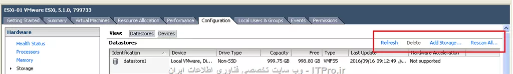 شما بعد از اضافه کردن هارد دیسک در VMware لازم هست که در vsphere client در تب Configuration به قسمت Storage برید ، Rescan all رو بزنید و بعدش با استفاده از گزینه Add Storage هاردتون معرفی و اضافه کنید.
||http://network.tosinso.com/files/get/8e1460a3-3820-4a1f-88c0-1a2198036921||