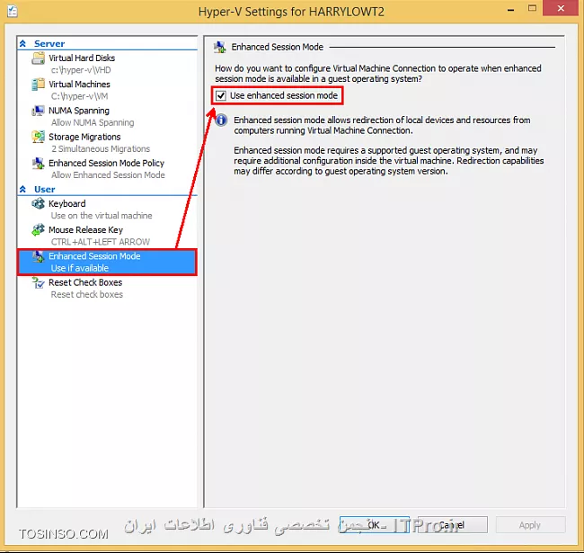 دوست گرامی شما باید با استفاده از Hyper-V Enhanced Session Mode از منابع سیستم هاستتون استفاده کنید از این طریق میتونید به آیتم های زیر دسترسی داشته باشید :
<left>

      Display Configuration
     Audio redirection
     Printer redirection
     Full clipboard support (improved over limited prior-generation clipboard support)
     Smart Card support
     USB Device redirection
     Drive redirection
     Redirection for supported Plug and Play devices

<left>
اول از همه مطمئن شید که Remote desktop services در ماشین مجازیتون استارت شده باشه من خودم سر این کلی سرکار رفتم :)
برای اینکار  Logo + R وبعد services.msc و طبق عکس
||http://virtualization.tosinso.com/files/get/45c57e45-10c3-40be-bf74-ef2b769d3979||
مرحله بعد Hyper-V Manager رو اجرا و روی ماشینتون راست کلیک کرده و Hyper-V settings را انتخاب نمائید
||http://virtualization.tosinso.com/files/get/c9674443-d0b6-475f-bbfe-20338d7c0b6a||
حال در قسمت Enhanced Session Mode policy تیک Allow Enhanced Session Mode رو بزنید
||http://virtualization.tosinso.com/files/get/0e323d96-6997-466c-8656-c05735b89ce1||
در قسمت Enhanced Session Mode تیک Use Enhanced Session Mode رو هم بزنید
||http://virtualization.tosinso.com/files/get/8e1a04be-dd84-48ee-9015-2797dc68fe55||
 حالا ماشینتون رو Connect کنید وباید عکس زیر رو ببینید
||http://virtualization.tosinso.com/files/get/0712db89-5500-42ab-8456-145f0585e12a||
برای تنظیمات صدا از اینجا Local Resources
||http://virtualization.tosinso.com/files/get/33efb93a-e486-49be-817a-5fdb9f89dabe||
و سایر قسمت ها از More استفاده کنید تا از USB و مثلا دوربین کنن یا پرینتر و هارد اکسترنال یا درایوی که بعدا قصد اتصال اون رو دارید بتونید استفاده کنید
 ||http://virtualization.tosinso.com/files/get/62abfe89-edee-4381-9786-dab9ab29bcdd||
||http://virtualization.tosinso.com/files/get/46b94ded-f220-4397-ae76-e6bd726a33ab||
||http://virtualization.tosinso.com/files/get/45205fd8-6715-4443-a47f-490e96badb77||
دیگه شما از داخل ماشینتون به تمام این آیتم ها دسترسی خواهید داشت
