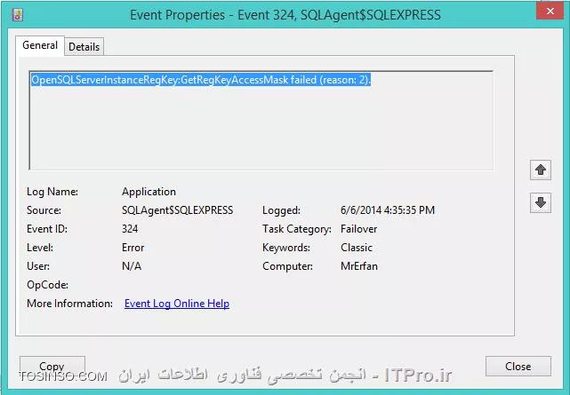 سلام ممنون که جواب دادی بله همه سرویس هارو ریستارد کردم باز نشد و حتی کامل Sql Server رو حذف و دباره نصب کردم باز مشکل حل نشد Event هم چک کردم این بفرمایید 
||http://dba.tosinso.com/files/get/8e24c9be-8eb0-406d-b6d8-05f2a7c4252e|| 
اینم از کانفیگ
||http://dba.tosinso.com/files/get/241acdba-9604-4c42-840b-cb56b50cd0e9||
این نسخه هم از سایت مایکروسافت دانلود کردم نمی دونم مشکلش چیه