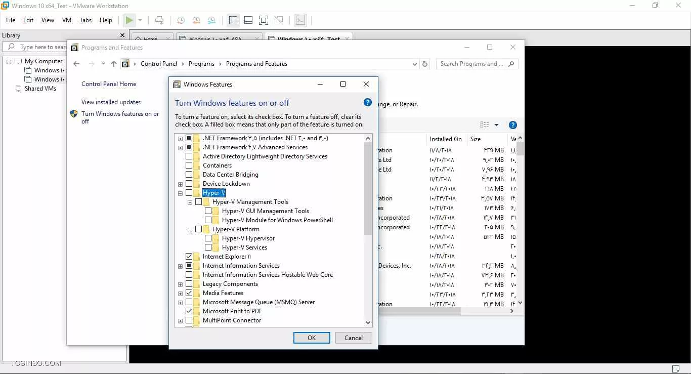سلام دوستان... تا شب گذشته با vmWare Workstatuin ای که روی یکی از سیستمهاست کار میکردم و هیچ مشکلی نبود و به راحتی ماشین ها بالا مبومدند ولی امروز که خواستم با ماشین های مجازی کار کنم با پیام تصویر زیر مواجه شدم:
<center>
||https://tosinso.com/files/get/3067bc97-9760-4012-a615-c4ac7c4e9838||
<center>
رفتم Hyper-V را که خودبخود فعال شده بود غیرفعال کردم و سیستم را ریستارتش کردم ولی با وجودیکه مطابق با تصویر زیر Hyper-V کاملاً از روی سیستم برداشته شده ولی همچنان پیامی که در تصویر فوق می باشد ظاهر شده واجازه اجرا شدن ماشین ها را نمیدهد. مشکل ازکجاست؟؟
<center>
||https://tosinso.com/files/get/8f10c713-0611-482e-9e1e-7644df9e0fa9||
<center>