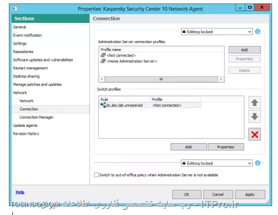 !! apply the out-of-office policy
در این آزمایش قصد داریم تا پالیسی  out-of-office را در بخش Network Agent policy بر اساس ساخت یک رول جدید برای پروفایل <Not connected> و همچنین شرطی را برای اینکه کامپیوتری نتوانست نام dc.abc.lab را پیدا کند ایجاد کنیم 

- Security-Center 

1- وارد  Managed devices و روی تب Policies بروید 

||https://tosinso.com/files/get/41ea5502-7b78-4883-8b9e-079046589907||

2- حالا تنظیمات  out-of-office policies را انجام می دهیم ، از پالیسی Kaspersky Security Center 10 Network Agent یک properties بگیرید 

||https://tosinso.com/files/get/1502cc2f-caa0-4fae-8f33-e1dc9c8bb8e7||

3- وارد بخش Network | Connection شوید 

||کسپرسکی سرور اموزشی احمد توسلی ::https://tosinso.com/files/get/990d289a-59e8-46df-a64d-0f4282021de1||

4- برای اضافه کردن رول در Switch profiles و کلیک کنید در بخش Add 

||اموزش کسپرسکی سرور 10 کاملاً پارسی ::https://tosinso.com/files/get/62ceaba2-c79c-4920-bed4-1c270273931b||

5- در کادر مربوطه عبارت dc.abc.lab unresolved را برای نام رول بنویسید 

6- برای مد موبایل هم می توانید رولی را بسازید ،  <Not connected> را در فیلد Use connection profile انتخاب کنید 

7- برای فعال سازی رول تیک Rule activated را بزنید 

||کسپراسکی 10 سرور به پارسی ::https://tosinso.com/files/get/49f98243-dfd0-492f-ac8d-f4d58c1baf1c||

8- حالا شرطی را اضافه کنید روی Add بزنید و پارامتر Name resolvability را انتخاب کنید 

||کسپراسکی سرور ده ::https://tosinso.com/files/get/b87b0214-46c3-4f9d-8608-378b823f5128||

9- اضافه کردن یک نام که برای کامپیوتری که می خواهیم شرط بر روی آن اعمال شود روی Add کلیک کنید 

||کسپرسکی 10 در ایران ::https://tosinso.com/files/get/4d0b4010-c863-4d50-afdd-886c2c4a09db||

10- حالا dc.abc.lab را بنویسید و ok کنید 

||کسپرسکی سرور 10 را پاس بداریم ::https://tosinso.com/files/get/7783db6c-6fd9-43e8-b9dc-fb71548db1a0||

11- ساختن شرطی که در زمانی که کامپیوتر نمی تواند نام را ترجمه کند با انتخاب  Does not match any of the values in the list و OK کنید 

||https://tosinso.com/files/get/6090ca45-9b88-4ceb-867b-1a2f7608da92||

12- رول را با OK ذخیره کنید 

13- اگر می خواهید سریع رول اجرا شود آن را بالای لیست قرار داده و روی Editing locked و OK کنید 

||https://tosinso.com/files/get/8f4cb6ac-7869-4f43-a7f8-9cc8a323e4df||

14- صبر کنید تا پالیسی اعمال شود 

||اموزش کسپرسکی سرور 10 به پارسی روان ::https://tosinso.com/files/get/9057f754-1f22-498b-874c-e836e91fd0a8||


نویسنده : سید احمد توسلی
منبع : |جزیره امنیت اطلاعات و ارتباطات وب سایت توسینسو::https://tosinso.com/security|
هرگونه نشر و کپی برداری بدون ذکر منبع و نام نویسنده دارای اشکال اخلاقی است