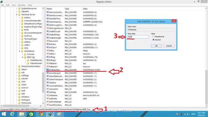 یه روشی که به ذهن من میرسه اینه که
پورت پیش فرض سرویس remot desktop رو که3389 هست رو تغییر بدید به یه پورتی که فقط خودتون میدونید و برای هربار اتصال از طریق اون پورت وصل شید و اینطوری هیچ کس به غیر شما و کسایی که اون پورت رو باهاشون به اشتراک میگذارید نمیتونن وصل شن-----به این صورت:
1-Run
2-Registry
3-طبق شکل به آدرسی که با شماره 1 مشخص شده برید
4-طبق شکل Value با عبارت Portnamber رو دابل کلیک کنید
5-طبق شکل از حالت هگزا دسیمال به دسیمال تغییر بدید و سپس 3389 رو به یه پورت دیگه تغییر بدید البته این نکته رو هم بگم که پورت انتخابی باید خارج از محدوده Wellknown ها باشن
6-بعد از اعمال تغییرات هر بار که خاستید ریموت بزنید تو پنجره ی ریموت دسکتاپ داخل کادر به این صورت تایپ کنید--->
IP Server:port namber
||http://network.tosinso.com/files/get/8f75a8dd-c883-4ac3-9994-e601c749ea81||
