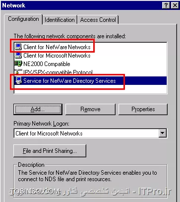 Active Directory در واقع از Novell directory Service گرفته شد ، زمانیکه ما دانشجو بودیم اکتیودایرکتوری وجود نداشت ، سیستم ها با Novell وارد می شدند ، پروتکل مورد استفاده در ارتباطات Novell Netware پروتکل IPX//SPX بود که چون مایکروسافت TCP//IP بود با هم نمی تونستن ارتباط برقرار کنن که مجبور بودیم یک Client نصب کنیم که بتونه به دامین Novell عضو بشه و بتونیم وارد سیستم بشیم.. یادش به خیر :

||http://network.tosinso.com/files/get/daaec8b0-e05e-4c2c-9921-55eaa565926f||

||http://network.tosinso.com/files/get/8fd4ffce-77f2-4e55-90aa-1bb7ec5d0615||