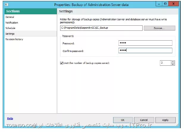!! Back up , Restore Kaspersky Security Center 
در این آزمایش قصد داریم کپی از بک آپ  برای Kaspersky Security Center را انجام دهیم 

* ماشین های DC و Security-Center را روشن کنید 

* ماشین های Laptop - PC1 را روشن کنید 

- Security-Center 

1- وارد بخش Administration Console 

2- بر روی Tasks بروید 

3- انتخاب کنید تسک  Backup of Administration Server data

4- کلیک کنید روی Configure task 

||https://tosinso.com/files/get/b47bfc85-950a-4a62-b98b-b828f1aaeca6||

5- سوییچ کنید بر روی Settings 

||https://tosinso.com/files/get/b6c1b458-a901-42b9-934d-966701950c9a||

6- حالا مسیر بک آپ که %ProgramData%\KasperskySC\SC_Backup را بررسی کنید 

7- پسورد certificate سرور را root تعریف کنید 

||https://tosinso.com/files/get/900c3c92-22ad-40ec-8abb-625e5eaa838d||

8- وارد Notification شوید 

||https://tosinso.com/files/get/cc18312f-5cad-4d4a-94c8-62fd09dd377d||

9- چک باکس Send email فعال کنید 

10- بردارید چک باکس  Notify of errors only و OK کنید 

||https://tosinso.com/files/get/96ad709f-6bdf-449e-9f0e-60bf6f73ca1c||

11- حالا بر روی تسک backup گزینه Start را کلیک کنید 

||https://tosinso.com/files/get/eccae49e-6e07-41f1-aa3c-c9b8d643b3ed||

12- حالا پیامی با مضنون ری استارت شدن کسپرسکی سرور داده می شود و روی OK کلیک کنید 

||https://tosinso.com/files/get/fb2abbbe-5051-4343-8445-f134bf9fcc57||

نویسنده : سید احمد توسلی
منبع : |جزیره امنیت اطلاعات و ارتباطات وب سایت توسینسو::https://tosinso.com/security|
هرگونه نشر و کپی برداری بدون ذکر منبع و نام نویسنده دارای اشکال اخلاقی است
