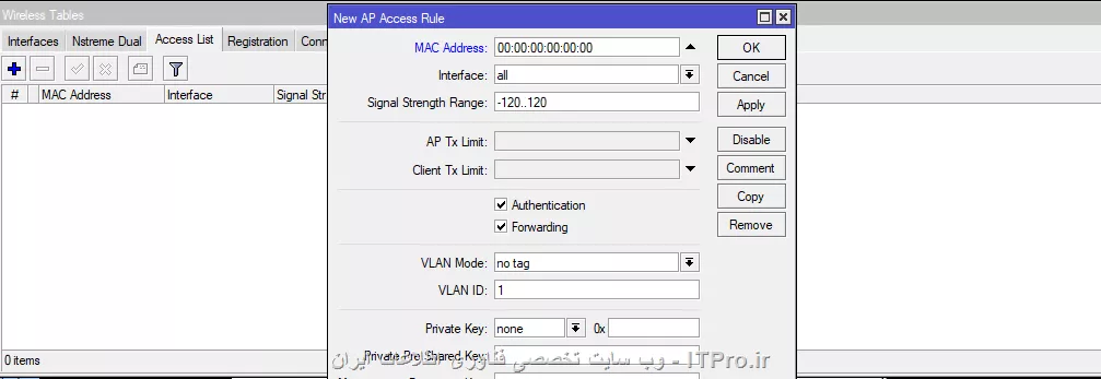 از قسمت  wireless / access-list  میتونید محدودیت اعمال کنید و ساده بگم کاری مثل Mac Filter مودم براتون انجام میدهد 
شما کافیه از قسمت  Registration نگاه کنید چه دستگاهایی وصل است و MAC دستگاهایی که میخواهید وصل بماند را در قسمت 
 access-list اضافه کنید . حالا از قسمت اینترفیس وایرلس WLAN مورد نظر را انتخاب کنید و در تب Wireless تیک گزینه Defualt Authenticate و Defualt Forward را بردارید . مانند تصاویر زیر =>
||https://network.tosinso.com/files/get/ef4d7032-7edb-4db0-8e61-8f1284d83f60||
||https://network.tosinso.com/files/get/90cea321-e462-4970-933f-ce26006b0737||
||https://network.tosinso.com/files/get/865ac7d0-c299-4085-9757-8c83dd6f68cd||