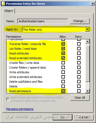 راست کلیک روی فولدر مورد نظر و Properties سپس تب Security دگمه Advanced رو کلیک کنید
||http://network.tosinso.com/files/get/5bab6e55-5639-47e6-997a-600c8de30e1c||
Change Permissions رو انتخاب کنید 
||http://network.tosinso.com/files/get/11538281-c4f8-4096-997c-cef481498c40||
سپس همینجا تیک Include inheritable permissions رو بردارید تا ارث بری ازش گرفته شه
||http://network.tosinso.com/files/get/4b50f913-28ad-4f84-bbb5-632cd375323c||
 تا بتونید به راحتی با تب  Permissions گروه ها یا یوزر های مورد نظرتون رو توسط Set special permissions و دگمه Add انتخاب کنید نکته مهم دیگه ای که در اینجا هست انتخاب گزینه (At Apply To) هست که میتونید این مجوز ها رو برای یک فیال یا فولدر یا ... انتخاب کنید مثلاً اگر This folder only انتخاب کنید این مجوز ها فقط به این فولدر داده میشه و به فایل های داخلی اش داده نمیشه سپس یوزر یا گروه رو از قسمت View or change special permissions انتخاب کنید و با زدن دگمه Edit میتونید دسترسی مورد نظرتون رو به اون فایل یا فولدر برای هر یوزر انتخاب کنید
||http://network.tosinso.com/files/get/90e017bc-8737-4749-a081-132c4bae1117||