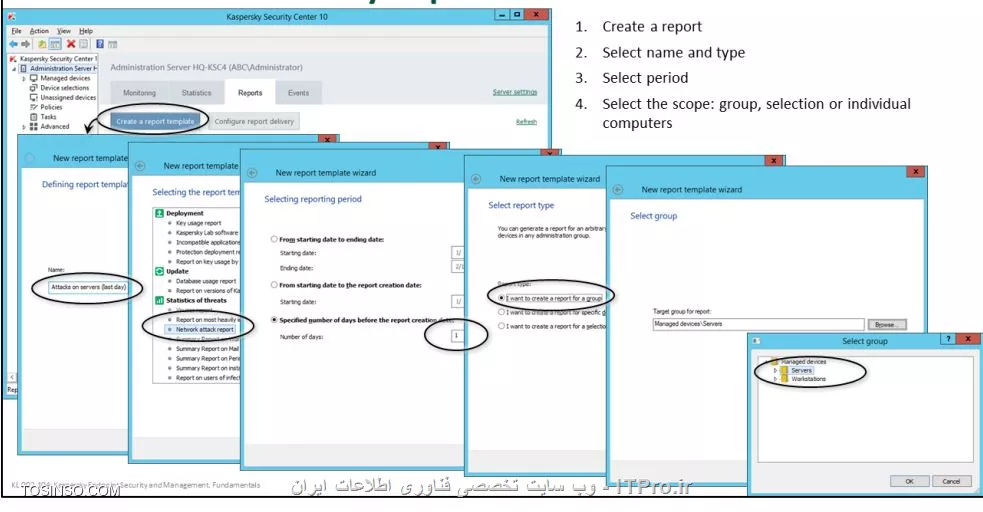 !! حفظ امنیت در کسپرسکی سرور 10
در این بخش به پارامتر های حفظ امنیت و یکپارچگی حریم امنیتی کسپرسکی سرور 10 بحث خواهیم کرد :

- به صورت روزانه ( محدود سازی تهدیدات ، اطمینان از کار کردن حفاظ های امنیتی برای کلاینت ها ) 

- روزانه / هفتگی ( اطمینان از بروزبودن کلاینت ها ، اتصال داشتن به KSN )

- ماهیانه ( بهینه سازی دیتا بیس کسپرسکی سرور ، بک آپ گیری و اطمینان از کار کردن بک آپ خودکار کسپرسکی سرور )

- سه ماهه ( چک کردن بروزرسانی برنامه ها و نصب آنها )

- سالیانه ( بروز کردن لایسنس ، نصب سرویس پک )

- هر 2-3 سال ( نصب نسخه جدید )

||https://tosinso.com/files/get/a00ea24c-dea7-412c-98da-600801a14a99||

- ارسال گزارشات به ایمیل 

در کسپرسکی سرور می توان تنظیمات ارسال گزارشات به ایمیل مدیر شبکه را انجام داد ، برای تنظیم :

1- روی تب Report در بخش Administration Server و بر روی دکمه Configure report delivery کلیک کنید 

2- برای ساخت Task وارد بخش Task ها شده و گزینه Create Task را بزنید و نام این تسک را Report type بگذارید 

3- حالا می توانید پارامتر های تسک و فرمت آن را انتخاب کنید ( Html - xml - pdf ) 

4- می توانید بر روی Schedule تسک ( در پراپرتیس هر تسک ) رفته و زمان ارسال گزارشات که پیش فرض روی ساعت 8 صبح تنظیم شده را تنظیم کنید 

||https://tosinso.com/files/get/4d3ca61b-8677-4667-88bb-c32b7529b923||

- سفارشی سازی گزارشات 

شکل زیر نمایی از ساخت یک گزارش یک روزه را نشان می دهد :

||https://tosinso.com/files/get/911f278b-f1e7-4339-b62b-dab367ff8455||

- گزارش گیری های فیشینگ 

مراحل ایجاد گزارش فیشینگ را می توانید در شکل زیر ببینید :

||https://tosinso.com/files/get/0302f9da-cf70-475e-bef6-9b77357a67c6||

- ارسال گزارشات به ایمیل که در کنسول مدیریتی مشاهده نمی شوند 

شکل زیر مراحل ایجاد گزارشی که در کنسول مدیریتی دیده نمی شود را نشان می دهد :

||https://tosinso.com/files/get/6506dbf1-49c8-4eea-8d98-91cfaa178f7a||

- تغییر آدرس ایمیل 

مراحل تغییر آدرس ایمیل سرور مدیر شبکه برای دریافت گزارشات به صورت زیر است :

||https://tosinso.com/files/get/a68cb4a5-e5d2-46d3-9345-2040d3f274e5||

نویسنده : سید احمد توسلی
منبع : |جزیره امنیت اطلاعات و ارتباطات وب سایت توسینسو::https://tosinso.com/security|
هرگونه نشر و کپی برداری بدون ذکر منبع و نام نویسنده دارای اشکال اخلاقی است

