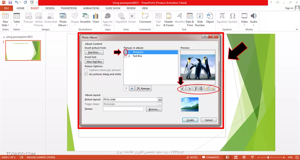 سلام و عرض ادب خدمت همه ی دوستان itpro ای!! با قسمت دیگری از آموزش پاورپوینت 2013 همراهتون هستم/قسمت سوم-بخش دوم ، در این بخش میخوایم نحوه ی کار با کادر images رو بررسی کنیم و ببینیم که چطورمیشه در اسلایدهامون از تصاویر هم استفاده کنیم.ابتدا پاورپوینت رو باز میکنیم و به قسمت insert رفته و کادر images را برمی گزینیم:)

||http://tosinso.com/files/get/113deb9f-1b41-41b0-8c77-8132aebdf381||
و با استفاده از اولین آیکون :

||http://tosinso.com/files/get/a933534c-9f8f-4430-9114-816d28563003||
یعنی آیکون pictures رو انتخاب می کنیم و یک پنجره ای باز میشه که ما می توانیم از بین آلبوم های تصاویر داخل pc مون تصویر مورد نظر رو insert کنیم.
حالت بعدی انتخاب تصویر به صورت آنلاین هست که در این حالت آیکون بعدی یعنی online pictures رو انتخاب می کنیم:

||http://tosinso.com/files/get/d012b416-052c-4f92-a9a7-f08523eb2398||
که با انتخاب این آیکون پنجره کوچکی باز میشه و شما می توانید به صورت آنلاین عکس مورد نظرتون رو از سایت مورد نظرتون انتخاب کنید:)

||http://tosinso.com/files/get/de2edb9a-bf5c-4e21-b723-2a321b68315a||
حالت بعدی استفاده از screenshot هست و با انتخاب این آیکون که به صورت یک دوربین عکاسی کوچک هست ، می تونید از روی صفحه دسکتاپ تون یا هر پنجره ی دیگه ای از pc تون عکس بگیرید و اون رو به صورت مستقیم داخل اسلایدی از پاورپوینت تون استفاده کنید.

||http://tosinso.com/files/get/0ed44ae9-36cf-41c0-a347-b5c1024ce450||
روش بعدی ایجاد یک آلبوم هست که البته این رو هم بگم که این آلبومی رو که ایجاد می کنید به صورت یک پاورپوینت جدا save میشه و داخل اسلایدهاتون و بین آنها ذخیره نمیشه photo album رو انتخاب می کنیم:

||http://tosinso.com/files/get/d7af916a-e16e-4d1e-963e-4bd1e8991891||
یک پنجره کوچک مجددا باز میشه مانند تصویر زیر:

||http://tosinso.com/files/get/7a635e74-cd35-4653-b97e-1fa6d8e13b80||
شما باید دکمه ی file/disk رو انتخاب کنید و تصویر یا تصاویر مورد نظرتون رو از آلبوم داخل کامپیوتر انتخاب کنید:

||http://tosinso.com/files/get/e12fc18d-56b8-427d-b367-e1dfcb985c48||
بعداز اینکه تصویرهاتون رو انتخاب کردید حتی می تونید با استفاده از text box براشون متن و توضیح هم قرار بدید برای مثال من الان یک تصویر رو انتخاب کردم و یک text box هم براش در نظر گرفتم و برای اینکه بتونم یک سری تنظیمات ویرایشی مربوط به عکس رو انجام بدم توجه کنید که حتما باید تیک مربع کنار عکس رو بزنم:)
سپس می تونم یک سری تغییرات مربوط به contrast و نورپردازی رو که زیر عکس در این پنجره قرار گرفته رو انجام بدم که تمام این توضیحات رو می تونید در دو تصویر زیر ببینید:

||http://tosinso.com/files/get/91a948e7-d2df-4eb1-aa6a-28b96daa2424||

||http://tosinso.com/files/get/34421df9-f2f0-44bd-9498-4a8fed8853de||
درپایان گزینه ی creat رو می زنیم و آلبوم مون رو ایجاد می کنیم:

||http://tosinso.com/files/get/98441083-7159-41de-b9bb-cef9dbff175c||
در پایان هم می تونیم تغییرات text box رو انجام بدیم و متن مورد نظرمون رو بنویسیم : 

||http://tosinso.com/files/get/5efec941-777b-4581-a837-f3a35f7a69dd||
و در آخر هم پاورپوینتمون رو که مجوعه از تصاویرهست رو save می کنیم:) خب امیدوارم که این بخش از آموزش هم براتون مفید بوده باشه و اگر سوالی درباره ی این قسمت داشتید حتما در همین پست بپرسید که جواب بدم.
*itpro بــاشـیـد.*

نویسنده: حمیده سلامی
منبع: |جزیره مبانی کامپیوتر و مهارت های هفتگانه وب سایت توسینسو::https://tosinso.com/icdl|
هرگونه نشروکپی برداری از نوشته بدونه ذکر منبع و نام نویسنده حرام است.