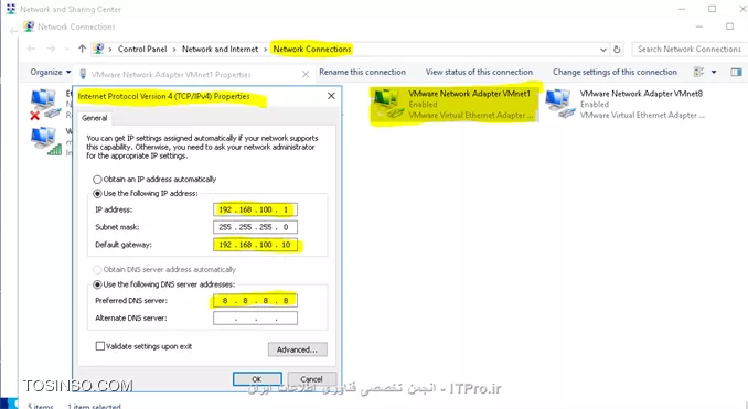 سلام 

برای دادن اینترنت باید به این روش عمل کنید چون اگر روش های دیگر را امتحان کنید ممکن است ارتباطتان را با VPS از دست بدید 

شما باید کارت  شبکه virtual machine  هاتون رو بر host only  بگذارید و روی کارت شبکه external شبکه که اینترنت دارد راست کلیک کنید و اینترنت آن را با کارت شبکه vmnet01 که کارت شبکه Host only شما برای host شماست به اشتراک بگذارید 
چون شما Ip  valid دارید و اگر بر روی bridge یا nat بگذارید حتما باید Ip هم رنج کارت شبکه external  داشته باشد 

1- ||http://virtualization.tosinso.com/files/get/dd033b19-63ee-4ac8-a4f6-dd9f70ebfbcb||


2- ||http://virtualization.tosinso.com/files/get/91e59617-0671-4848-89d4-dfa846901074||


3- ||http://virtualization.tosinso.com/files/get/668b7e0f-60a6-4972-947f-2220bbe62806||


و برای اینکه بتوانید از دور به صورت مستقیم با virtual machine های داخل host خود ارتباط داشته باشید میتوانید از VPN استفاده کنید و بر روی Host از VPN+route استفاده کنید 


و پیشنهاد میکنم اول تمام این مراحل را تست کنید و بعد اقدام به پیاده سازی بر روی VPS خودتون بکنید 
