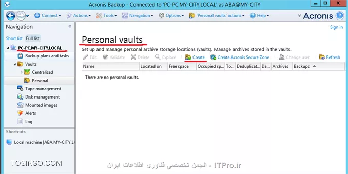 --
وقتی که Acronis backup advanced را در نصب کرده ایم قدم بعدی تعین جائی برای ذخیره سازی Backup های گرفته شده می باشد. ABA برای ذخیره سازی اطلاعات خود از Vaults استفاده می کند. Vaults یک مکان مرکزی و متمرکز برای ذخیره سازی Backup های گرفته شده تعریف می کند.Vaults برای ذخیره اطلاعات از دو روش استفاده میکند:
•	Managed
•	Unmanaged
تفاوت این دو را می توانید در جدول زیر مشاهده کنید:
||http://tosinso.com/files/get/f7bd07f7-ea4b-43a1-ae96-13c28ea63b28||
||http://tosinso.com/files/get/a38e7ad7-2d05-410b-b519-58a892740cf9||
واضحه ولی بعضی از پارامترها را توضیح میدم  
•	Deduplication این فابلیت فقط در روش Managed قابل پیاده سازی می باشد و کار آن کاهش فضای ذخیره سازی Storage می باشد و اینکار را با حذف فایلی های هم سایز وهمشکل در یک Storage node انجام می دهد.توضیح مکانیزم Deduplication باعث طولانی شدن این مقاله می شود. 
برای اطلاع بیشتر فایل زیر را بخوانید:
<c#>
http://www.acronis.com/download/docs/abr10d/datasheet/
<c#>
•	قابلیت رمزگذاری کردن Vaults : این قابلیت باعث رمزگذاری شدن اطلاعات ذخیره شده در این Vaults می شود. در زمان خواندن اطلاعات از این Vault اطلاعات رمزگشائی می شود. 
•	Backup Storage node: استفاده از این سرویس، فقط در روش Managed قابل اجراس.
•	Data Catalog را هم در بخش Backup storage توضیح می دهم.
•	Cloud Storage: با این متد میتوانید اطلاعات خود را در سرورهای Acronis ذخیره کنید.
نکته : در روش  Managed فقط میتوانیم  Storage node را ایجاد کنیم.
ما دو نوع Vaults در ABA داریم:
•	Centralized Vaults 
•	Personal vaults
Centralized vault : یک Storage خاص که بر روی Network قرار دارد مشخص می کند. و بصورت پیش فرض تمام Backup plan ها و غیره در این Vaults قرار دارند. روش Managed فقط در این Vaults قابل پیاده سازی میباشد.
Personal Vaults : زمانی می توانید از این Vault استفاده کنید که به صورت مستقیم به Managed Machine وصل شوید و از ریسورسهای آن مانند Disk Drive- removable Storage  و غیره استفاده کنید.
نکته : به Client/Serverی که بر روی آن Agent نصب شده است Managed Machine گفته می شود.
*Vault path: * به پارامتری گفته میشود که محل ذخیره سازی در روش Unmanaged را و Managed را مشخص می کند.
Vault path های Managed :
||http://tosinso.com/files/get/c9a8b48e-5f2c-4435-bb94-41a1c5060063||
 Vault path های Unmanaged :
||http://tosinso.com/files/get/0ac23163-6c27-4ab8-9303-caa87340bf73||
روش ایجاد یک Vault در Centralized vault :
به Management server وصل می شویم و قسمت Vault را کلیک می کنیم:
||http://tosinso.com/files/get/099eab0e-61f4-433f-afa8-6d094ca4c9f9||
||http://tosinso.com/files/get/d96a1aa9-a0aa-44cd-8c33-f537a73bfb32||
یکی از روش های Manage and unmanaged را انتخاب و Path را کلیک کنید.
||http://tosinso.com/files/get/cf11cb0a-8b1e-40b6-91df-3bef2fc10300||

یکی از Storageهای مورد نظر را انتخاب و Ok کنید.
NFS Folder  یکی از پروتکلهای به اشتراک گذاشتن پوشه در محیطهای Linux می باشد. میتوانید این سرویس را به راحتی در Windows server 2012 R2 پیاده سازی کنید.
SFTP Server مخفف Secure File Transfer Protocol می باشد که بوسیله پروتکل SHH
یک FTP سرور نسبتا امنی برای کاربران ایجاد میکند. 
از این دو پارامتر میتوانید در ایجاد یک Vault استفاه کنید.
||http://tosinso.com/files/get/e2582e24-f30e-40f9-b174-b8bc32b442d5||
روش ایجاد Vault در Personal Vault :
برای اینکار با Management Console به یکی از Managed machine وصل شوید:
||http://tosinso.com/files/get/2a7dee5f-ea65-4732-9540-15bab8219c0a||
||http://tosinso.com/files/get/91fb85ec-a95e-46f5-b116-64ed7c71a616||
و گذینه Create را کلیک کنید:
||http://tosinso.com/files/get/63290095-21b6-4b58-871b-04e2ece1e110||
میشه اینطوری نتیجه گرفت که استفاده از Removable Storage and local Disk فقط در Personal Vault امکان پذیر می باشد.
بقیه پارامترها و مانند اضافه کردن Vault حذف Vault و غیره کار راحتیه و نیازی توضیح خاصی نداره.

در فایل آموزش بعدی Backup Storage Node را آموش می دهم.

موفق و پیروز باشید 

نویسنده: احمد جهلولی 
منبع: |جزیره راهکارهای ذخیره سازی اطلاعات وب سایت توسینسو ::https://tosinso.com/virtualization|
نشر و کپی برداری، صرفاً با ذکر نام نویسنده و منبع مجاز می باشد. 