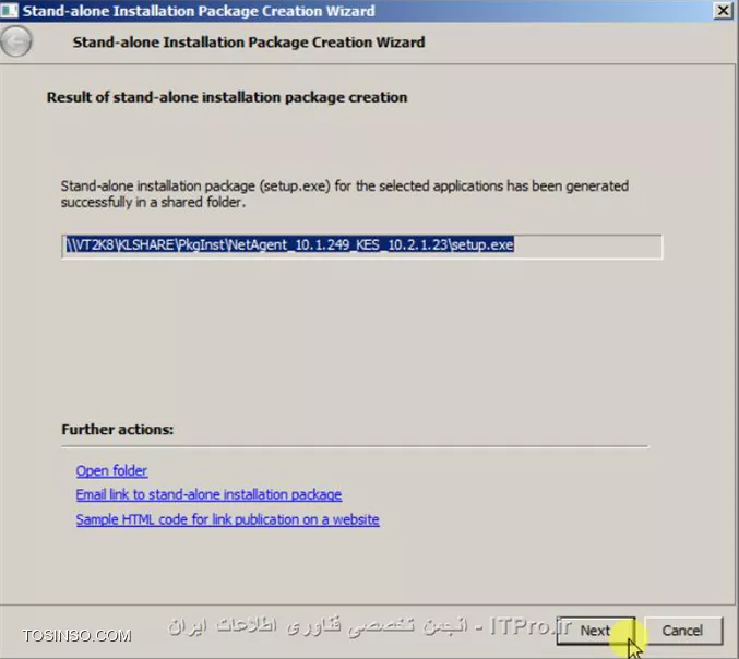 با سلام خدمت اساتید محترم و دوستان عزیز در ادامه آموزش کنسول مدیریتی کسپرسکی،امروز با هم 2 روش ایجاد پکیج آنتی ویروس رو مرور میکنیم.که روش اول بعد از ساخت پکیج به صورت لوکال باید اجرا بشه و در روش دوم شما میتونید به صورت ریموت آنتی ویروستون رو نصب کنید

*روش اول - 1Click*

تو این روش همونطور که از اسمش پیداست شما باید خیلی راحت و به قول معروف با یک کلیک آنتی ویروستون رو نصب کنید.بریم ببینیم که این پکیج به چه صورت ساخته میشه:

بعد از اجرای کنسول،Remote Installation رو انتخاب کنید و Installation Package رو انتخاب کنید
||http://tosinso.com/files/get/c69e29b2-7176-4e17-ad98-543f43541787||
در پایین صفحه شما پکیج های موجودتون رو میبینید که میتونید آنتی ویروس KES 10 یا Network Agent رو انتخاب کنید که باید روی هر کدوم که می خواید رایت کلیک کنید و گزینه ی Create Stand-alone installation package رو انتخاب کنید
||http://tosinso.com/files/get/357571a6-9de7-4ad6-aced-7845d176fd5b||
در این قسمت شما این امکان رو دارید که مشخص کنید هنگام ساخت پکیج،Net Agent هم با اون ساخته بشه یا خیر.اگر این گزینه رو انتخاب کنید-که پیشنهاد میکنم همین کار رو هم انجام بدید-موقع 

نصب،هم آنتی ویروس و هم Net Agent با هم نصب میشن و لرتباطتون با سرور برقرار میشه
||http://tosinso.com/files/get/fcd1d1c1-71cb-441a-86f6-fc9d692a345b||
بعد از اینکه Next رو زدید اگر تو مرحله ی فبل انتخاب کرده بودید که Net Agent هم نصب بشه،ازتون میخواد تعیین کنید کامپیوتری که آنتی ویروس رو روش نصب میکنید به کدوم گروه انتقال داده بشه

که گروه Managed Computer به صورت پیش فرض روی کنسول وجود داره و میتونید همون رو انتخاب کنید
||http://tosinso.com/files/get/5ddd5af1-8e89-4a93-91cb-14045cd972a9||

حالا Managed Computers رو انتخاب کنید
||http://tosinso.com/files/get/a134cf62-269a-40a0-9cc3-71b0cb12c13c||
بعد از اینکه Ok کردید صبر میکنیم تا پکیجمون ساخته بشه
||http://tosinso.com/files/get/dc6fb27e-975e-4e99-ac63-d1f5c405e82c||
حالا همونطور که میبینید پکیج ساخته شده و شما Next رو بزنید
||http://tosinso.com/files/get/92501675-c701-4543-b210-4f292d9aaf39||
کار تو اینجا تموم شده و میتونید Finish رو بزنید
||http://tosinso.com/files/get/bb2c6285-b243-4618-8e43-bd49de03da92||
حالا برای دیدن 1Click ساخته شدتون به فولدر share سرورتون برید
||http://tosinso.com/files/get/ba631b84-1845-457c-a961-60ba2043711b||
تو اینجا یک فولدر میبینید به اسم PkgInst که میتونید واسه ی راحتی به 1Click تغییر نامش بدید
||http://tosinso.com/files/get/c1e86c9c-ca71-4812-96c5-c0c2079423f7||
وقتی وارد این فولدر میشید  یک فایل به اسم Setup میبینید که باید اون رو روی کامپیوتر کلاینت یا روی فلش کپی کنید و روی سیستم مورد نظرتون اجرا کنید
||http://tosinso.com/files/get/125d61d2-bcd5-454f-b19f-0b5c8ac74508||
Start Installation رو انتخاب کنید
||http://tosinso.com/files/get/4103ca99-7447-4a22-98b0-f77f22f7f06e||
تو این مرحله بعد از اجرا کردن 4 مرحله انجام میشه و ارتباط کلاینت با کنسول مدیریتی برقرار میشه و آنتی ویروس نصب میشه و شما کاری نباید انجام بدین که میشه گفت همون 1Click شده
||http://tosinso.com/files/get/f30bfc6b-5731-4ba3-a07b-9c0bde881560||
امیدوارم به مشکل نخورده باشید و آنتی ویروستون نصب شده باشه
||http://tosinso.com/files/get/e7e2b959-9b78-48fc-8240-0278f98b823d||

*روش دوم - Create New Installation Package*

در این روش چون اسم خاصی نداره ما هم همون نصب پکیج جدید رو به عنوان اسم انتخاب میکنیم.فقط چند تا نکته هست که قبل از شروع خدمتتون عرض میکنم:

* ساخت پکیج Antivirus و Network Agent مشابه هم هست.
* این آموزش در مورد ساخت پکیج های ورژن آنتی ویروس 6 و 8 هم به همین روش انجام میشه
* ممکن هست عزیزانی که از کنسولهای ورژن 8 یا 9 استفاده میکنند مسیر Installation Package هارو از Repositories پیدا کنند
<left>
Repositories>Installation Package                                 For version 9.2.62 and 8.0.2177
<left>
خوب حالا با هم این روش رو شروع میکنیم
بعد از اینکه کنسول رو اجرا کردید Remote Installation رو انتخاب کنید و Installation Packages رو بزنید
||http://tosinso.com/files/get/3540615c-b106-4e4e-844f-25e622cc49d5||
در بالای صفحه Create Installation Package رو انتخاب کنید
||http://tosinso.com/files/get/8d0b19d9-90ea-4305-8218-b6fe442d2868||
حالا گزینه ی اول رو انتخاب کنید
||http://tosinso.com/files/get/fa05cd3d-ad80-4365-81ef-fac68b174145||
تو این قسمت باید اسم پکیج رو مشخص کنید که اگر این کار رو هم نکنید بعد از اینکه پکیج ساخته شد هم میتونید اسم اون رو تغییر بدید
||http://tosinso.com/files/get/4e142e8c-9055-46ad-bc21-73425eabd1a6||
تو این مرحله باید فایل مربوط به ساخت پکیج رو معرفی کنید که Select رو بزنید
||http://tosinso.com/files/get/2d8b0b66-2c82-4bb5-bcbd-5a248f6c3ac0||
حالا باید به آدرسی که پکیج کنسول تو اون Extract شده برید و پکیج مورد نظرتون رو انتخاب کنید.
||http://tosinso.com/files/get/3b44eb1f-fb90-44cd-90bb-dd219ee5d6f0||
تو این قسمت نیاز به معرفی پکیج دارید.در صورتیکه نیاز به ساخت پکیج آنتی ویروس دارین، به پوشه ی KES 10 برید و فایل با پسوند .kpd یا .kud رو انتخاب کنید و Open رو بزنید
||http://tosinso.com/files/get/a281812e-7f40-414d-8193-f9e7160092fa||
اگر هم نیاز به ساخت پکیج Net Agent دارید به فولدر Net Agent 10 برید و فایل با پسوند .kud رو انتخاب کنید و Open رو بزنید
||http://tosinso.com/files/get/3db8dcf0-e9c1-444f-98c6-c5cea1005c85||
تو این قسمت پکیج شناسایی شده و آماده ی آپلود شدن روی سرور هست و شما Next رو بزنید
||http://tosinso.com/files/get/228ce460-70e0-42d9-b29c-4063f93392e4||
خوب پکیج به صورت کامل بر روی سرور آپلود شده و شما میتونید Finish رو انتخاب کنید
||http://tosinso.com/files/get/546cea92-1f18-4081-9e7b-72eb0e7f1895||

خوب دوستان عزیز با هم این 2 روش رو یاد گرفتیم و امیدوارم مفید واقع شده باشه.انشالله به زودی آموزش های قسمت های دیگه ی کنسول رو هم آماده ی ارائه به خدمتتون خواهم کرد.هفته ی خوبی رو براتون آرزو میکنم.

نویسنده : مهدی عسکری
منبع : |جزیره امنیت اطلاعات و ارتباطات وب سایت توسینسو::https://tosinso.com/security|
هرگونه نشر و کپی برداری بدون ذکر منبع و نام نویسنده دارای اشکال اخلاقی است