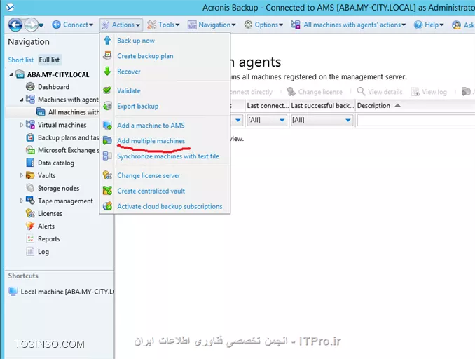 بعد از نصب و راه اندازی Acronis backup advanced و تعین جائی برای ذخیر سازی اطلاعات قدم بعدی Deploy کردن Agent بر روی Client/Serverها می باشد.
! قبل از شروع چند نکته را بخاطر بسپارید :
--
* گاهی وقتا UAC باعث عدم نصب Componentها از راه دور می شود. برای غلبه بر این مشکل بصورت موقت UAC را غیرفعال کنید.
* برای نصب Acronis Agent بر روی remote computer باید پورت 445 و 9876 و 25001  بر روی Firewall باز باشد. با فعال کردن  File and Printer Sharing پورت 445 بصورت اتومات بر روی Firewall باز می شود.
* قابلیت Use simple file sharing باید بر روی Windows XP and Windows server 2003 غیرفعال باشد.
* می توانید با استفاده از Group Policy پورت 25001 را بر روی همه firewallهای Client/Serverها بصورت exceptions باز کنید. از مسیر زیر استفاده کنید:
<ltr>
Administrative Templates -> Network -> Network Connections -> Windows Firewall -> Domain Profile -> Windows Firewall: Define inbound port exceptions
<ltr>
و پارامتر آن را بصورت زیر اضاف کنید:
<c#>
25001:tcp:*:enabled:Acronis remote install
9876:tcp:*:enabled:Acronis remote install
<c#>
||http://tosinso.com/files/get/9395539a-18ce-451e-8d6e-95f968a3ede9||
بعد از آماده سازی مراحل اولیه می توانید دست بکار شوید
بوسیله Console Management به Management Server وصل شوید و از منوی :
||http://tosinso.com/files/get/d83b2fd8-f3ae-4be7-8eb2-774ec24d817e||
گذینه بالا را انتخاب کنید
||http://tosinso.com/files/get/159ea00e-21ea-4fcb-9a4f-b8f0d6eda9d0||
گذینه های آن آسان می باشد و نیازی به تعریف نیست. طبق معمول من گذینه From Active Directory را کلیک و کامپیوترهای که می خواهم را اضافه می کنم.
||http://tosinso.com/files/get/83e053ce-9e54-49a7-b09e-c395f1d8e8fa||
نکته : برای اضافه کردن این دو باید اکانتی را انتخاب کنید که مجوز مدیریتی بر روی کامپیوترهای بالا را داشته باشد.
||http://tosinso.com/files/get/2793a366-9698-4469-a0a6-90da135a3b3a||
اینجا میگه چه Componentی می خواهید بر روی این کامپیوترها نصب کنید؟؟؟ که ما فقطagent for Windows  را انتخاب و Next
||http://tosinso.com/files/get/62d1e975-7361-4d69-8da7-1376c99537d1||
اینجا میگه باید یک License Server معرفی کنید. من همه این Componentها را بصورت آزمایشی نصب می کنم.
||http://tosinso.com/files/get/de768cbb-750e-48a1-955a-97b4640c7723||
همان بحث تکراری Machine account service می باشد که من یک User از پیش تعریف شده برای اینکار در نظر گرفتم. 
Next, next and Proceed
بعد از اتمام نصب باید کامپیوترها را به Management Server اضاف کنید (قائدتا بعد از نصب باید بصورت اتومات به سرور add بشن ولی این برنامه اینطوریه)
از منوی 
||http://tosinso.com/files/get/92696a1c-a71f-4625-b9da-45645f99157f||
را انتخاب و کامپیوترهای قبلی را دوباره انتخاب 
||http://tosinso.com/files/get/cc13c372-5966-4e98-8402-08380552ee2e||
||http://tosinso.com/files/get/e3a68b06-01a9-4f67-908c-132af5d04af6||
در انتهای این آموزش به این نکته هم اشاره کنم. وقتی شما قابلیت  Management Web-baseرا بر روی Management Server نصب و کانفیگ کرده باشید می توانید از هر جای شبکه با وارد کردن ادرس Management Server و پورت آن به Management Web-base وصل و Component مناسب را بر روی آن Client/Server نصب کنید:
||http://tosinso.com/files/get/e18940a6-08e6-4761-b6aa-97fbf1d0145e||
--
موفق و پیروز باشید 

نویسنده: احمد جهلولی 
منبع: |جزیره راهکارهای ذخیره سازی اطلاعات وب سایت توسینسو ::https://tosinso.com/virtualization|
نشر و کپی برداری، صرفاً با ذکر نام نویسنده و منبع مجاز می باشد. 
