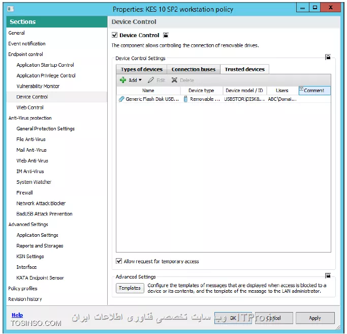!! اجازه نوشتن روی USB flash برای کاربران دومین 
در این آزمایش تنظیمات  Device Control را برای Kaspersky Endpoint Security policy طوری تنظیم می کنیم که کاربران دومین بتوانند تحت Domain users group قابلیت نوشتن روی فلش مموری ها را داشته باشند 

- Security-Center

1- وارد پراپرتیس KES 10 SP2 workstation policy شوید 

2- وارد منو Device Control شوید 

3- حالا روی Removable drives و روی Logging کلیک کنید 

||https://tosinso.com/files/get/4d2aa176-83a9-4e12-a939-35f3c7b1a038||

4- روی Select کلیک و در گروه Everyone روی OK کلیک کنید 

||https://tosinso.com/files/get/34d8a032-0fcb-4c91-8b12-421841a7f028||

5- روی تب Trusted devices سوییچ کنید 

6- روی Add کلیک کنید 

7- روی لیست گزینه Devices by ID انتخاب شود 

8- در Computer name و بنویسید PC1 و روی Refresh کلیک کنید 

9- روی خودتان USB drive  کلیک کنید 

||https://tosinso.com/files/get/b6874ae2-cfc0-4a12-955e-d384702b2abb||

10- کلیک Select و بر روی Domain Users مدنظرتان کلیک کنید و OK را بزنید 

||https://tosinso.com/files/get/16e2fc06-c986-4e5b-b22b-b1dc5de6ab67||

11- بر روی Advanced Settings\Reports and Storages کلیک کنید 

||https://tosinso.com/files/get/9290ea0d-d3a7-4380-a6c1-b70837f14c16||

12- در Notifications روی Settings کلیک کنید 

||https://tosinso.com/files/get/6733bbf7-0a10-4893-bd78-040833060941||

13- بر روی Device Control کلیک کنید 

||https://tosinso.com/files/get/73fd6ae7-d95d-461b-a16c-2dcb1d385122||

14- انتخاب کنید Save in local log و بخش رخدادی File operation performed رفته و روی OK کلیک کنید 

||https://tosinso.com/files/get/0855fe96-a856-4f70-afb4-6b95ee272b08||

15- پالیسی را OK کنید و صبر کنید تا پالیسی اعمال شود 

16 حالا فایلی را داخل فلش مموری در کپی کنید ( PC1 ) اینجا فایلی را به نام invoice.txt را قرار دادیم 

17- مطمئن شوید که Kaspersky Endpoint Security اجاره نوشتن را داده است 

18- انتخاب کنید Administration Server و داخل تب Reports شوید 

19- انتخاب کنید Report on file operations on removable drives

20- داخل گزارشات روی Show report کلیک کنید 

||https://tosinso.com/files/get/5e2e7578-7d37-40b1-9278-63d5df9ed0df||

21- شکل نهایی گزارش به صورت زیر باید باشد 

||https://tosinso.com/files/get/2cbc4314-18c5-49e3-94f7-6b73a106998e||

نویسنده : سید احمد توسلی
منبع : |جزیره امنیت اطلاعات و ارتباطات وب سایت توسینسو::https://tosinso.com/security|
هرگونه نشر و کپی برداری بدون ذکر منبع و نام نویسنده دارای اشکال اخلاقی است