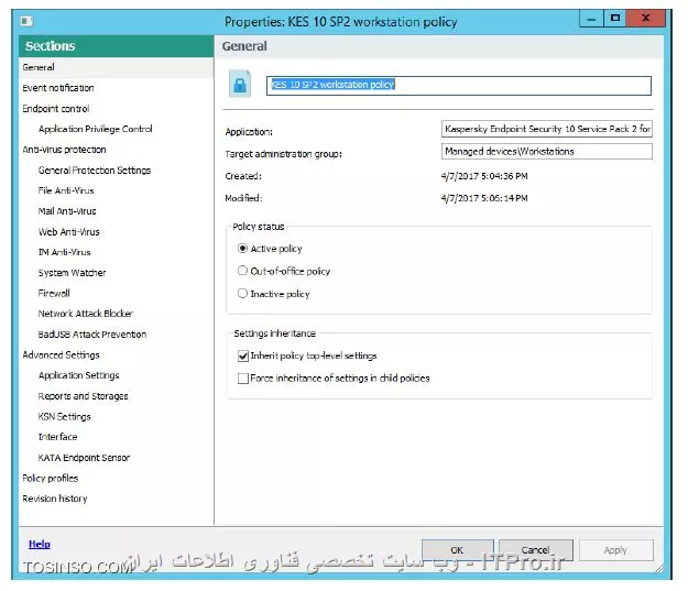 !! تنظیمات Exlusion ( نادیده گرفتن ) برای یک فولدر 
در این ازمایشگاه می خواهیم یک فولدر را طوری در کسپراسکی تنظیم کنیم که به صورت استثنا تعریف شود این فولدر را در مسیر و با نام C:\Build folder روی Workstations بسازید :

* ماشین های DC و Security-Center را روشن کنید 

* با نام کاربری abc\Administrator و پسورد Ka5per5Ky وارد ماشین ها شوید 

* حالا PC1 را روشن کنید 

* با نام کاربری abc\Alex و پسورد Ka5per5Ky وارد شوید 

* ابتدا در اولین مرحله policy بر بروی کسپراسکی سرور می سازیم 

1- حالا از Administration Console شروع می کنیم 

2- بروید به Managed devices گروه 

3- سوییچ کنید بر روی تب Policies 

4- حالا چک کنید که Kaspersky Endpoint Security 10 service pack 2 for windows پالیسی بر روی حالت Active policy باشد 

||کسپرسکی سرور ::https://tosinso.com/files/get/86f03714-a2a5-4f63-93a2-d7c08cfb042a||

5- کپی کنید Kaspersky Endpoint Security policy با کلیک کردن بر روی عبارت Copy تا یک شورت کات از ان ساخته شود 

||کسپراسکی سرور 10 ::https://tosinso.com/files/get/fa775d35-3700-4b1d-9f1e-05a9964e6d57||

6- این پالیسی را بر روی Servers در تب Policies کپی کنید 

||ازمایشگاه کسپراسکی سرور   ::https://tosinso.com/files/get/9f14c3c7-777e-4028-affc-5e7017c44a99||

7- حالا بر روی Properties پالیسی که ساخته شده است کلیک کنید 

||https://tosinso.com/files/get/e85cc968-4243-4316-950c-3c24b124c998||

8- تغییر نام دهید KES 10 SP2 server policy در بخش پالیسی 

9- حالا پالیسی را فعال کنید بر روی آن وضعیت Active policy را OK کنید 

||https://tosinso.com/files/get/2f05639d-34ee-4ea8-a0f0-84c34f225842||

10 - حالا پالیسی Kaspersky Endpoint Security policy را در گروه Managed devices کپی و مراحل 2-3-5 را تکرار کنید 

11- باز کردن Workstations و رفتن به تب Policies

12- پیست کردن پالیسی ( راست کلیک کنید و Paste را بزنید )

13- حالا پالیسی را برای workstation به KES 10 SP2 تغییر نام دهید 

||https://tosinso.com/files/get/418f7661-c607-4c6b-88b4-67afa57deb72||

14- پالیسی Active policy و OK کنید 

||کسپراسکی سرور 10 ازمایشگاه ::https://tosinso.com/files/get/8e43910e-ab44-46d0-aee1-c2bbbdef8c85||

15- حالا فولدری که به نام C:\Build در مسیر درایو C ساختیم را می خواهیم برای اسثنا قرار دادن معرفی کنیم 

16- داخل Workstations شده و از تب پالیسی بر روی KES 10 SP2 workstation policy را راست کلیک و properties را بزنید 

17- و روی عبارت General Protection Settings کلیک کنید 

||https://tosinso.com/files/get/92ddb3e7-1b4b-4e7a-9160-1668293852df||

18- برای مشاهده لیست Exclusion کلیک روی Settings و زدن دکمه Scan exclusions and trusted zone وارد این بخش می شویم 

||https://tosinso.com/files/get/d9280f17-5d26-4a63-8d68-83c3f408ed39||

19- دکمه Add را بزنید 

||کسپراسکی سرور ازمایشگاه 10 ::https://tosinso.com/files/get/c71f4870-62d8-4577-ba79-a6f4dacc2238||

20- انتخاب File or folder برای انتخاب مسیری که می خواهیم Exlude شود 

||https://tosinso.com/files/get/f186a74e-2835-4f79-a72e-755891c42bef||

21- فولدر را با استفاده از لینک File and Folder انتخاب کنید 

||ازمایشگاه کسپراسکی لب 10 ::https://tosinso.com/files/get/c0620cbf-16a0-492d-b17b-a1e1b2d501dd||

22- حالا فولدری که در مسیر C:\build\ ساخته شده انتخاب و OK کنید ( حتماً در آخر مسیر بک اسلش \ زده شود )

||آزمایشگاه کسپرسکی سرور 10 ده ::https://tosinso.com/files/get/7d939f76-9432-40d9-9704-6a3ad73e1ac3||

23- حالا برای ذخیره سازی OK کنید 

نویسنده : سید احمد توسلی
منبع : |جزیره امنیت اطلاعات و ارتباطات وب سایت توسینسو::https://tosinso.com/security|
هرگونه نشر و کپی برداری بدون ذکر منبع و نام نویسنده دارای اشکال اخلاقی است
