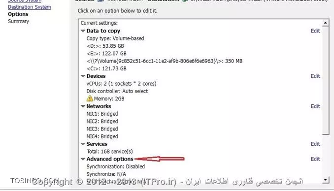 !!!Error: A specified parameter was not correct. spec.synchronizeImmediately*

UAC را روی سیتمی که VMware vcenter convertor  قرار دارد غیر فعال کنید,سپس VMware vcenter convertor را به صورت run as administrator اجرا کنید و در قسمت option به advanced برید و بعد به تب post-conversion و اینجا تیک *Remove System Restore checkpoints on destination* را بردارید.
||http://www.tosinso.com/files/get/932eeac8-7137-4d8b-8895-0da5ab08755e||
||http://www.tosinso.com/files/get/b81f6dd1-3f87-4fd6-82d0-3b247aeb0e0c||
نتیجه رو یادتون نره بگین که مشکل حل شد یا نه!!!!