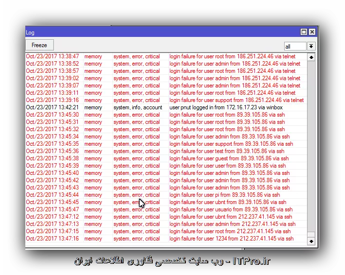||https://network.tosinso.com/files/get/93480eb4-e2d5-4ac7-a78f-cb6ce42efc35||
مهندس این لاگ ها چیه ؟
راستی ای پی ها رو به 192.168.0.0 تغییر دادم دیگه نمیتونم به میکروتیک هم لاگین بشم 

