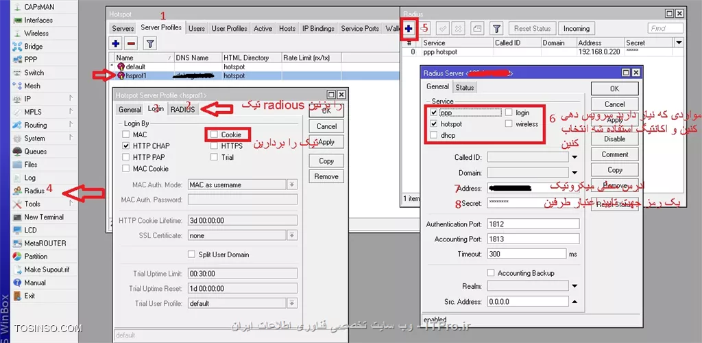 باسلام
از روی سروری که vmware روی اون نصب هست webfig رو دسترسی دارین؟

برای دسترسی به صفحه usermanager  و وارد شدن به بحث اکانتینک باید تنظیماتی انجام دهید.
1- در بخش hotspot روی تب سرور رفته و تیک گزینه  radious رو بزنین. همچنین در تب login  تیک گزینه cookie  رو بردارین
2- از گزینه های سمت چپ radious  رو انتخاب کنین و + رو بزنین و یک سرور تعریف کنین.
3- در مرور گر برای ورود به بخش usermanager  آدرس مانند زیر رو بزنین.
ip mikrotik/userman
4- بعد از وارد شدن  گزینه router را انتحاب و add رازده و تنظیمات مانند سمت میکروتیک را وارد مینمایید.
تصاویر زیر 
<center>
||http://network.tosinso.com/files/get/9353b589-6577-40fd-bbe6-acc40e257b4c||
||http://network.tosinso.com/files/get/cb3f57c8-96e0-41cf-b306-b37054b18bb6||
<center>